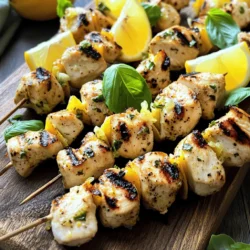 - 1 lb (450g) boneless chicken breasts, cut into 1-inch cubes - 1/4 cup fresh basil leaves, chopped - 2 tablespoons lemon zest (from about 2 lemons) - 1/4 cup fresh lemon juice (about 1-2 lemons) - 3 cloves garlic, minced - 2 tablespoons olive oil - 1 tablespoon honey - Salt and black pepper, to taste - Bamboo or metal skewers (if using bamboo, soak in water for 30 minutes) You can switch up the herbs based on your taste. Try using thyme or oregano if you like. For the chicken, chicken thighs work great too. They are juicy and add flavor. If you want a vegan option, use firm tofu or tempeh. Just cut them into cubes and marinate them the same way. This keeps the yummy lemon and basil taste while making it plant-based. For a lighter dish, you can add veggies to the skewers. Bell peppers, onions, or zucchini are great choices. They cook well and soak up the marinade too. This will not only add color to your dish but also boost the nutrition. If you want more details on the full recipe, you can check the Full Recipe. You start by mixing fresh basil leaves, lemon zest, lemon juice, minced garlic, and olive oil in a bowl. This mix creates a bright and zesty marinade. The basil adds a fresh, herbal taste, while the lemon gives it a nice tang. The garlic brings depth, and the olive oil helps everything blend well. Marinating the chicken is key. It lets the flavors soak in deeply. You should let the chicken sit in the marinade for at least 30 minutes. If you have more time, go for 2 hours. This will make your chicken even tastier. Next, it's time to thread the chicken onto skewers. Take the marinated chicken cubes and slide them onto the skewers. Make sure to leave a bit of space between each piece. This space helps the chicken cook evenly and get those nice grill marks. If you use bamboo skewers, soak them in water for 30 minutes before grilling. This prevents them from burning on the grill. Now, preheat your grill to medium-high heat. This step is important for getting that perfect char. If you're using a grill, lightly oil the grates to stop the chicken from sticking. Cook the skewers for about 10-12 minutes. Turn them often so they cook evenly. You want the chicken to reach an internal temperature of 165°F (75°C). This is the safe mark for cooked chicken. Once done, let the skewers rest for a few minutes before serving. You can find the full recipe in the recipe section. Enjoy your delicious lemon basil chicken skewers! For the best taste, marinate the chicken for at least 30 minutes. If you have time, let it soak for up to 2 hours. This gives the chicken a strong lemon and basil flavor. When mixing flavors, balance sweetness and acidity. The honey adds sweetness. The lemon juice adds acidity. Adjust the honey to your taste. Too much sweetness can mask the fresh lemon and basil. To prevent sticking on the grill, oil the grates lightly. Use a paper towel soaked in oil. This simple step keeps your chicken skewers from tearing apart. Check the chicken's doneness by using a meat thermometer. It should reach 165°F or 75°C. If you don’t have a thermometer, cut into a piece. The meat should be white and juices should run clear. Serve your lemon basil chicken skewers with fresh sides. A light salad pairs well. You can also serve rice or grilled vegetables. For a great presentation, arrange the skewers on a platter. Add lemon slices and fresh basil around them. This makes a colorful and inviting dish. For the full recipe, check the section above! {{image_2}} To elevate your lemon basil chicken skewers, try using different herbs or spices. For instance, you can mix in thyme or parsley. A pinch of red pepper flakes adds a nice kick. You can also experiment with citrus. Orange zest or lime juice can change the flavor profile. Adding vegetables on your skewers makes them even better. Bell peppers, onions, and cherry tomatoes pair well with chicken. These veggies add color and taste. They also help balance the meal. You can cook lemon basil chicken skewers in a few ways. If you prefer, try oven-baking them. Preheat your oven to 400°F (200°C). Place the skewers on a baking sheet lined with parchment. Bake for about 15-20 minutes. Flip them halfway for even cooking. If you want a quick option, use an air fryer. Set it to 375°F (190°C). Cook the skewers for about 10-12 minutes. Check them halfway through. This method gives you tender chicken and a nice char. For those with dietary needs, there are easy swaps. To make the skewers gluten-free, just check your marinade. Most ingredients are already safe. You can use coconut aminos instead of soy sauce if needed. If you follow a keto diet, skip the honey or use a low-carb sweetener. This keeps the skewers delicious without extra carbs. For vegetarians, replace chicken with tofu or mushrooms. Firm tofu absorbs flavors well. Marinate and grill just like the chicken. You’ll have a tasty option for everyone. For the full recipe, check the details mentioned earlier. To keep your lemon basil chicken skewers fresh, store them in an airtight container. This helps lock in flavor and moisture. Place them in the fridge right after they cool down. They will last for up to three days. Always check for any signs of spoilage before eating. If you want to save skewers for later, freezing is a great option. Wrap the skewers tightly in plastic wrap, then place them in a freezer bag. Squeeze out as much air as possible. To thaw, move them to the fridge for a few hours or overnight. When reheating, bake them in the oven at 350°F for about 15 minutes. This keeps the chicken juicy and flavorful. Leftover chicken skewers are super versatile. You can slice them up and toss them into salads for a quick meal. They also work well in wraps or sandwiches. For a fun twist, chop them and add them to pasta dishes or grain bowls. You can even use them in stir-fries for extra flavor. The possibilities are endless! For the full recipe, check back to the beginning. To ensure your chicken is safe, check its internal temperature. The chicken should reach 165°F (75°C). Use a meat thermometer for accuracy. Insert it into the thickest part of the chicken. If it reads 165°F, your chicken is safe to eat. If not, cook it a bit longer. Always trust the thermometer over time estimates. Yes, you can prepare these skewers in advance. Marinate the chicken for great flavor. You can marinate it for 30 minutes up to 2 hours. Store the marinated chicken in the fridge. If you plan to cook later, cover it well. This keeps the chicken fresh. Lemon basil chicken skewers go well with many dishes. Here are some great options: - Rice or Quinoa: These grains soak up flavors well. - Grilled Vegetables: Bell peppers, zucchini, and onions add color and taste. - Salads: A fresh salad with greens balances the meal. - Dips: Try tzatziki or hummus for added flavor. For drinks, consider a light white wine or lemonade. These drinks complement the lemon flavor. You can find the Full Recipe to explore more serving ideas. This post covered tasty lemon basil chicken skewers. You learned about key ingredients, cooking methods, and variations for different diets. Marinating chicken boosts flavor, while grilling tips ensure perfect doneness. Plus, we shared ways to store leftovers and ideas to use them later. Try these skewers for any meal. They are easy to make and full of flavor. Enjoy the fun of grilling and let your taste buds savor every bite.