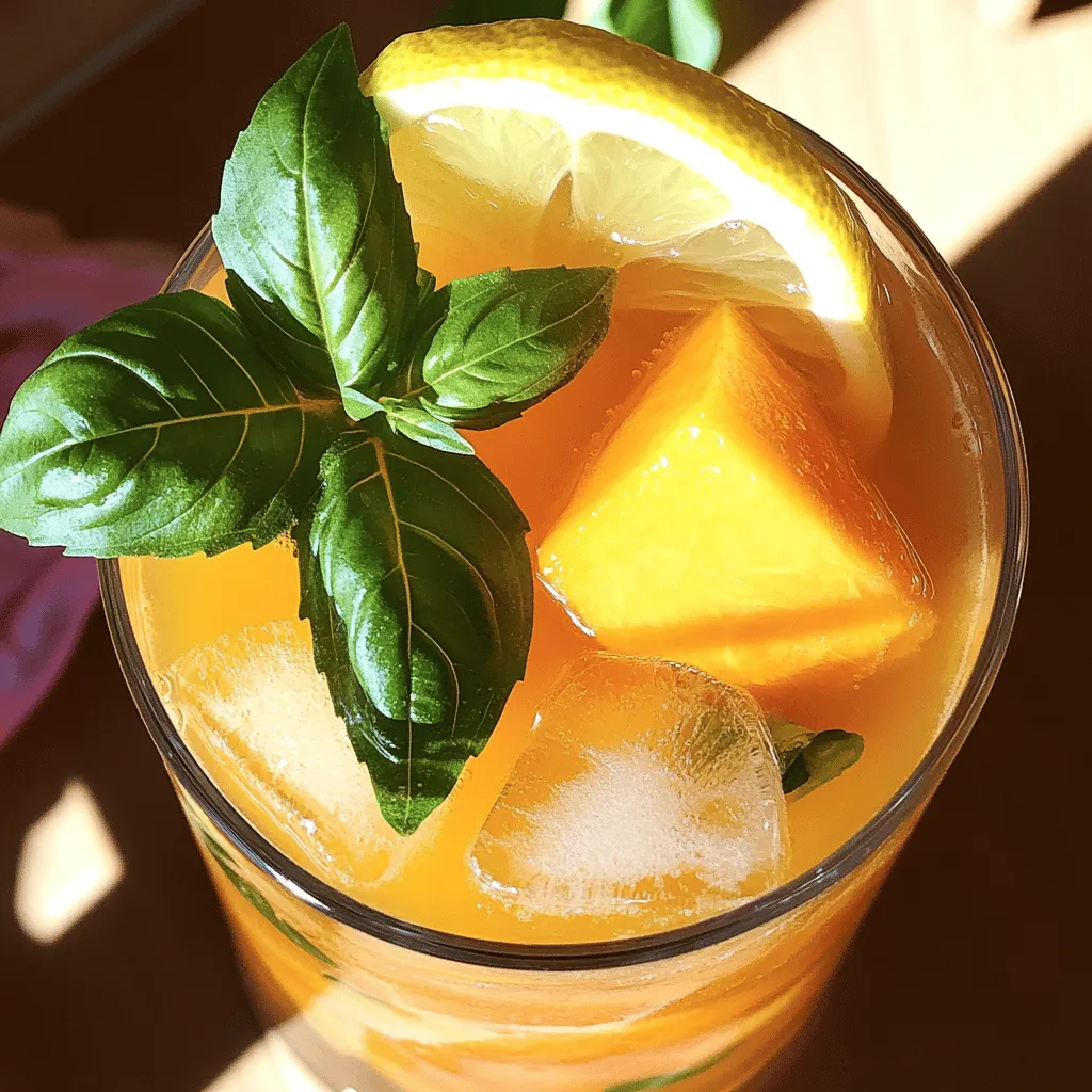 - 4 cups water - 2 tablespoons loose green tea or 4 green tea bags - 2 ripe peaches, pitted and sliced - 1/4 cup fresh basil leaves - 1/4 cup honey or agave syrup - Ice cubes - Lemon slices for serving Selecting ripe peaches: Choose peaches that are firm but slightly soft. Check for a sweet scent. Look for a golden hue. Avoid green or overly hard peaches. Choosing fresh basil: Select basil with bright, green leaves. Avoid any wilted or brown spots. Fresh basil adds a strong flavor. Benefits of using honey vs. agave syrup: Honey offers a rich taste and pairs well with peaches. Agave syrup is milder and vegan-friendly. Both sweeteners dissolve well in tea. Adjust based on your taste preference. For the full recipe, check the instructions in the article. 1. Boiling the water and steeping the tea Start by boiling 4 cups of water in a saucepan. Once it reaches a rolling boil, take it off the heat. Add 2 tablespoons of loose green tea or 4 green tea bags to the hot water. Let it steep for 5 minutes. This step helps to bring out the full flavor of the tea. 2. Blending the peach and basil mixture While your tea is steeping, grab a blender. Add 2 ripe peaches, pitted and sliced, along with 1/4 cup of fresh basil leaves and 1/4 cup of honey or agave syrup. Blend until the mixture is smooth. This step combines sweet and herbal flavors. 3. Straining the tea and combining ingredients After steeping, strain the tea into a pitcher. Discard the tea leaves or remove the tea bags. Now, stir in the peach and basil puree until well combined. Taste and adjust the sweetness with more honey or syrup if needed. 1. Cooling the mixture and refrigeration time Allow the tea mixture to cool to room temperature. Once cooled, refrigerate it for about 1-2 hours. This chilling time enhances the flavors and makes it refreshing. 2. How to serve the iced tea properly To serve, fill glasses with ice cubes. Pour the chilled peach basil iced tea over the ice. This keeps your drink cool and refreshing. 3. Garnishing tips for a beautiful presentation For a lovely touch, garnish each glass with extra basil leaves and a lemon slice. This adds color and a lovely aroma to your drink. Enjoy making this Peach Basil Iced Tea. For more details, check out the Full Recipe. To get the best flavor from your Peach Basil Iced Tea, adjust the sweetness to your taste. Start with 1/4 cup of honey or agave syrup. If it’s not sweet enough, add more bit by bit. Remember, you can always add, but you can’t take away! Next, steeping green tea properly is key. Use water that is just off the boil. Let the tea steep for about 5 minutes. This time is perfect for a strong flavor without bitterness. Finding the right flavor balance is crucial. The sweetness of the peaches and the earthiness of the basil should complement each other. Taste the mixture before chilling. If it feels off, tweak it until it sings! A good blender makes a big difference for smooth purees. I recommend using a high-speed blender. It will easily blend the peaches and basil into a silky mix. For steeping and serving, choose a glass pitcher. It lets you see the pretty colors of the tea and looks nice on the table. Ice cubes can make your drink feel fancy. Use large ice cubes to keep your tea cold longer without watering it down. You can also freeze some peach puree in small cubes for a fun twist! {{image_2}} You can change the flavor of your Peach Basil Iced Tea in fun ways. Try adding other fruits to the mix. Strawberries add a sweet twist. Watermelon gives a refreshing taste. Blend these fruits with peach for a new drink. You can also swap green tea for herbal teas. Chamomile or hibiscus can create unique flavors. Each tea brings its own notes to the drink. Experiment to find your favorite. Adding more herbs can make your tea special. Mint adds a cool touch. Lavender gives a floral hint. Just a little can change the whole drink. Pair your iced tea with light foods. Pastries like scones go great with it. Light salads also match nicely. The tea can balance the flavors of your meal. Get creative with your drink garnishes. A sprig of basil looks nice on top. A slice of peach adds color. You can even add colorful straws for fun. For a twist, serve iced tea cocktails. Mix peach basil tea with gin or vodka. This adds a party touch to your drink. It's perfect for summer gatherings. To keep your peach basil iced tea fresh, use a glass pitcher. This helps avoid strange tastes. Make sure the pitcher has a tight lid to seal in flavors. You can store it in the fridge for up to five days. If you see any changes in smell or taste, it's best to toss it. Freezing is a fun way to enjoy your iced tea later. Pour leftover tea into ice cube trays. This keeps the tea cold without watering it down. You can also make peach basil popsicles by mixing the tea with some fruit puree. Just pour the mixture into molds and freeze. If you have extra peach puree, use it in smoothies or yogurt. It adds a sweet touch to many dishes. How to make peach basil iced tea stronger in flavor? To boost the flavor, increase the steeping time. Let the tea steep for 7 to 10 minutes instead of just 5. You can also add more peaches or basil to the blend. This will enhance the taste and aroma. Can I use dried basil instead of fresh? Yes, you can use dried basil. However, fresh basil gives a brighter flavor. Use about one teaspoon of dried basil for every tablespoon of fresh. Remember, dried herbs are stronger, so adjust to taste. Is peach basil iced tea good for health? Peach basil iced tea offers many health benefits. Peaches are rich in vitamins A and C. Basil has anti-inflammatory properties. Green tea contains antioxidants. This drink is refreshing and good for you! How long does it take to brew iced tea? Brewing iced tea takes about 5 to 10 minutes. After steeping, cool it down for about 1 to 2 hours in the fridge. This gives you a nice, cold drink. Can I make this tea without sugar or sweetener? Absolutely! You can skip sugar or sweeteners. The natural sweetness from the peaches helps. You can also use a ripe peach for a sweeter taste. What other recipes can I make with peaches? Peaches are versatile! You can make peach smoothies, peach salsa, or peach jam. You can also add them to salads or bake them in desserts. They add flavor and freshness to many dishes! Peach basil iced tea is a refreshing treat made with simple, quality ingredients. We covered everything from essential ingredients like ripe peaches and fresh basil to step-by-step preparation so you can enjoy a perfect glass. Remember to adjust sweetness and explore flavor variations. With these tips, you can make this drink your own. Store leftovers properly for later enjoyment. Now, go ahead and sip this delightful drink with friends or family!