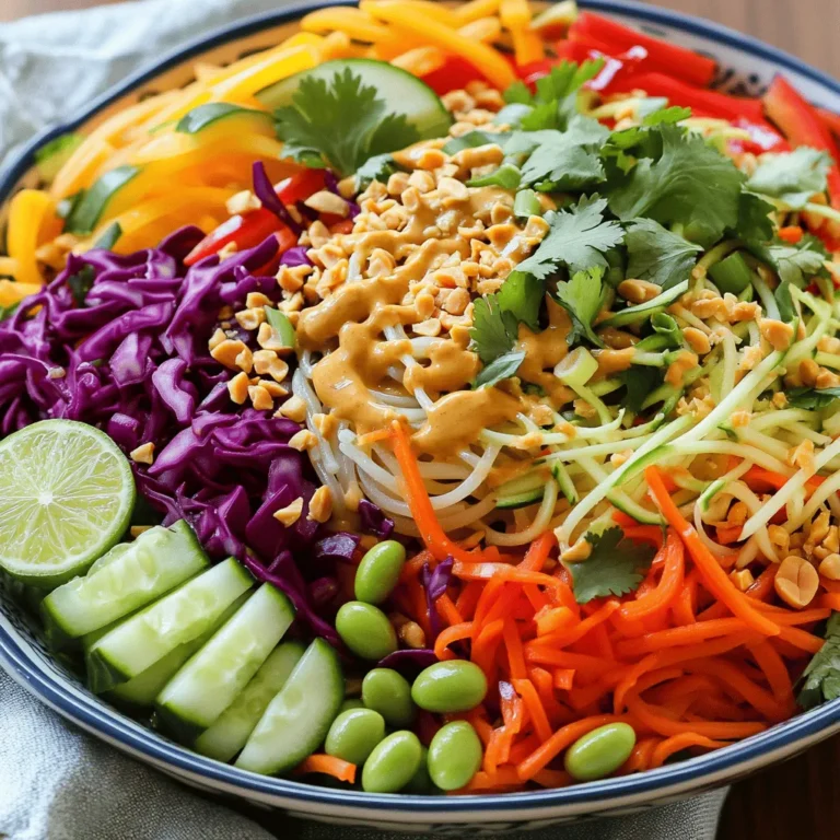 To make a Thai Peanut Noodle Salad, gather these fresh and colorful ingredients: - 8 oz rice noodles - 1 cup shredded carrots - 1 cup bell peppers, thinly sliced (preferably red and yellow) - ½ cup red cabbage, shredded - ½ cup cucumber, julienned - 1 cup edamame, shelled - ¼ cup green onions, sliced - ¼ cup fresh cilantro, chopped - ¼ cup creamy peanut butter - 3 tablespoons soy sauce - 2 tablespoons lime juice - 1 tablespoon maple syrup - 1 tablespoon sesame oil - 1 teaspoon sriracha (adjust based on heat preference) - Crushed peanuts for garnish Each ingredient plays a role in the dish. The rice noodles form the base, while the veggies add crunch and color. The creamy peanut butter brings richness, and the lime juice gives a fresh zing. This balance of flavors and textures makes the salad a treat. For the full recipe, you can check the section above. Enjoy making this vibrant dish! First, bring a large pot of water to a boil. Add 8 oz of rice noodles. Cook them based on the package instructions, usually around 4 to 6 minutes. Once they are done, drain them and rinse under cold water. This stops the cooking and keeps them from becoming mushy. Next, grab a large mixing bowl. Combine the following vegetables: - 1 cup shredded carrots - 1 cup thinly sliced bell peppers (red and yellow are best) - ½ cup shredded red cabbage - ½ cup julienned cucumber - 1 cup shelled edamame - ¼ cup sliced green onions - ¼ cup chopped fresh cilantro Make sure to cut and prep each ingredient so they mix well. Now, let’s make the peanut dressing. In a separate bowl, whisk together: - ¼ cup creamy peanut butter - 3 tablespoons soy sauce - 2 tablespoons lime juice - 1 tablespoon maple syrup - 1 tablespoon sesame oil - 1 teaspoon sriracha (add more for heat) Whisk until smooth and creamy. If the dressing is too thick, add a bit of warm water until it’s just right. Finally, it’s time to combine everything. Add the cooled noodles to the bowl with the vegetables. Pour the peanut dressing over the top. Toss everything together until the noodles and veggies are well-coated. Serve the salad in bowls. You can garnish with crushed peanuts for extra crunch. Enjoy your Thai Peanut Noodle Salad! For the full recipe, check out the complete instructions above. To keep your noodles from sticking, rinse them well after cooking. Use cold water to stop the cooking process. This quick rinse helps separate them and keeps them nice and firm. When chopping your veggies, aim for uniform sizes. This makes your salad look great and ensures each bite is balanced. Use a sharp knife for clean cuts. Try to slice carrots and bell peppers into thin strips to match the shape of the noodles. For a bright garnish, use crushed peanuts and fresh cilantro. These add crunch and a fresh taste. A lime wedge on the side gives a nice pop of color and flavor too. To make your salad stand out, serve it in a large, colorful bowl. Layer the veggies and noodles for a fun visual effect. You can also drizzle some of the dressing on top before serving for extra flavor. If you're out of peanut butter, try using almond butter or sunflower seed butter. Both offer a tasty twist. For soy sauce, you can use tamari for a gluten-free option. If you want a lighter dressing, mix some yogurt with lime juice and a bit of honey. This keeps the salad creamy while cutting down on calories. {{image_2}} You can boost the protein in your Thai Peanut Noodle Salad in fun ways. Grilled chicken adds a smoky flavor. Simply slice it thin and toss it in. Shrimp is another tasty option. Cook it until pink and mix it into the salad. If you prefer a plant-based choice, try tofu. Press and cube it, then pan-fry until golden. Each protein option offers a different taste to enjoy. Feel free to swap out vegetables based on what you have. Snap peas can replace cucumber for a crunchier bite. Broccoli or zucchini can add a fresh twist. If you love spice, add thinly sliced jalapeños. For a seasonal touch, consider using asparagus in spring. The key is to mix colors and textures for a vibrant dish. Making this salad gluten-free is simple. Just choose gluten-free soy sauce or tamari. For a vegetarian version, ensure your peanut butter is animal-free. You can also skip the shrimp and stick to veggies and tofu. This keeps the meal light and flavorful while meeting your dietary needs. Enjoy customizing it to fit your lifestyle! For the complete recipe, check out the Full Recipe. To keep your Thai Peanut Noodle Salad fresh, place it in an airtight container. Make sure to cool it to room temperature first. Refrigerate the salad for up to three days. If you leave the salad for too long, the noodles can get soggy. Keep the dressing separate if you plan to store leftovers. This helps maintain the crispness of the veggies. If you want to store the salad for a longer time, consider freezing the components. The rice noodles and veggies can freeze well. However, I recommend freezing them separately from the dressing. This way, when you thaw them, you avoid mushy noodles. To freeze the noodles, place them in a freezer bag. Squeeze out as much air as possible before sealing. For veggies, you can blanch them briefly before freezing to retain color and taste. When you’re ready to enjoy your salad again, you can reheat the noodles gently. Use the microwave or a pan on low heat. Add a splash of water to the pan to keep them moist. Stir often to avoid sticking. Do not reheat the veggies. They taste best when cold and fresh. Toss everything together with the dressing once warmed. This way, you keep the flavors bright and delicious. For the full recipe, visit the link provided. The salad stays fresh in the fridge for about 3 days. To keep it tasty, store it in an airtight container. This helps prevent it from drying out. Keep the dressing separate if you want it to last even longer. Adding the dressing right before serving keeps the veggies crisp. Yes, you can make the dressing a day before. Just mix all the dressing ingredients and store it in a jar. Keep it in the fridge until you need it. If the dressing thickens, add a bit of warm water to thin it out before use. This salad pairs well with grilled chicken or shrimp. You can also serve it with spring rolls or a light soup. For a more filling meal, add some crispy tofu. These options complement the salad's flavors well. Absolutely! You can swap rice noodles for whole wheat or udon noodles. If you're using other noodles, cook them as directed on the package. Adjust the cooking time to get the best texture. Just make sure they fit well with the salad's fresh vibe. This blog post outlined how to make a delicious Thai Peanut Noodle Salad. We covered the key ingredients and simple steps to prepare it. You learned about useful tips and variations to suit your taste and dietary needs. In conclusion, this recipe is fun and versatile. You can easily customize it to fit what you have on hand. Enjoy making and sharing this colorful dish with friends or family. It’s a tasty way to eat healthy!