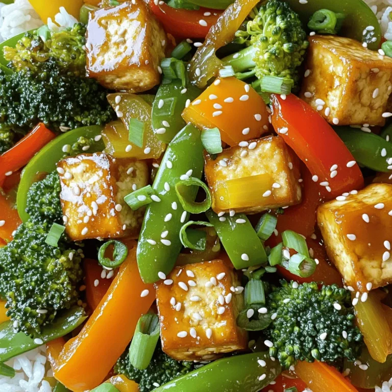 For this dish, you'll need some key items that make it delicious. Gather these: - 1 block (14 oz) firm tofu, pressed and cubed - 3 tablespoons cornstarch - 3 tablespoons vegetable oil, divided - 1 bell pepper (red or yellow), sliced - 1 cup broccoli florets - 1 cup snap peas - 2 cloves garlic, minced - 1-inch piece of ginger, grated These fresh ingredients provide the base for a tasty meal. The tofu gives protein, while the veggies add color and crunch. Seasoning brings your stir-fry to life. Use these essential sauces: - 2 tablespoons soy sauce - 1 tablespoon sesame oil - 1 tablespoon rice vinegar - 1 tablespoon honey or maple syrup (for a vegan option) - Salt and pepper to taste These flavors blend well, making the dish savory and sweet. The soy sauce adds umami, while the honey brings a hint of sweetness. Garnishes can elevate your meal's look and taste. Consider these: - Sesame seeds, for garnish - Chopped green onions, for garnish Feel free to swap some veggies based on what you have. Carrots and zucchini work well too. Don't hesitate to get creative with your mix! For the full recipe, check out the detailed steps later. To get crispy tofu, start by pressing it. Wrap the block of tofu in a clean kitchen towel. Place a heavy object on top. Let it sit for about 30 minutes. This removes extra moisture. After pressing, cut the tofu into 1-inch cubes. Next, toss the tofu with cornstarch. Use a medium bowl for this. Coat the cubes evenly. This step is key for crispiness when cooking. Heat 2 tablespoons of vegetable oil in a large non-stick skillet or wok. Set the heat to medium-high. Once the oil is hot, add the coated tofu cubes in a single layer. Fry until they turn golden and crunchy, about 8-10 minutes. After cooking, remove the tofu from the pan and set it aside. In the same skillet, add the remaining tablespoon of oil. Now, add the sliced bell pepper, broccoli florets, and snap peas. Stir them often. Sauté for 4-5 minutes until they are tender but still crisp. Next, add the minced garlic and grated ginger. Cook for 1 more minute until they smell great. Return the crispy tofu to the skillet. Pour in soy sauce, sesame oil, rice vinegar, and honey or maple syrup. Toss everything together. Cook for another 2-3 minutes to heat it all through. Remove from heat and transfer the stir-fry to a serving dish. For a great look, garnish with sesame seeds and chopped green onions. Serve over steamed jasmine rice or quinoa for a complete meal. Enjoy this tasty dish! Check the Full Recipe for more details! To get that perfect crispy tofu, start with pressing it. This removes water and helps it fry better. After pressing, cut the tofu into cubes. Then, coat each cube with cornstarch. This coating is key to achieving a crunchy texture. When frying, use a hot pan with oil. Give the tofu space in the pan. This way, they won’t stick together. Fry until golden on all sides. You can also use an air fryer for a healthier option. Timing is vital when sautéing your veggies. Start with the tougher vegetables first, like broccoli and bell peppers. Cook these for about 4-5 minutes, stirring often. They should be tender but still crisp. Add garlic and ginger last. They cook quickly and can burn easily. Just one minute is enough to release their flavors. When adding the crispy tofu back in, cook everything together for just a few minutes. This helps mix the flavors without overcooking. One common mistake is overcrowding the pan when frying tofu. If you add too many pieces, they will steam instead of fry. This means they won’t get crispy. Another mistake is not pressing the tofu long enough. This can lead to soggy pieces. Also, avoid cooking the garlic and ginger too long. They can turn bitter if overcooked. Finally, don’t forget to taste your dish before serving. Adjust salt, pepper, or soy sauce as needed to perfect the flavor! For the full recipe, check out the Crispy Tofu Stir-Fry section. {{image_2}} You can easily make this dish vegan and gluten-free. Use maple syrup instead of honey. Choose gluten-free soy sauce or tamari for the sauce. This keeps all flavors intact and meets dietary needs. Feel free to switch up the veggies! Try using carrots, bell peppers, or zucchini. Each veggie adds a new texture and taste. You can also add leafy greens like spinach or kale at the end. These will wilt lightly and enhance the dish. Get creative with spices and sauces! Add chili flakes for heat or a splash of lime juice for brightness. Try different sauces like teriyaki or hoisin for a new twist. Mix in fresh herbs like cilantro or basil for added flavor. A hint of sesame seeds on top gives a nice crunch. For more ideas, check out the Full Recipe for additional inspiration. To store leftover crispy tofu stir-fry, let it cool first. Then, transfer it to an airtight container. Refrigerate for up to three days. Keeping it covered helps maintain flavor and texture. Avoid storing warm food, as this can create moisture. To reheat, use a non-stick skillet over medium heat. Add a splash of water or broth to prevent sticking. Stir gently until heated through, about 5 minutes. This method keeps the tofu crispy and the veggies tender. You can also microwave it in short bursts. Just be careful not to overcook. You can freeze crispy tofu stir-fry, but the texture may change. To freeze, let it cool completely. Place it in a freezer-safe bag or container. Remove as much air as possible to prevent freezer burn. It will keep for about three months. When ready to eat, thaw overnight in the fridge and reheat as mentioned above. This makes for a quick meal option later! For the full recipe, check out the ingredients and instructions provided earlier. Yes, you can use frozen tofu. Freezing tofu changes its texture, making it spongy and chewy. Before using, thaw the tofu in the fridge overnight. Once thawed, press it to remove moisture. Cut it into cubes and coat with cornstarch for crispiness. To spice up your stir-fry, add chili sauce or red pepper flakes. You can also stir in sliced jalapeños or fresh chili peppers. Adjust the amount to your taste. Start with a little, then add more if you want extra heat. Crispy tofu stir-fry goes well with simple sides. Here are some ideas: - Steamed jasmine rice - Quinoa or brown rice - A fresh green salad - Sautéed greens like bok choy - Vegetable spring rolls For the full recipe, check out the section above. Crispy tofu stir-fry is simple and fun to make. We covered key ingredients and shared step-by-step instructions. I shared tips for perfecting your dish, avoiding common mistakes, and suggested tasty variations. Storing leftovers and reheating methods ensure no food goes to waste. Enjoy creating your dish, exploring flavors, and savoring every bite. Crispy tofu stir-fry can easily fit your diet and taste. Use your favorite veggies and sauces to make it your own!