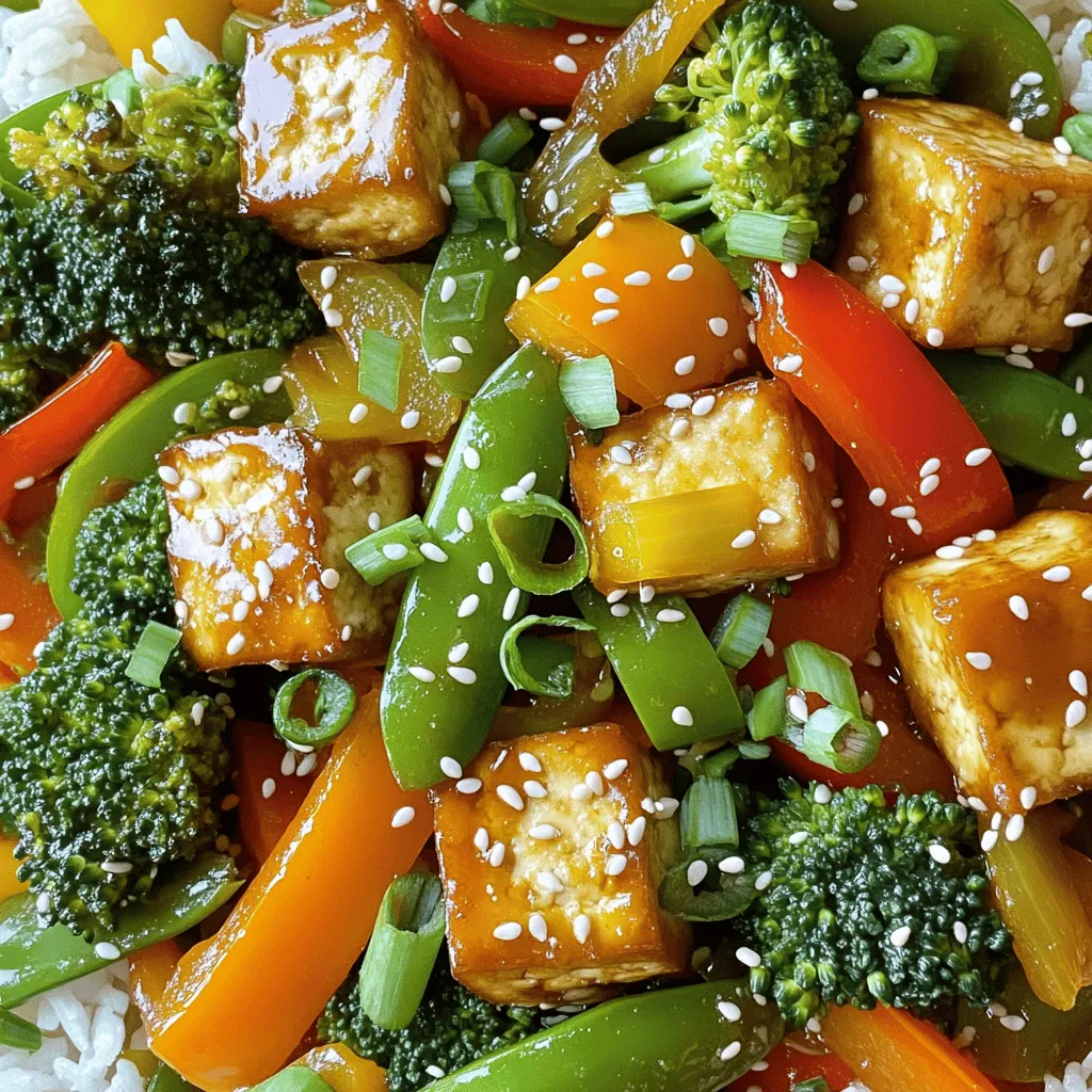 For this dish, you'll need some key items that make it delicious. Gather these: - 1 block (14 oz) firm tofu, pressed and cubed - 3 tablespoons cornstarch - 3 tablespoons vegetable oil, divided - 1 bell pepper (red or yellow), sliced - 1 cup broccoli florets - 1 cup snap peas - 2 cloves garlic, minced - 1-inch piece of ginger, grated These fresh ingredients provide the base for a tasty meal. The tofu gives protein, while the veggies add color and crunch. Seasoning brings your stir-fry to life. Use these essential sauces: - 2 tablespoons soy sauce - 1 tablespoon sesame oil - 1 tablespoon rice vinegar - 1 tablespoon honey or maple syrup (for a vegan option) - Salt and pepper to taste These flavors blend well, making the dish savory and sweet. The soy sauce adds umami, while the honey brings a hint of sweetness. Garnishes can elevate your meal's look and taste. Consider these: - Sesame seeds, for garnish - Chopped green onions, for garnish Feel free to swap some veggies based on what you have. Carrots and zucchini work well too. Don't hesitate to get creative with your mix! For the full recipe, check out the detailed steps later. To get crispy tofu, start by pressing it. Wrap the block of tofu in a clean kitchen towel. Place a heavy object on top. Let it sit for about 30 minutes. This removes extra moisture. After pressing, cut the tofu into 1-inch cubes. Next, toss the tofu with cornstarch. Use a medium bowl for this. Coat the cubes evenly. This step is key for crispiness when cooking. Heat 2 tablespoons of vegetable oil in a large non-stick skillet or wok. Set the heat to medium-high. Once the oil is hot, add the coated tofu cubes in a single layer. Fry until they turn golden and crunchy, about 8-10 minutes. After cooking, remove the tofu from the pan and set it aside. In the same skillet, add the remaining tablespoon of oil. Now, add the sliced bell pepper, broccoli florets, and snap peas. Stir them often. Sauté for 4-5 minutes until they are tender but still crisp. Next, add the minced garlic and grated ginger. Cook for 1 more minute until they smell great. Return the crispy tofu to the skillet. Pour in soy sauce, sesame oil, rice vinegar, and honey or maple syrup. Toss everything together. Cook for another 2-3 minutes to heat it all through. Remove from heat and transfer the stir-fry to a serving dish. For a great look, garnish with sesame seeds and chopped green onions. Serve over steamed jasmine rice or quinoa for a complete meal. Enjoy this tasty dish! Check the Full Recipe for more details! To get that perfect crispy tofu, start with pressing it. This removes water and helps it fry better. After pressing, cut the tofu into cubes. Then, coat each cube with cornstarch. This coating is key to achieving a crunchy texture. When frying, use a hot pan with oil. Give the tofu space in the pan. This way, they won’t stick together. Fry until golden on all sides. You can also use an air fryer for a healthier option. Timing is vital when sautéing your veggies. Start with the tougher vegetables first, like broccoli and bell peppers. Cook these for about 4-5 minutes, stirring often. They should be tender but still crisp. Add garlic and ginger last. They cook quickly and can burn easily. Just one minute is enough to release their flavors. When adding the crispy tofu back in, cook everything together for just a few minutes. This helps mix the flavors without overcooking. One common mistake is overcrowding the pan when frying tofu. If you add too many pieces, they will steam instead of fry. This means they won’t get crispy. Another mistake is not pressing the tofu long enough. This can lead to soggy pieces. Also, avoid cooking the garlic and ginger too long. They can turn bitter if overcooked. Finally, don’t forget to taste your dish before serving. Adjust salt, pepper, or soy sauce as needed to perfect the flavor! For the full recipe, check out the Crispy Tofu Stir-Fry section. {{image_2}} You can easily make this dish vegan and gluten-free. Use maple syrup instead of honey. Choose gluten-free soy sauce or tamari for the sauce. This keeps all flavors intact and meets dietary needs. Feel free to switch up the veggies! Try using carrots, bell peppers, or zucchini. Each veggie adds a new texture and taste. You can also add leafy greens like spinach or kale at the end. These will wilt lightly and enhance the dish. Get creative with spices and sauces! Add chili flakes for heat or a splash of lime juice for brightness. Try different sauces like teriyaki or hoisin for a new twist. Mix in fresh herbs like cilantro or basil for added flavor. A hint of sesame seeds on top gives a nice crunch. For more ideas, check out the Full Recipe for additional inspiration. To store leftover crispy tofu stir-fry, let it cool first. Then, transfer it to an airtight container. Refrigerate for up to three days. Keeping it covered helps maintain flavor and texture. Avoid storing warm food, as this can create moisture. To reheat, use a non-stick skillet over medium heat. Add a splash of water or broth to prevent sticking. Stir gently until heated through, about 5 minutes. This method keeps the tofu crispy and the veggies tender. You can also microwave it in short bursts. Just be careful not to overcook. You can freeze crispy tofu stir-fry, but the texture may change. To freeze, let it cool completely. Place it in a freezer-safe bag or container. Remove as much air as possible to prevent freezer burn. It will keep for about three months. When ready to eat, thaw overnight in the fridge and reheat as mentioned above. This makes for a quick meal option later! For the full recipe, check out the ingredients and instructions provided earlier. Yes, you can use frozen tofu. Freezing tofu changes its texture, making it spongy and chewy. Before using, thaw the tofu in the fridge overnight. Once thawed, press it to remove moisture. Cut it into cubes and coat with cornstarch for crispiness. To spice up your stir-fry, add chili sauce or red pepper flakes. You can also stir in sliced jalapeños or fresh chili peppers. Adjust the amount to your taste. Start with a little, then add more if you want extra heat. Crispy tofu stir-fry goes well with simple sides. Here are some ideas: - Steamed jasmine rice - Quinoa or brown rice - A fresh green salad - Sautéed greens like bok choy - Vegetable spring rolls For the full recipe, check out the section above. Crispy tofu stir-fry is simple and fun to make. We covered key ingredients and shared step-by-step instructions. I shared tips for perfecting your dish, avoiding common mistakes, and suggested tasty variations. Storing leftovers and reheating methods ensure no food goes to waste. Enjoy creating your dish, exploring flavors, and savoring every bite. Crispy tofu stir-fry can easily fit your diet and taste. Use your favorite veggies and sauces to make it your own!