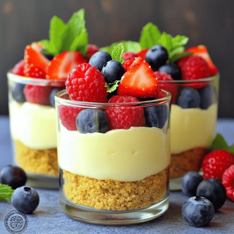 When making no-bake cheesecake jars, using the right ingredients is key. Here’s what you will need: - 1 cup graham cracker crumbs - 4 tablespoons unsalted butter, melted - 1 cup cream cheese, softened - 1/2 cup powdered sugar - 1 teaspoon vanilla extract - 1 cup heavy whipping cream - 1 cup mixed berries (strawberries, blueberries, raspberries) - Fresh mint leaves for garnish (optional) These ingredients come together to create a creamy and delicious treat. The graham cracker crumbs give a crunchy base. The cream cheese and heavy cream make the filling rich and smooth. The mixed berries add a sweet and fruity touch. You can select your favorite berries for a personal twist. For the best results, use fresh ingredients. Make sure your cream cheese is at room temperature for easy mixing. This will help you achieve a silky texture in the filling. If you want to add a pop of color, go for mixed berries. They look great and taste amazing. If you want a bit of flair, fresh mint leaves can make your jars look even better. They add a nice touch and a hint of freshness. For the complete recipe, check out the Full Recipe link. Start by mixing the graham cracker crumbs with melted butter in a bowl. You want the crumbs to be well-coated. Once mixed, take small glass jars or dessert cups. Layer about two tablespoons of the crumb mixture at the bottom of each jar. Press down firmly to create a solid crust. In another bowl, beat the softened cream cheese until it is smooth. This step is key for a creamy texture. Gradually add the powdered sugar and vanilla extract. Mix until everything is well blended and creamy. Next, whip the heavy cream in a separate bowl until stiff peaks form. This gives the filling a light texture. Gently fold the whipped cream into the cream cheese mixture. Spoon the cheesecake filling into the jars, filling them about three-quarters full. Top each jar with mixed berries. You can mash them slightly to release their juices for extra flavor. For the complete recipe, check out the [Full Recipe]. To make the filling smooth, start with softened cream cheese. This makes it easy to blend. Mix until it reaches a creamy texture. After adding powdered sugar and vanilla, keep mixing. You want a uniform mix without lumps. Chilling is key for a good set. I recommend at least two hours in the fridge. For the best results, chill overnight. This allows the flavors to meld and the filling to firm up nicely. Layering in jars adds beauty to your dessert. Begin with a layer of graham cracker crust. Use about two tablespoons per jar. Then, add the creamy cheesecake filling. Finally, top with mixed berries for color and taste. For a fresh touch, garnish with mint leaves. This not only looks nice but adds a burst of flavor. You can also use edible flowers to make it even more special. These small details enhance both flavor and presentation. {{image_2}} You can easily change the flavor of your no-bake cheesecake jars. One fun option is to add chocolate or caramel swirls. Drizzle melted chocolate or caramel on top of the cheesecake filling. Use a toothpick to swirl it in. This adds a rich, sweet taste. Another great idea is to experiment with different fruit toppings. You can use fresh berries, like strawberries or blueberries. Try tropical fruits like mango or pineapple for a fresh twist. You can even mix fruits for a colorful look. If you need to make these jars gluten-free, simply use gluten-free graham crackers. Many brands offer this option. You can still enjoy the same great taste without gluten. For a dairy-free version, swap the cream cheese for a dairy-free alternative. Use coconut cream instead of heavy whipping cream. This keeps it creamy while being kind to those who avoid dairy. If you want a healthier treat, lower the sugar content. You can cut the powdered sugar in half or use a sugar substitute. This way, you can enjoy your dessert while keeping it lighter. Feel free to adapt this recipe to fit your needs. You can make it your own while still following the full recipe. To keep your no-bake cheesecake jars fresh, refrigerate them right away. Place them in a sealed container or cover them tightly with plastic wrap. This keeps moisture out and stops odors from mixing. How long do they last in the fridge? These jars stay good for about 3 to 5 days. The flavors will blend more as they sit, making each bite even better. Can you freeze cheesecakes in jars? Yes, you can freeze them! However, the texture may change slightly after thawing. For best results, freeze the jars without the berry topping. This helps maintain the texture of the cheesecake. Tips for thawing and serving after freezing: To thaw, place the jars in the fridge overnight. This allows them to defrost slowly. Before serving, add fresh berries on top for a burst of flavor and color. Enjoy your tasty treat! For the complete recipe, check out the Full Recipe. Serve these jars cold for the best taste. You can place them on a nice plate. Add a sprig of mint on top for a pop of color. This makes your jars look fancy. You can also drizzle some berry sauce on top for extra flavor. If you want a fun touch, use colorful spoons! Yes, you can make them a day before you serve. Just cover the jars well and place them in the fridge. This allows the flavors to blend nicely. You can keep them in the fridge for up to three days. Just remember to add the mint leaves right before serving. If you want to make more jars, just double or triple the ingredients. For example, use 2 cups of cream cheese if you want to make eight jars. You can mix all the ingredients in larger bowls. Just make sure to layer them carefully in each jar. This way, everyone can enjoy this tasty treat! Check the Full Recipe for more details. No-bake cheesecake jars are easy and fun to make. Start with a tasty graham cracker crust. Then, mix cream cheese with powdered sugar and vanilla for the filling. Add whipped cream for a light texture, and finish with fresh berries. For extra flair, play with flavors and toppings. Be sure to chill them well for the best taste. Store them in the fridge or freeze for later. These desserts impress. Enjoy making and sharing them with friends or family!