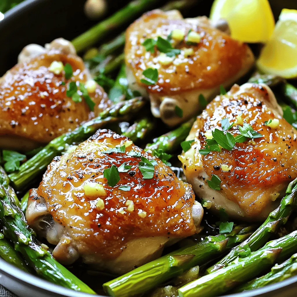 - 4 boneless, skinless chicken thighs - 1 bunch asparagus, trimmed - 4 cloves garlic, minced - 2 tablespoons olive oil - 1 tablespoon lemon juice - 1 teaspoon dried oregano - 1 teaspoon paprika - Salt and pepper, to taste - Lemon wedges - Fresh parsley This dish shines with simple, fresh ingredients. The chicken thighs bring rich flavor and tenderness. Asparagus adds a nice crunch and bright color. Garlic gives depth and aroma that will fill your kitchen. For the marinade, olive oil coats the chicken, helping the spices cling. Lemon juice brightens everything, making each bite fresh. Oregano and paprika add warmth and earthiness. You can adjust the salt and pepper to your liking. When garnishing, lemon wedges add a zesty pop. Fresh parsley not only looks good but also brings a hint of herbal flavor. You can find the full recipe in the previous section. Enjoy these ingredients as the base for a simple yet delicious meal! - Preheat your oven to 400°F (200°C). - In a large bowl, mix 2 tablespoons of olive oil, 4 minced garlic cloves, 1 tablespoon of lemon juice, 1 teaspoon of dried oregano, 1 teaspoon of paprika, salt, and pepper. This mix becomes your marinade. - Coat 4 boneless, skinless chicken thighs in the marinade. Let them sit for 15 minutes. If you have more time, marinate longer for deeper flavor. - Use a large oven-safe skillet and heat it on medium-high. - Add the chicken thighs and sear them for about 4-5 minutes on each side. You want them golden brown. - After searing, remove the chicken from the skillet. In the same skillet, add 1 bunch of trimmed asparagus. Sauté for about 2-3 minutes until slightly tender. - Place the chicken back in the skillet with the asparagus. Pour any marinade left over the top. - Transfer the skillet to your preheated oven. Bake for 15-20 minutes, or until the chicken reaches 165°F (74°C). - Once cooked, remove the skillet from the oven. Let it rest for a few minutes. Garnish with fresh parsley and serve with lemon wedges. For the full recipe, check out the details above. Enjoy your meal! To get great flavor, marinate your chicken well. Use a mix of olive oil, garlic, lemon juice, oregano, and paprika. This mix makes the chicken juicy and tasty. For best results, let the chicken sit in the marinade for at least 15 minutes. If you have the time, marinate for up to an hour in the fridge. This extra time helps the flavors soak in. To achieve that perfect golden-brown sear, heat your skillet over medium-high heat. When it’s hot, place the marinated chicken in the skillet. Sear each side for about 4-5 minutes. This locks in the juices and adds great color. For the asparagus, sauté it for just 2-3 minutes before baking. This keeps it crisp and tender. For a full meal, serve your One-Pan Garlic Chicken and Asparagus with rice or crusty bread. These pair well and soak up the yummy juices. For a beautiful dish, garnish with fresh parsley and lemon wedges. This adds a pop of color and freshness to your plate. {{image_2}} You can change up the veggies in this dish. Try using broccoli, bell peppers, or green beans. They add nice color and flavor. You can also swap garlic for shallots or use fresh herbs like thyme or rosemary. These herbs bring a different taste, making this dish your own. If you want a low-carb option, skip the chicken thighs and use chicken breast instead. This keeps the dish light and healthy. For a gluten-free meal, just ensure your spices do not contain gluten. Most dried herbs are safe, but check the labels. You can cook this dish on the stovetop. Just use a large skillet over medium heat. Sear the chicken like in the recipe, then add asparagus. Cook until the chicken is done. If you want a smoky flavor, try grilling the chicken and asparagus. This method gives a great char and a fun twist to the dish. For the full recipe, check out the detailed steps to make your cooking fun and easy. To store leftovers, place the chicken and asparagus in an airtight container. This keeps them fresh. Make sure to cool them to room temperature first. In the refrigerator, your dish will last for about 3 to 4 days. Always check for off smells or changes in texture before eating. You can freeze this dish if you have extra. Cut the chicken and asparagus into smaller pieces for faster freezing. Use a freezer-safe bag or container. It’s best to eat it within 2 to 3 months for the best taste. When you are ready to eat, thaw it overnight in the fridge. To reheat, you want to keep the chicken juicy. The best way is to use the oven. Preheat it to 350°F (175°C). Place the chicken and asparagus in an oven-safe dish. Cover with foil to keep moisture in. Heat for about 15-20 minutes or until warm. You can also use the microwave, but it may dry them out. Always check the internal temperature; it should reach 165°F (74°C). For chicken thighs, it usually takes 15-20 minutes at 400°F (200°C). Check them after 15 minutes. This helps avoid overcooking. The chicken should get a nice golden color. Yes, you can use veggies like green beans or broccoli. They cook well and add great flavor. Carrots and bell peppers are also good choices. Cut them small for even cooking. The safest way is to check the internal temperature. Chicken should reach 165°F (74°C). A meat thermometer is best for this. It gives you an accurate reading, ensuring it's safe to eat. You can prep this dish in advance. Marinate the chicken and store it in the fridge. You can also cut the asparagus ahead. Just cook everything when you're ready to eat. This dish pairs well with rice or quinoa. A side salad adds freshness too. You might also serve crusty bread to soak up the juices. For a nice touch, try roasted potatoes! For the full recipe, check out the detailed instructions above. You now know the key ingredients for a tasty one-pan chicken and asparagus dish. The marinade adds great flavor, while the cooking steps ensure a juicy meal. Remember, you can swap in veggies or adjust for different diets, making this recipe flexible. Store leftovers safely and reheat with care for best results. With these tips, you’re set to impress at dinner time. Enjoy your cooking and remember to experiment; this dish is just the start!