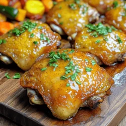 To make Honey Mustard Chicken Thighs, you need a few key items. Here’s what you will need: - 4 bone-in, skin-on chicken thighs - 3 tablespoons honey - 2 tablespoons Dijon mustard - 1 tablespoon whole grain mustard - 2 tablespoons olive oil - 3 cloves garlic, minced - 1 teaspoon fresh thyme leaves (or ½ teaspoon dried) - 1 teaspoon smoked paprika - Salt and pepper to taste These ingredients create a sweet and tangy flavor that pairs perfectly with chicken. The skin-on thighs keep the meat juicy and tender. You can add some fresh parsley on top for color and taste. It adds a nice touch. Other good garnishes include: - Lemon wedges for a citrus kick - Chopped green onions for crunch These garnishes not only add flavor but also make the dish look beautiful. If you need to swap out some ingredients, here are some ideas: - Use maple syrup instead of honey for a different sweetness. - Try apple cider vinegar in place of mustard for a tangy twist. - Swap chicken thighs for breasts if you prefer leaner meat. These substitutions keep the dish exciting and let you use what you have on hand. You can find the full recipe [here](#). Start by gathering your ingredients. You will need honey, Dijon mustard, whole grain mustard, olive oil, minced garlic, fresh thyme, smoked paprika, salt, and pepper. In a medium bowl, mix the honey and both mustards together. Add olive oil, minced garlic, thyme, smoked paprika, salt, and pepper. Whisk until you have a smooth sauce. This marinade brings out the sweet and tangy taste in the chicken. Next, prepare the chicken thighs. Place them into a large resealable plastic bag or a shallow dish. Pour the honey mustard marinade over the chicken. Ensure each thigh is well coated in the sauce. Seal the bag or cover the dish. Let the chicken marinate in the fridge for at least 30 minutes. For more flavor, let it sit for up to 2 hours. This process helps the chicken absorb all the delicious flavors. Once marinated, take the chicken out of the fridge. Let it sit at room temperature for about 10 minutes. Preheat your oven to 400°F (200°C). Heat a large, oven-safe skillet over medium-high heat. Place the chicken thighs skin-side down in the skillet. Sear for about 5-7 minutes until the skin gets golden brown and crispy. Flip the thighs so the skin side is up. Spoon leftover marinade over the chicken. Transfer the skillet to the oven and bake for 20-25 minutes. Ensure the chicken reaches an internal temperature of 165°F (74°C). Once cooked, let it rest for 5 minutes before serving. Garnish with fresh parsley for a nice touch. Enjoy your Honey Mustard Chicken Thighs! For the full recipe, check the instructions above. The marinade is key for flavor. Start with honey and mustard. They blend well and give the chicken a sweet and tangy taste. Use Dijon mustard for a smooth texture and whole grain mustard for crunch. Mix them in a bowl with garlic, thyme, and paprika. This combo makes your chicken shine. Marinate your chicken for at least 30 minutes. For even more flavor, try to marinate for up to 2 hours. Searing helps achieve that crispy skin we love. Heat a large, oven-safe skillet over medium-high heat. Add olive oil before placing the chicken skin-side down. Cook for 5-7 minutes until golden brown. Don’t rush this step; the skin needs time to get crispy. Once the skin is perfect, flip the chicken. This method locks in moisture and enhances flavor. Cooking chicken correctly is crucial for safety and taste. Use a meat thermometer to check the internal temperature. It should reach 165°F (74°C). After cooking, let the chicken rest for 5 minutes. This step allows the juices to settle, making the meat tender and juicy. Always trust your thermometer, and you will have perfect chicken every time. For the full recipe, check out the detailed cooking steps. {{image_2}} Adding fresh herbs can take your honey mustard chicken to a new level. I enjoy using thyme or rosemary, as they pair well with the sweet and tangy sauce. Simply chop a tablespoon of fresh herbs and mix them into the marinade. You can use dried herbs too; just cut the amount in half. This small change adds flavor and a lovely aroma. If you like heat, try a spicy twist on this dish. Add a teaspoon of cayenne pepper or red pepper flakes to the marinade. The spice will balance the sweetness of the honey. You can also mix in a tablespoon of hot sauce for a more intense flavor. This spicy kick will make your honey mustard chicken truly memorable. Grilling is another great way to prepare honey mustard chicken. It brings a smoky flavor that works well with the honey and mustard. After marinating, preheat your grill to medium heat. Place the chicken thighs on the grill and cook for about 6-8 minutes on each side. Make sure the internal temperature reaches 165°F (74°C). This method gives the chicken a nice char and makes it perfect for summer gatherings. For the full recipe, check out the Honey Mustard Chicken Thighs section. After your meal, let the chicken cool down. Place the chicken thighs in an airtight container. You can keep them in the fridge for up to four days. If you want to enjoy them later, store them properly. To reheat, take the chicken out of the fridge. Preheat your oven to 350°F (175°C). Place the chicken on a baking sheet. Cover it with foil to keep it moist. Heat for about 15-20 minutes or until hot. You can also use a microwave, but the oven gives better results. If you want to freeze the chicken, wrap each thigh in plastic wrap or foil. Place them in a freezer bag. Make sure to remove as much air as possible. You can freeze them for up to three months. When you're ready to eat, thaw in the fridge overnight before reheating. For the best taste, use the chicken within a month. You can find the full recipe linked above for more details on making this dish. You can serve many sides with Honey Mustard Chicken Thighs. Here are some ideas: - Roasted vegetables like carrots and broccoli - Creamy mashed potatoes - Steamed rice or quinoa - A fresh green salad with a light vinaigrette - Garlic bread for a hearty touch These sides add color and balance to your meal. They also soak up the tasty sauce. Yes, you can use boneless chicken thighs. They cook faster than bone-in thighs. This may cut your cooking time by about 10 minutes. Just check the internal temperature to ensure it reaches 165°F (74°C). Boneless thighs will still be juicy and full of flavor. You can marinate the chicken for at least 30 minutes. For the best flavor, aim for 2 hours. Marinating too long can make the chicken mushy. So, keep it within that range. The marinade adds great taste and keeps the chicken moist during cooking. For the complete recipe, check out the Full Recipe section. In this article, we explored how to make honey mustard chicken thighs. We covered main ingredients, optional garnishes, and substitutions. The step-by-step guide made marinating and cooking easy. Tips for crispy skin help make your dish stand out. Variations add new flavors, while storage info helps save leftovers. Now, you can enjoy this dish anytime. It's versatile and simple, perfect for busy nights or special meals. Try it out, and you'll love the taste!