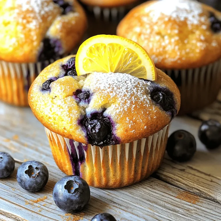 - 1 cup fresh blueberries (or frozen, if preferred) - 1 ½ cups all-purpose flour - 1/2 cup sugar (plus extra for sprinkling) - 1 tablespoon baking powder - 1/2 teaspoon salt - Zest of 1 large lemon - 1/2 cup unsalted butter, melted - 2 large eggs - 1/2 cup milk (or almond milk for a twist) - 2 tablespoons fresh lemon juice - 1 teaspoon vanilla extract Each ingredient plays a key role in the flavor and texture of the muffins. The flour gives structure, while the sugar adds sweetness. Baking powder helps the muffins rise, giving a light and fluffy texture. The lemon zest and juice bring a fresh, bright taste. The blueberries add a juicy burst in every bite. - Flour: Use all-purpose flour for the best results. - Sugar: Granulated sugar works well. Adjust to taste if you prefer less sweetness. - Butter: Melted butter adds richness. Make sure it cools slightly before mixing. - Milk: Regular milk or almond milk both work fine. Choose what you like! - Eggs: Large eggs are ideal for binding the ingredients together. Each muffin contains roughly: - Calories: 180 - Protein: 3g - Carbohydrates: 25g - Fat: 8g - Fiber: 1g - Sugar: 8g These muffins are a great morning treat or snack. They give you energy without being too heavy. For more details, check the [Full Recipe] for specific nutrients and serving sizes. First, gather your ingredients. You need: - 1 cup fresh blueberries (or frozen, if preferred) - 1 ½ cups all-purpose flour - 1/2 cup sugar (plus extra for sprinkling) - 1 tablespoon baking powder - 1/2 teaspoon salt - Zest of 1 large lemon - 1/2 cup unsalted butter, melted - 2 large eggs - 1/2 cup milk (or almond milk for a twist) - 2 tablespoons fresh lemon juice - 1 teaspoon vanilla extract Next, preheat your oven to 375°F (190°C). Line a muffin tin with paper liners or grease it with non-stick spray. In a large bowl, mix the flour, sugar, baking powder, salt, and lemon zest. This helps the flavors blend well. In a separate bowl, whisk together the melted butter, eggs, milk, lemon juice, and vanilla extract. Aim for a smooth and creamy texture. Slowly add the wet mixture to the dry ingredients. Stir gently until just combined. You want it to be slightly lumpy, not smooth. Now, gently fold in the blueberries. Make sure they are evenly spread throughout the batter. Spoon the batter into the muffin tin, filling each cavity about 3/4 full. Sprinkle a little sugar on top of each muffin for added crunch. Bake in the preheated oven for 18-20 minutes. You’ll know they’re done when they turn golden brown and a toothpick comes out clean. After baking, let the muffins cool in the tin for 5 minutes. Then transfer them to a wire rack. This helps them cool evenly. Serve the muffins warm. You can dust them with powdered sugar and add a slice of lemon or a few fresh blueberries on top. This adds a nice touch and makes them look beautiful. For more details, check the Full Recipe. To make your lemon blueberry muffins moist, use room-temperature ingredients. Cold eggs and milk can affect how well the batter mixes. When mixing, stir just until combined. Overmixing can lead to tough muffins. Adding a bit of sour cream or yogurt also helps keep them soft. A common mistake is using old baking powder. Always check its freshness. If it’s not active, the muffins won’t rise. Another mistake is not measuring the flour correctly. Too much flour can make muffins dry. Use the spoon-and-level method to measure flour accurately. Store your muffins in an airtight container at room temperature for up to three days. If you want to keep them longer, freeze them. Wrap each muffin in plastic wrap and place them in a freezer bag. They will last up to three months. To enjoy them, just thaw and warm them up in the oven or microwave. For more detailed instructions, check the Full Recipe. {{image_2}} You can easily swap some ingredients in this recipe. If you don't have all-purpose flour, whole wheat flour works well. For a sweetener change, try using honey or maple syrup instead of sugar. If you need a dairy-free option, almond milk or oat milk is great in place of regular milk. For butter, use coconut oil or a vegan butter substitute. These small changes keep the muffins tasty. To make your muffins even better, think about adding spices. A pinch of cinnamon or nutmeg can add warmth. You can also mix in lemon extract for a stronger lemon flavor. Want more texture? Add chopped nuts like almonds or walnuts. A few tablespoons of poppy seeds can add a nice crunch too. These additions make your muffins unique and delightful. If you want gluten-free muffins, use a gluten-free flour blend. It usually works just like all-purpose flour. For a vegan version, replace the eggs with flax eggs. Mix one tablespoon of ground flaxseed with three tablespoons of water and let it sit until it thickens. You can swap the butter with a plant-based alternative. These adaptations let everyone enjoy your lemon blueberry muffins without worries. Check out the Full Recipe for all the details! To keep your lemon blueberry muffins fresh, store them in an airtight container. Place them at room temperature for up to three days. If your kitchen is warm, you can store them in the fridge. Just remember, cold can make them a bit dry. For longer storage, freeze muffins. Wrap each muffin tightly in plastic wrap. Then, place them in a freezer bag or container. They can last up to three months in the freezer. When you're ready to eat, just thaw them at room temperature. To reheat muffins, use the microwave. Heat for about 15-20 seconds for one muffin. If you prefer a crispy top, pop them in the oven at 350°F (175°C) for about 5-10 minutes. This makes them warm and delicious, just like fresh-baked. Enjoy these treats anytime! For the full recipe, check out the [Full Recipe]. To store leftover muffins, place them in an airtight container. Keep them at room temperature for up to three days. If you want them to last longer, store them in the fridge for a week. For extra freshness, you can freeze them. Wrap each muffin in plastic wrap, then place them in a freezer bag. They will stay good for up to three months. When you want to eat one, let it thaw at room temperature or warm it in the microwave. Yes, you can use frozen blueberries. They work well in this recipe. Just be sure to toss them in a bit of flour before adding them to the batter. This helps prevent them from sinking to the bottom. Frozen blueberries may make the batter a little purple, but they taste just as good and add a nice touch. These muffins rise well due to a few key factors. First, the baking powder creates bubbles of gas in the batter. This gas expands when heated, making the muffins rise. Second, the eggs add structure and stability. Finally, mixing the wet and dry ingredients gently helps keep the air in the batter. Avoid overmixing; a few lumps are okay. For the full recipe, check out the section above! In this blog post, we explored simple recipes for delicious muffins. We covered ingredients, measurement details, and nutritional facts. You learned step-by-step instructions for preparation, baking, and serving. I shared tips for keeping muffins moist and avoiding common mistakes. You also found variations for different diets and flavor boosts. Don’t forget to check storage tips for fresh muffins. With these insights, you can bake memorable treats that everyone will enjoy. Now, get baking and savor the results!