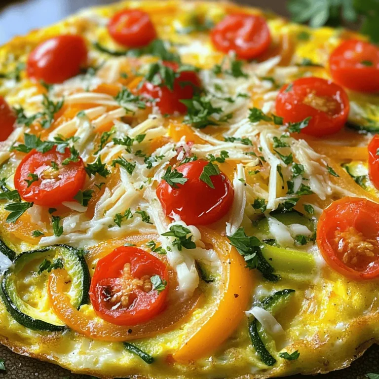 - 6 large eggs - 1/2 cup milk - 1 cup bell peppers (mixed colors), diced - 1 cup zucchini, shredded - 1/2 cup red onion, finely chopped - 1 cup spinach, roughly chopped - 1/2 cup cherry tomatoes, halved - 1 cup shredded cheese (cheddar or feta) - 2 tablespoons olive oil - 1 teaspoon garlic powder - 1/2 teaspoon smoked paprika - Salt and pepper to taste - Fresh herbs for garnish (such as parsley or basil) Gather these ingredients to make a savory vegetable frittata that bursts with flavor. Each ingredient adds its own unique taste and texture. The eggs and milk provide a rich base. The bell peppers and zucchini add sweetness and crunch. Red onion brings depth, while spinach and tomatoes add freshness. Cheese gives a creamy finish that ties it all together. You can swap out ingredients based on what you have. For cheese, try goat cheese or nutritional yeast for a dairy-free option. Use any veggies you like; asparagus and mushrooms work well too. If you want a dairy-free milk, almond or oat milk are great choices. For added protein, consider adding cooked bacon or sausage. Chickpeas also work well for a plant-based protein. Feel free to experiment with spices! A pinch of chili flakes can add a nice kick. Making this frittata your own is easy and fun! For the full recipe, check out the details provided. - Preheat the oven to 375°F (190°C). This is key for a nice bake. - Gather your ingredients. You will need eggs, milk, and a mix of fresh veggies. - Use a large oven-safe skillet. This ensures even cooking and easy transfer to the oven. - In a large bowl, whisk together six eggs and half a cup of milk. - Add one teaspoon of garlic powder, half a teaspoon of smoked paprika, salt, and pepper. - Whisk until the mixture is smooth and well combined. - In your skillet, heat two tablespoons of olive oil over medium heat. - Add half a cup of red onion and one cup of diced bell peppers. - Sauté for about three to four minutes until softened. - Mix in one cup of shredded zucchini and cook for two more minutes. - Finally, stir in one cup of chopped spinach and half a cup of halved cherry tomatoes. - Cook until the spinach wilts. - Remove the skillet from heat. Pour the egg mixture over the sautéed veggies. - Stir gently to mix everything evenly. Top with one cup of shredded cheese. - Transfer the skillet to your preheated oven. - Bake for 20 to 25 minutes. The frittata should be set in the center and golden on top. - To check for doneness, insert a knife in the center. It should come out clean. For the full recipe, visit the main section of this article. To get the best frittata, follow these tips: - Perfect Consistency: Whisk the eggs and milk together well. This helps the frittata rise and stay fluffy. If you want a creamier texture, let it cool for a few minutes before reheating. - Oven-Safe Skillet: Always use an oven-safe skillet. This allows you to cook the frittata on the stove, then move it straight to the oven. It saves dishes and keeps your frittata intact. Pair your frittata with these tasty sides: - Best Sides: A fresh salad adds crunch. You can also serve it with crusty bread or fruit for balance. - Presentation Ideas: Slice the frittata into wedges. Place it on a beautiful platter. Garnish with fresh herbs, like parsley or basil, to make it pop. Reheating is easy: - How to Reheat: Use a microwave for quick warming. Heat individual slices for about 15-20 seconds. This keeps it moist and tasty. - Storing Leftovers: Keep leftovers in an airtight container. They can last in the fridge for up to three days. To maintain freshness, eat within this time. For the full recipe, check the detailed instructions and enjoy making your savory vegetable frittata! {{image_2}} You can change the vegetables in a frittata based on what is in season. In spring, use fresh asparagus and peas. In summer, add sweet corn and ripe tomatoes. For fall, think about adding spinach and roasted squash. Winter calls for hearty veggies like kale and root vegetables. Root vegetables like potatoes or sweet potatoes work great too. Just chop them small and cook them longer. Mushrooms add a nice umami flavor. Try using cremini or shiitake for a meaty bite. Mix and match to find your favorite combo! Cheese can really change the taste of your frittata. Cheddar adds a sharpness, while feta gives a tangy kick. You might try goat cheese for creaminess or blue cheese for bold flavor. Fresh herbs like basil or dill can brighten the dish. For extra heat, add chili flakes or jalapeños. Smoked paprika gives a warm flavor while garlic powder adds depth. The right spice can transform your frittata into a unique dish. If you're on a keto diet, swap the milk for heavy cream. You can add more cheese and use low-carb veggies. For a vegan frittata, replace eggs with a chickpea flour mix. Blend chickpea flour with water and spices to create a batter. Cook it like a regular frittata for a tasty, plant-based dish. These variations let you cater to different diets while keeping the frittata delicious. Explore these ideas to find what works best for you! Check out the Full Recipe for more details. To store leftovers, place the frittata in an airtight container. Let it cool before sealing. This helps keep it fresh. You can store it in the fridge for up to four days. If it smells off or looks strange, throw it out. To freeze leftover frittata, cut it into wedges. Wrap each slice in plastic wrap, then place them in a freezer-safe bag. Use it within two months for the best taste. When reheating, let it thaw overnight in the fridge. You can warm it in the oven at 350°F (175°C) for about 15-20 minutes. This keeps it fluffy and moist. Fresh frittata tastes best. The flavors are bright, and the texture is creamy. However, you can make leftovers delightful. Reheat them in the microwave for a quick meal. You can also add fresh herbs or a sprinkle of cheese to boost flavor. A drizzle of olive oil adds richness too. You can serve a savory vegetable frittata with many tasty sides. Here are some popular choices: - Mixed green salad - Toasted bread or bagels - Roasted potatoes - Fresh fruit For drinks, try pairing it with: - Freshly squeezed orange juice - Herbal tea - Sparkling water Each side adds flavor and makes your meal complete. Yes, you can make a frittata ahead of time. Here are a few best practices: - Cook it fully and let it cool. - Store it in an airtight container in the fridge. For reheating, use the oven or microwave: - In the oven, heat at 350°F (175°C) for about 10 minutes. - In the microwave, heat individual slices for 15-20 seconds. This keeps your frittata tasty and fresh. A frittata lasts about 3-4 days in the fridge. To stay safe: - Keep it in an airtight container. - Check for any signs of spoilage. Signs to look out for include: - Unpleasant smell - Changes in color - Mold If you see any of these, it's best to throw it away. Frittatas and omelets differ in how they are cooked. Here are the key differences: - A frittata cooks slowly and often bakes in the oven. - An omelet cooks quickly on the stove and is folded. Use frittatas for a larger meal and omelets for a quick breakfast. Both are delicious in their own way! This blog post covers how to make a tasty vegetable frittata. You gathered all the needed ingredients, explored fun substitutions, and learned step-by-step cooking instructions. I shared tips for perfecting your frittata and creative variations to try. Remember, fresh vegetables boost flavor and nutrition. Don't hesitate to customize it to fit your taste. Enjoy cooking, and know that a homemade frittata can impress anyone at your table. Now, you have all the tools to make a delicious dish that everyone will love!
