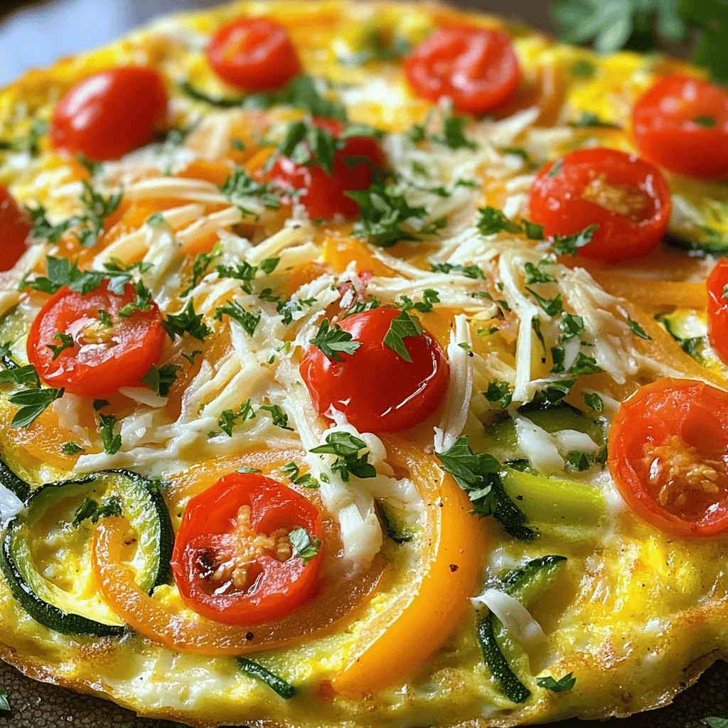 - 6 large eggs - 1/2 cup milk - 1 cup bell peppers (mixed colors), diced - 1 cup zucchini, shredded - 1/2 cup red onion, finely chopped - 1 cup spinach, roughly chopped - 1/2 cup cherry tomatoes, halved - 1 cup shredded cheese (cheddar or feta) - 2 tablespoons olive oil - 1 teaspoon garlic powder - 1/2 teaspoon smoked paprika - Salt and pepper to taste - Fresh herbs for garnish (such as parsley or basil) Gather these ingredients to make a savory vegetable frittata that bursts with flavor. Each ingredient adds its own unique taste and texture. The eggs and milk provide a rich base. The bell peppers and zucchini add sweetness and crunch. Red onion brings depth, while spinach and tomatoes add freshness. Cheese gives a creamy finish that ties it all together. You can swap out ingredients based on what you have. For cheese, try goat cheese or nutritional yeast for a dairy-free option. Use any veggies you like; asparagus and mushrooms work well too. If you want a dairy-free milk, almond or oat milk are great choices. For added protein, consider adding cooked bacon or sausage. Chickpeas also work well for a plant-based protein. Feel free to experiment with spices! A pinch of chili flakes can add a nice kick. Making this frittata your own is easy and fun! For the full recipe, check out the details provided. - Preheat the oven to 375°F (190°C). This is key for a nice bake. - Gather your ingredients. You will need eggs, milk, and a mix of fresh veggies. - Use a large oven-safe skillet. This ensures even cooking and easy transfer to the oven. - In a large bowl, whisk together six eggs and half a cup of milk. - Add one teaspoon of garlic powder, half a teaspoon of smoked paprika, salt, and pepper. - Whisk until the mixture is smooth and well combined. - In your skillet, heat two tablespoons of olive oil over medium heat. - Add half a cup of red onion and one cup of diced bell peppers. - Sauté for about three to four minutes until softened. - Mix in one cup of shredded zucchini and cook for two more minutes. - Finally, stir in one cup of chopped spinach and half a cup of halved cherry tomatoes. - Cook until the spinach wilts. - Remove the skillet from heat. Pour the egg mixture over the sautéed veggies. - Stir gently to mix everything evenly. Top with one cup of shredded cheese. - Transfer the skillet to your preheated oven. - Bake for 20 to 25 minutes. The frittata should be set in the center and golden on top. - To check for doneness, insert a knife in the center. It should come out clean. For the full recipe, visit the main section of this article. To get the best frittata, follow these tips: - Perfect Consistency: Whisk the eggs and milk together well. This helps the frittata rise and stay fluffy. If you want a creamier texture, let it cool for a few minutes before reheating. - Oven-Safe Skillet: Always use an oven-safe skillet. This allows you to cook the frittata on the stove, then move it straight to the oven. It saves dishes and keeps your frittata intact. Pair your frittata with these tasty sides: - Best Sides: A fresh salad adds crunch. You can also serve it with crusty bread or fruit for balance. - Presentation Ideas: Slice the frittata into wedges. Place it on a beautiful platter. Garnish with fresh herbs, like parsley or basil, to make it pop. Reheating is easy: - How to Reheat: Use a microwave for quick warming. Heat individual slices for about 15-20 seconds. This keeps it moist and tasty. - Storing Leftovers: Keep leftovers in an airtight container. They can last in the fridge for up to three days. To maintain freshness, eat within this time. For the full recipe, check the detailed instructions and enjoy making your savory vegetable frittata! {{image_2}} You can change the vegetables in a frittata based on what is in season. In spring, use fresh asparagus and peas. In summer, add sweet corn and ripe tomatoes. For fall, think about adding spinach and roasted squash. Winter calls for hearty veggies like kale and root vegetables. Root vegetables like potatoes or sweet potatoes work great too. Just chop them small and cook them longer. Mushrooms add a nice umami flavor. Try using cremini or shiitake for a meaty bite. Mix and match to find your favorite combo! Cheese can really change the taste of your frittata. Cheddar adds a sharpness, while feta gives a tangy kick. You might try goat cheese for creaminess or blue cheese for bold flavor. Fresh herbs like basil or dill can brighten the dish. For extra heat, add chili flakes or jalapeños. Smoked paprika gives a warm flavor while garlic powder adds depth. The right spice can transform your frittata into a unique dish. If you're on a keto diet, swap the milk for heavy cream. You can add more cheese and use low-carb veggies. For a vegan frittata, replace eggs with a chickpea flour mix. Blend chickpea flour with water and spices to create a batter. Cook it like a regular frittata for a tasty, plant-based dish. These variations let you cater to different diets while keeping the frittata delicious. Explore these ideas to find what works best for you! Check out the Full Recipe for more details. To store leftovers, place the frittata in an airtight container. Let it cool before sealing. This helps keep it fresh. You can store it in the fridge for up to four days. If it smells off or looks strange, throw it out. To freeze leftover frittata, cut it into wedges. Wrap each slice in plastic wrap, then place them in a freezer-safe bag. Use it within two months for the best taste. When reheating, let it thaw overnight in the fridge. You can warm it in the oven at 350°F (175°C) for about 15-20 minutes. This keeps it fluffy and moist. Fresh frittata tastes best. The flavors are bright, and the texture is creamy. However, you can make leftovers delightful. Reheat them in the microwave for a quick meal. You can also add fresh herbs or a sprinkle of cheese to boost flavor. A drizzle of olive oil adds richness too. You can serve a savory vegetable frittata with many tasty sides. Here are some popular choices: - Mixed green salad - Toasted bread or bagels - Roasted potatoes - Fresh fruit For drinks, try pairing it with: - Freshly squeezed orange juice - Herbal tea - Sparkling water Each side adds flavor and makes your meal complete. Yes, you can make a frittata ahead of time. Here are a few best practices: - Cook it fully and let it cool. - Store it in an airtight container in the fridge. For reheating, use the oven or microwave: - In the oven, heat at 350°F (175°C) for about 10 minutes. - In the microwave, heat individual slices for 15-20 seconds. This keeps your frittata tasty and fresh. A frittata lasts about 3-4 days in the fridge. To stay safe: - Keep it in an airtight container. - Check for any signs of spoilage. Signs to look out for include: - Unpleasant smell - Changes in color - Mold If you see any of these, it's best to throw it away. Frittatas and omelets differ in how they are cooked. Here are the key differences: - A frittata cooks slowly and often bakes in the oven. - An omelet cooks quickly on the stove and is folded. Use frittatas for a larger meal and omelets for a quick breakfast. Both are delicious in their own way! This blog post covers how to make a tasty vegetable frittata. You gathered all the needed ingredients, explored fun substitutions, and learned step-by-step cooking instructions. I shared tips for perfecting your frittata and creative variations to try. Remember, fresh vegetables boost flavor and nutrition. Don't hesitate to customize it to fit your taste. Enjoy cooking, and know that a homemade frittata can impress anyone at your table. Now, you have all the tools to make a delicious dish that everyone will love!