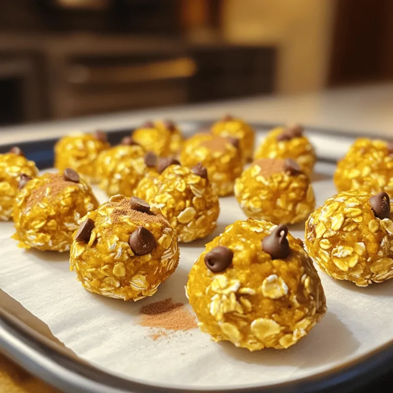 To make Pumpkin Spice Energy Bites, gather these simple ingredients: - 1 cup rolled oats - 1/2 cup pumpkin puree - 1/4 cup honey or maple syrup - 1/4 cup almond butter (or peanut butter) - 1 teaspoon pumpkin pie spice - 1/4 teaspoon cinnamon - 1/4 cup mini chocolate chips (optional) - 1/4 cup chopped nuts (walnuts or pecans) - A pinch of salt These items pack a punch of flavor and nutrition. The oats provide whole grains, while the pumpkin puree adds moisture and a rich taste. Honey or maple syrup sweetens the bites naturally. Almond butter brings healthy fats and creaminess. The spices, pumpkin pie spice and cinnamon, give that warm fall flavor we love. If you want a touch of sweetness, the chocolate chips add a delightful contrast. Chopped nuts bring crunch and extra nutrients. Each ingredient plays a role in making these bites both tasty and healthy. You can find the full recipe online for more details. Enjoy making these energy bites! Making Pumpkin Spice Energy Bites is quick and easy. The whole process takes about 40 minutes. You will need just 10 minutes to prep. Gather all your ingredients first. This way, you will stay organized. Start by mixing the rolled oats and pumpkin puree in a bowl. Add honey or maple syrup next. Pour in the almond butter, too. Stir everything together until it’s smooth and well blended. Then, sprinkle in the pumpkin pie spice and cinnamon. Mix again to spread the spices evenly. If you like, fold in mini chocolate chips and chopped nuts. They add great flavor and crunch! Now comes the fun part! Use your hands to scoop up some of the mixture. Roll it into a small ball, about one inch wide. Place each ball on a parchment-lined baking sheet. Repeat this until you use all the mixture. Once you finish, refrigerate the bites for at least 30 minutes. This helps them hold their shape. After chilling, store them in an airtight container. These bites stay fresh in the fridge for up to a week. For the full recipe, check out the complete guide. To keep your pumpkin spice energy bites fresh, store them in an airtight container. Place them in the fridge for up to a week. If you want to keep them longer, you can freeze them. Just wrap each bite in plastic wrap and then place them in a freezer bag. They can last up to three months in the freezer. When you're ready to enjoy, let them thaw in the fridge or at room temperature. You can easily change the sweetness of your energy bites. If you want them sweeter, add more honey or maple syrup. If you prefer less sweetness, cut back on the sweetener. You can also change the flavor. Try adding more cinnamon or a dash of nutmeg for extra spice. If you want a richer flavor, use dark chocolate chips instead of mini ones. Feel free to get creative with your energy bites. You can add seeds like chia or flaxseeds for more nutrients. Dried fruits like cranberries or raisins can add a nice chewiness. If you want crunch, try using different nuts or even coconut flakes. Mix and match these add-ins to find your favorite combo. This flexibility makes your energy bites fun and unique every time you make them! {{image_2}} You can easily make these energy bites gluten-free. Just use certified gluten-free oats. They work great and taste the same. You can also choose nut butters that are naturally gluten-free. Always check the label to be sure. This way, everyone can enjoy the bites without worry. To make these bites vegan, swap honey for maple syrup. This change keeps them sweet and tasty. Almond butter can be replaced with any nut or seed butter you love. Sunflower seed butter is a great choice. It adds a fun twist and stays nut-free. Feel free to play with the flavors! You can add vanilla extract for a sweet touch. Try adding dried fruits like cranberries or raisins for extra sweetness. If you want a spicy kick, add a dash of ginger or nutmeg. Get creative and make these bites your own! For the full recipe, check out the details above. These pumpkin spice energy bites are great for snacking! They last up to a week in the fridge. Keep them in an airtight container. This helps keep them fresh and tasty. If you want to enjoy them longer, consider freezing them. Use glass or plastic containers with tight lids. This keeps your energy bites safe from air and moisture. You can also use a resealable bag. Just make sure to squeeze out as much air as possible before sealing. You can freeze these energy bites for up to three months. To freeze, place them on a baking sheet first. This stops them from sticking together. After freezing, transfer them to a container. Label the container with the date so you know when to enjoy them! To make Pumpkin Spice Energy Bites, gather your ingredients first. You need rolled oats, pumpkin puree, honey or maple syrup, and almond butter. Mix these in a bowl until smooth. Next, add pumpkin pie spice, cinnamon, and a pinch of salt. Stir well. If you want, fold in mini chocolate chips and chopped nuts. Shape the mixture into small balls, about one inch wide. Place them on a lined baking sheet. Chill for thirty minutes, and enjoy! Yes, you can. If you don’t have almond butter, try peanut butter. Sunflower seed butter is another great option. You can use any nut or seed butter. Just keep the same amount for best results. Each butter adds its own flavor, so choose what you like. Absolutely! These energy bites are packed with good ingredients. Rolled oats give you fiber and energy. Pumpkin puree adds vitamins and minerals. Almond butter provides healthy fats and protein. Honey or maple syrup offers natural sweetness. Overall, they make a great snack that’s both tasty and nutritious. You can get creative with spices! Nutmeg and ginger work well with pumpkin flavors. Try adding a little clove for warmth. If you like heat, a dash of cayenne can spice things up. Mix and match to find your favorite blend. These Pumpkin Spice Energy Bites are easy and fun to make. We covered the best ingredients, step-by-step instructions, and helpful tips. You can store them well and even freeze extras for later. Feel free to get creative with flavors and add-ins. These bites offer healthy energy for your day. Enjoy making them and sharing with others. You’ll love how simple and tasty they are!