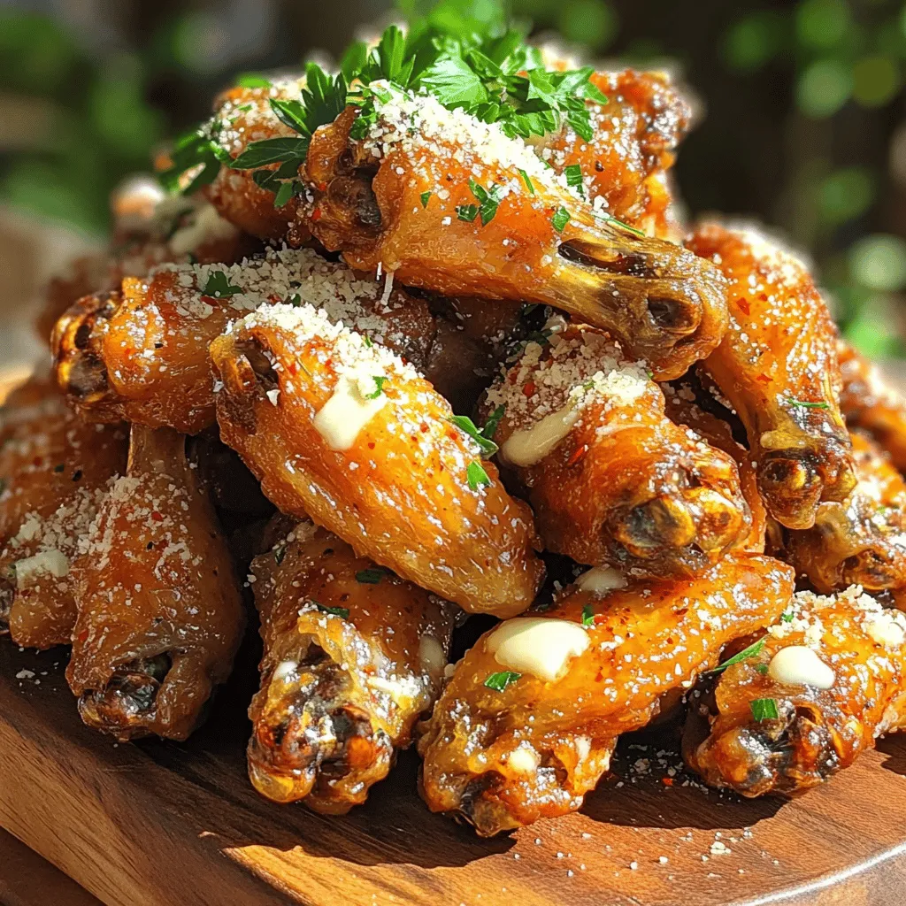 - 2 pounds chicken wings - 1/4 cup unsalted butter, melted - 4 cloves garlic, minced - 1 cup grated Parmesan cheese - 1 tablespoon dried Italian herbs (oregano, basil, thyme) - 1/2 teaspoon red pepper flakes (optional for heat) - Salt and black pepper to taste - Fresh parsley, chopped (for garnish) When making homemade garlic Parmesan wings, the quality of your ingredients matters. I always choose fresh chicken wings. They provide the best flavor and texture. Next, I use unsalted butter. This lets me control the saltiness. Fresh garlic brings a vibrant taste, while dried Italian herbs add depth. Parmesan cheese is crucial. I prefer using finely grated cheese, as it melts better and coats the wings evenly. If you like heat, add red pepper flakes. Just a bit can elevate the dish. Finally, salt and black pepper enhance all the flavors. Fresh parsley not only adds color but also freshness. For the full recipe, check out the detailed instructions. - Preheat the oven to 425°F (220°C). - Line a baking sheet with parchment paper. Start by preheating your oven. This step ensures that your wings cook evenly and get nice and crispy. While the oven warms, prepare your baking sheet. Parchment paper helps with easy cleanup and prevents the wings from sticking. - Combine melted butter, minced garlic, and seasonings. - Mix until well combined. In a large bowl, mix melted butter with minced garlic, Italian herbs, salt, and black pepper. If you like heat, add red pepper flakes. Stir until everything blends well. This garlic butter marinade is key to flavoring the wings. The butter makes them rich, while the garlic adds a punch. - Coat wings in the marinade. - Spread in a single layer on the baking sheet. - Bake for 35-40 minutes, flipping halfway. Now it’s time to coat the wings. Add the wings to the bowl with the marinade. Toss them well until they are fully covered. Next, lay the wings on the baking sheet in a single layer. This spacing helps them crisp up nicely. Bake the wings for 35 to 40 minutes. Flip them halfway for even cooking. They should turn golden brown and crispy. For the full recipe, check out the complete guide. To make your wings crispy, start by patting them dry. Use paper towels to remove moisture. This step is key because dry wings crisp better in the oven. Next, spacing on the baking sheet matters. Spread the wings out in a single layer. If they touch, they will steam instead of crisp. Keep at least an inch between each wing for best results. Choosing the right Parmesan cheese is crucial. Use fresh grated cheese for the best taste. Pre-grated cheese may not melt well and can lack flavor. Adjust the garlic amount to fit your taste. If you love garlic, add a bit more. If you prefer a milder flavor, cut back. Remember, the garlic gives wings their name, so find the right balance for you. Pair your wings with tasty dipping sauces. Ranch and blue cheese are popular choices. You can also try a spicy aioli for a twist. For side dishes, consider celery sticks and carrot sticks. They add a nice crunch and balance the rich wings. You can also serve them with a fresh salad for a light contrast. Enjoy your wings with friends and family! {{image_2}} You can spice things up with Spicy Garlic Parmesan Wings. Just add more red pepper flakes for extra heat. This change gives the wings a nice kick. If you want a fresh twist, try Herb-Infused Garlic Parmesan Wings. Use fresh herbs like thyme or basil. This will add a bright taste to the wings. For a quick option, use an air fryer. It cooks the wings faster. You will still get that crispy texture. Set it to 400°F and cook for about 25-30 minutes. Flip halfway for even cooking. If you prefer a smoky flavor, try grilling. Heat the grill to medium-high. Cook the wings for about 15-20 minutes. Turn them often to prevent burning. If you're gluten-free, use gluten-free chicken wings. Check the labels on your seasonings. Most should be fine, but it’s best to confirm. For a dairy-free option, you can swap out Parmesan cheese. Use nutritional yeast or a dairy-free cheese. This keeps the wings tasty without the dairy. For the Full Recipe, check the other sections of the article. Store your leftover wings in the fridge. Place them in an airtight container. They will stay fresh for up to three days. If you want to keep them longer, freeze the wings. Wrap them tightly in plastic wrap, then place them in a freezer bag. This method will keep them good for about three months. Reheating wings can be tricky. You want to keep them crispy. The best method is to use the oven. Preheat your oven to 375°F (190°C). Place the wings on a baking sheet and heat for about 10-15 minutes. Flip them halfway through to get even crispiness. The microwave is quicker but can make wings soggy. If you must use it, heat them for 30 seconds, then check and repeat if needed. In the fridge, garlic Parmesan wings last about three days. Check for freshness by smelling them. If they smell off or look strange, throw them away. For frozen wings, check for freezer burn. If you see ice crystals, they may not taste as good. Always trust your senses when it comes to food safety. Yes, you can use frozen chicken wings. Just make sure to defrost them first. You can do this in the fridge overnight or use the microwave for a quick thaw. Once thawed, follow the recipe as usual. Keep in mind that cooking times may change. Cook them for about 5-10 minutes longer to ensure they are fully cooked. To check if the wings are done, look for a golden brown color. The skin should be crispy. The best way to know for sure is to check the internal temperature. Use a meat thermometer to check if they reach 165°F (73.9°C). This ensures they are safe to eat. If you don’t have a thermometer, cut into one wing. The meat should be white, with no pink spots. Garlic parmesan wings pair well with many sauces. Here are some great options: - Ranch dressing: Creamy and cool, it complements the wings well. - Blue cheese dressing: A classic choice for wing lovers. - Hot sauce: For those who love heat, a splash adds zing. - Honey mustard: Sweet and tangy, it balances the garlic flavor. Feel free to mix and match! You can even create your own signature sauce. This blog post guides you through making delicious garlic Parmesan chicken wings. We covered ingredients, like chicken, butter, garlic, and spices. You learned step-by-step baking and tips for crispy wings. Variations help you explore new flavors, and storage tips keep leftovers fresh. Now you can enjoy tasty wings at home! Try different flavors and methods. Enjoy your cooking adventure and impress others with your skills.
