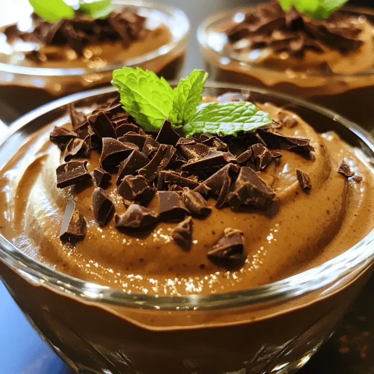 To make this chocolate avocado mousse, you will need: - 2 ripe avocados, peeled and pitted - 1/2 cup unsweetened cocoa powder - 1/4 cup pure maple syrup (or honey) - 1/4 cup almond milk (or coconut milk) - 1 teaspoon vanilla extract - Pinch of sea salt - Dark chocolate shavings (for garnish) - Fresh mint leaves (for garnish) If you can’t find ripe avocados, look for avocados that yield slightly when pressed. You can swap maple syrup with honey or agave nectar for sweetness. For a nut-free option, use oat milk instead of almond milk. If you want a richer flavor, try adding espresso powder. You can also experiment with flavored extracts, like almond or orange, to change the taste. Each serving of this mousse has about: - Calories: 250 - Protein: 3g - Carbohydrates: 30g - Fat: 15g - Fiber: 6g - Sugar: 10g This dessert is not only tasty but also packed with healthy fats from avocados. It is a great way to satisfy your sweet tooth while enjoying good nutrition. For the full recipe, check the earlier section. Start by picking ripe avocados. They should feel soft but not mushy. Cut the avocados in half, remove the pit, and scoop the flesh into your food processor. This creamy base is key to the mousse's texture. Once the avocados are in the processor, blend them until smooth. Add the unsweetened cocoa powder, maple syrup, almond milk, vanilla extract, and a pinch of sea salt. Blend until the mixture is glossy and creamy. Stop to scrape down the bowl if needed. Taste the mousse and adjust sweetness with more maple syrup if you like it sweeter. For the best texture, ensure your avocados are very ripe. If the mousse seems too thick, add a splash more almond milk. Chill the mousse for at least 30 minutes in the fridge. This helps it firm up and enhances the flavors. Top with dark chocolate shavings and fresh mint for a beautiful finish. Enjoy your rich and creamy dessert! For the full recipe, check out the details above. Choose avocados that feel slightly soft when you gently squeeze them. They should not be too mushy, as that means they are overripe. Look for avocados with a darker skin, but color can vary by type. If you find hard avocados, let them sit on your counter for a few days to ripen. You can speed up the process by placing them in a brown paper bag with an apple or banana. Taste your mousse after blending and see if it needs more sweetness. If you want it sweeter, add more maple syrup or honey a little at a time. You can also add a small pinch of salt to enhance the chocolate flavor. If you want a richer taste, try adding a splash of strong coffee or espresso. Just a little can make a big difference! To make your mousse look fancy, serve it in clear glasses or small bowls. This will show off its rich, creamy texture. Top each serving with dark chocolate shavings and a fresh mint leaf. You can also drizzle a bit of maple syrup on top for extra flair. Another idea is to add fresh berries for color and a bright flavor. These tips can turn a simple dessert into a showstopper! For the full recipe, check out the complete instructions and ingredients list. {{image_2}} You can make your chocolate avocado mousse even more exciting. Try adding a dash of cinnamon or a pinch of cayenne pepper. Both spices add a warm kick. If you love mint, add a few drops of peppermint extract. It gives your mousse a fresh twist. You can also swap in almond or orange extract for a unique flavor. Experimenting with these flavors can make your dessert special every time. Toppings can change the look and taste of your mousse. Instead of dark chocolate shavings, use crushed nuts like almonds or hazelnuts for a crunchy texture. You can also sprinkle some sea salt on top for a sweet-salty surprise. Fresh berries like raspberries or strawberries add color and a burst of flavor. For a creamy touch, add a dollop of coconut whipped cream. These toppings make your mousse look fancy and taste amazing. This chocolate avocado mousse is already dairy-free, making it great for many diets. If you want a vegan version, use maple syrup instead of honey. You can also replace almond milk with coconut milk for a richer taste. If you're looking for added protein, mix in some silken tofu. It blends well and keeps the mousse creamy. These small changes keep your dessert delicious while fitting different needs. To keep your chocolate avocado mousse fresh, store it in an airtight container. This helps to seal in moisture and flavor. If you use a bowl, cover it tightly with plastic wrap. Make sure the wrap touches the surface of the mousse. This prevents air from getting in and causing browning. Your mousse can last up to 3 days in the fridge. However, the sooner you eat it, the better it tastes. After a day or two, the mousse may start to lose its creamy texture. It's best to check for any changes in color or smell before serving. If the mousse looks brown or smells off, it’s time to toss it. You can freeze chocolate avocado mousse if you want to save some for later. Pour it into an airtight container, leaving some space for expansion. Freeze for up to 2 months. When you're ready to eat it, move it to the fridge overnight to thaw. Avoid microwaving it, as this can change the texture. Once thawed, stir gently to restore creaminess before serving. For the full recipe, check out the [Full Recipe]. Yes, you can use other sweeteners. Honey, agave, or stevia work well. Each sweetener gives a unique flavor. If you want a low-calorie option, try stevia. Adjust the amount based on your taste. Always blend the sweetener with the other ingredients. This helps mix the flavors well. Yes, it is safe to eat raw avocado. Avocados are healthy and packed with nutrients. They have good fats, vitamins, and minerals. Eating raw avocado in this mousse is common. Just make sure the avocado is ripe and fresh. Ripe avocados taste better and blend easier. To make the mousse more chocolatey, add more cocoa powder. Start with an extra tablespoon and blend well. You can also use darker chocolate. Melt dark chocolate and mix it in for depth. Taste the mousse after each addition to find your perfect balance. The more chocolate, the richer the flavor! For the full recipe, check the details above. This guide covered key points to make a delicious avocado mousse. We explored ingredients, substitutes, and even the right nutritional balance. I shared step-by-step instructions to help you get the perfect consistency. Tips on selecting ripe avocados and adjusting flavors were included. You can also try fun variations and learn safe storage options. Remember, with simple tweaks, you can create a mousse that fits your needs. Now, enjoy experimenting and tasting your creation!