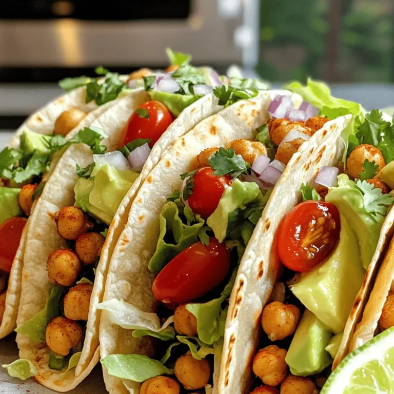 To make crispy chickpea tacos, you need a few key items: - 1 can (15 oz) chickpeas, drained and rinsed - 1 tablespoon olive oil - 1 teaspoon smoked paprika - 1 teaspoon cumin - 1 teaspoon garlic powder - ½ teaspoon onion powder - ½ teaspoon chili powder - Salt and pepper to taste - 8 small corn or flour tortillas - 1 cup shredded lettuce - 1 ripe avocado, diced - ½ cup cherry tomatoes, halved - ¼ cup red onion, finely chopped - ¼ cup fresh cilantro, chopped - Lime wedges for serving - Optional: Hot sauce for drizzling These ingredients come together to create a tasty and filling meal. The chickpeas are the star of this dish. They add great protein and fiber. The spices bring a warm and smoky flavor, making each bite exciting. You have two great choices for tortillas: corn and flour. - Corn tortillas: They have a nice, earthy taste and are gluten-free. They are thinner and crisp up well. - Flour tortillas: These are soft and chewy. They can hold more filling. Consider the size and thickness of the tortillas. Small tortillas work best for tacos. If you prefer a heartier taco, go for thicker tortillas. For extra flavor, consider these additions: - Hot sauce: Drizzle some on top for a spicy kick. - Lime wedges: Serve with lime for a fresh burst of flavor. These optional enhancements make the dish more fun and flavorful. They let you customize your tacos based on your taste. For the full recipe, check out my guide on crispy chickpea tacos! 1. Preheat your oven to 400°F (200°C). This step is key for crispy chickpeas. 2. Take a clean kitchen towel and spread the drained chickpeas on it. Pat them dry to remove all the excess moisture. This helps them get super crispy. 1. In a large bowl, toss the dried chickpeas with one tablespoon of olive oil. 2. Add the spices: one teaspoon of smoked paprika, one teaspoon of cumin, one teaspoon of garlic powder, half a teaspoon of onion powder, and half a teaspoon of chili powder. 3. Don’t forget to sprinkle in salt and pepper to taste. 4. Mix well to ensure even distribution of seasoning. Every chickpea should be coated in flavor. 1. Spread the seasoned chickpeas in a single layer on a baking sheet lined with parchment paper. 2. Bake them in the preheated oven for 25-30 minutes. 3. Remember to shake the pan halfway through baking. This tip helps them cook evenly and get golden brown. 1. While your chickpeas bake, warm the tortillas in a skillet over low heat. Heat them for about 30 seconds on each side. This makes them more flexible. 2. Once the chickpeas are crispy, divide them among the warmed tortillas. 3. Top with shredded lettuce, diced avocado, halved cherry tomatoes, finely chopped red onion, and fresh cilantro for added flavor and texture. 4. Squeeze fresh lime juice over the tacos and drizzle hot sauce if you like some heat. For a complete guide, check out the Full Recipe. To make crispy chickpeas, start by drying them well. After draining the chickpeas, spread them on a clean towel. Pat them dry to remove moisture. This step is key for a crunchy texture. Next, focus on baking techniques. Spread the chickpeas in a single layer on a baking sheet. Use parchment paper to prevent sticking. Bake them at 400°F for 25-30 minutes. Remember to shake the pan halfway through. This helps them cook evenly and get that golden crunch. Spice things up with different blends. Try adding cayenne pepper for heat or paprika for smokiness. You can also use taco seasoning for a fun twist. Don’t be afraid to mix and match spices to find your favorite flavor. Consider adding toppings for more taste. Fresh cilantro adds brightness, while diced jalapeños can bring heat. You can switch up the toppings based on what you love. Think about roasted corn, pickled onions, or even a dollop of yogurt. Make your meal complete with sides. Serve the tacos with a fresh salad or Mexican rice. You can also add a bowl of guacamole for dipping. This makes for a fun, shareable meal. For presentation, stack the tacos in a tall tower. Use colorful plates to make the dish pop. You can even serve with lime wedges on the side. This adds a nice touch and helps brighten the flavors. For the full recipe, click here: [Full Recipe]. {{image_2}} You can easily make these tacos even more exciting. Try adding different plant-based toppings. Some great choices include: - Sliced radishes for crunch - Shredded carrots for color - Fresh jalapeños for heat - A dollop of vegan sour cream for creaminess If you want a fun twist, use lettuce wraps instead of tortillas. This option is light and fresh. You can also try cabbage leaves for a crunchy bite. For those who need gluten-free options, corn tortillas work great. They add a lovely flavor that pairs well with crispy chickpeas. Other gluten-free choices include: - Brown rice tortillas - Quinoa tortillas When it comes to toppings, go with fresh ingredients. Ideas include: - Diced bell peppers - Avocado - Fresh herbs like parsley or cilantro These toppings keep the meal light and tasty. Want to boost the protein in your tacos? You can add beans or tofu. Black beans or pinto beans mix well with the chickpeas. Tofu can be crispy or soft, depending on your preference. For texture, mix crispy chickpeas with creamy avocado. This combination keeps each bite interesting. You can also add some roasted corn for sweetness and crunch. Each of these options helps make your tacos hearty and filling. For the full recipe, check out the [Full Recipe]. To keep your crispy chickpea tacos fresh, cool them first. Let them sit out for about 30 minutes. Once cool, store the tacos in an airtight container. They stay good in the fridge for about 3 days. If you add toppings like avocado or lettuce, eat those within a day for best taste. For the best crispiness, reheat the chickpeas in the oven. Set it to 350°F (175°C) and bake for about 10 minutes. This helps them stay crunchy. You can also use an air fryer at the same temperature for 5-7 minutes. If you don’t mind the loss of some texture, a microwave works too. Just heat them in short bursts to avoid sogginess. You can freeze the chickpeas, but not the assembled tacos. Spread them out on a baking sheet first. Once frozen, move them to a freezer bag. They last about 2 months in the freezer. To reheat frozen chickpeas, bake them at 400°F (200°C) for 15-20 minutes. This brings back their crunch. Remember, fresh toppings should be added after reheating for the best flavor. For the full recipe, check the earlier sections. Making crispy chickpea tacos is quick! You need about 10 minutes for prep. The cooking time is around 25-30 minutes. In total, it takes about 40 minutes to enjoy this tasty meal. Yes, you can prep ahead! Cook the chickpeas and store them in the fridge. You can warm the tortillas and add toppings when you are ready to eat. This keeps everything fresh and tasty. If you don’t have chickpeas, try black beans or lentils. You can also use cooked quinoa for a different taste. These options still give you a good texture and flavor. Absolutely! This recipe is great for meal prep. You can batch-cook chickpeas and store them for easy lunches or dinners. Just reheat and assemble when you need a quick meal. Want more heat? Add jalapeños or hot sauce for a kick. You can also mix in cayenne pepper or use spicy salsa. Adjust the spice level to fit your taste! These crispy chickpea tacos are tasty and easy to make. We covered all the key steps, from preparing the chickpeas to choosing the right tortillas. You can customize flavors and toppings to make them your own. Remember, crispiness comes from drying the chickpeas well and using the right baking techniques. Whether you’re vegan or gluten-free, you have many options. Enjoy these tacos as a healthy meal or snack. They are great for meal prep and sure to impress friends or family. Try them out and taste the difference!