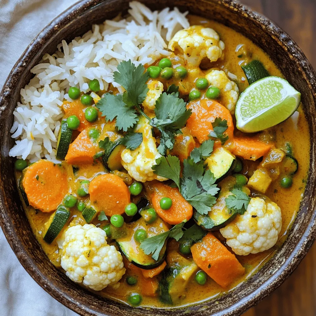 For a quick and tasty Easy Vegetable Curry, gather these ingredients: - 1 tablespoon coconut oil - 1 medium onion, chopped - 2 garlic cloves, minced - 1 tablespoon fresh ginger, grated - 1 tablespoon curry powder - 1 teaspoon ground cumin - 1 can (14 oz) coconut milk - 1 cup vegetable broth - 1 large carrot, sliced - 1 bell pepper (any color), chopped - 1 zucchini, diced - 1 cup cauliflower florets - 1 cup green peas (fresh or frozen) - Salt and pepper to taste - Fresh cilantro for garnish You can swap some ingredients for your taste. Here are some ideas: - Use olive oil instead of coconut oil for a different flavor. - If you lack fresh ginger, use 1 teaspoon of ground ginger. - Instead of coconut milk, almond milk works well for a lighter curry. - You can use any vegetable broth or even chicken broth if you prefer. - If you don’t have a zucchini, try using yellow squash or mushrooms. - For added protein, toss in chickpeas or cooked lentils. Choose fresh vegetables for the best taste. Here’s how: - Look for firm, bright colors in carrots and bell peppers. - Check that zucchini is smooth and not wrinkled. - Choose cauliflower that is white and compact. - For peas, fresh ones should be plump and green. - Always smell the vegetables. They should have a fresh scent. These tips and substitutions will help you make a great Easy Vegetable Curry. For the full recipe, check out the details above. First, gather all your ingredients. You will need coconut oil, onion, garlic, ginger, curry powder, cumin, coconut milk, vegetable broth, and fresh veggies like carrots, bell peppers, zucchini, cauliflower, and green peas. Chop the onion, mince the garlic, and grate the ginger. Slice the carrot and dice the zucchini. This will save you time later. Heat the coconut oil in a large pot over medium heat. Add the chopped onion and cook for about five minutes until it turns clear. Next, mix in the minced garlic and grated ginger. Cook for one to two minutes until it smells great. Then, add the curry powder and cumin. Stir for one minute to blend the flavors. Pour in the coconut milk and vegetable broth. Mix well. Now, add the sliced carrot, chopped bell pepper, diced zucchini, and cauliflower florets to the pot. Bring the mix to a light simmer. Cover it and let it cook for 15 to 20 minutes. The veggies should become soft. Finally, stir in the green peas and season with salt and pepper. Cook for another five minutes. When serving your curry, I recommend a bed of fluffy basmati rice or warm naan bread. This adds a nice touch. Drizzle some lime juice over the curry for a zesty flavor. Finish with fresh cilantro on top for color and taste. Enjoy your meal! For the full recipe, refer to the earlier section. To make your vegetable curry shine, think about adding more spices. You can try turmeric for warmth or coriander for a fresh taste. A squeeze of lime juice adds brightness. Fresh herbs like cilantro elevate the dish. You can also add a pinch of sugar to balance the spices. Start by cooking your onions until soft. This builds a great base. Sauté garlic and ginger next to bring out their flavor. Don't rush this step; let them cook for 1-2 minutes. When adding spices, toast them briefly to unlock their full flavor. Always simmer your curry gently to keep the veggies tender. One common mistake is overcooking the vegetables. They should stay crisp and colorful. Another mistake is not seasoning enough. Taste your curry as it cooks and adjust salt and pepper. Lastly, avoid adding too many ingredients at once. Stick to the recipe for the best results, like the full recipe I shared. Each step builds flavor and texture, making your dish truly delicious. {{image_2}} You can boost your vegetable curry with protein. Tofu is a great choice. It soaks up flavors well. Cut firm tofu into cubes and sauté it until golden. Then, add it to the curry. Chickpeas are another option. They add a nice texture and taste. Just rinse canned chickpeas and toss them in near the end. Both options make the dish more filling and nutritious. Do you like spice? You can easily turn up the heat. Start with a pinch of cayenne pepper or chili flakes. Add them when you cook the onion. If you want more heat, use fresh chilies. Slice them thin and add to the pot. Taste as you go to find the right level for you. Just remember, it’s easier to add more spice than to take it out! Feel free to swap in your favorite veggies. Sweet potatoes or butternut squash work well. They add a creamy texture and sweetness. Broccoli and green beans are also great. They cook quickly and keep their crunch. You can mix and match based on what you have. This flexibility makes the dish fun and unique each time. For the full recipe, check back for the ingredient list and cooking steps! After you enjoy your easy vegetable curry, let it cool down. Transfer it to an airtight container. This helps keep the curry fresh. Store it in the fridge for up to four days. If you have a lot left, consider freezing some. To freeze your vegetable curry, use a freezer-safe container. Leave some space at the top. The curry will expand as it freezes. It can last for up to three months in the freezer. When you’re ready to eat it, just thaw it overnight in the fridge. To reheat your curry, you can use the microwave or stovetop. If using a microwave, put the curry in a bowl. Heat it for one to two minutes. Stir halfway through to warm it evenly. For stovetop, place it in a pot over low heat. Stir often until it’s hot. If it’s too thick, add a splash of water or broth. Enjoy it again with fresh rice or bread! I love serving Easy Vegetable Curry over fluffy basmati rice. It helps soak up all the flavors. You can also serve it with warm naan bread. A drizzle of lime juice adds great zest. Fresh cilantro on top makes it look nice and bright. Easy Vegetable Curry lasts about 3 to 4 days in the fridge. Make sure to store it in an airtight container. This keeps the curry fresh and tasty. Just heat it up on the stove or in the microwave before serving. Yes, you can make Easy Vegetable Curry ahead of time. It tastes even better the next day as the flavors meld. Just cool it down and store it in the fridge. This dish is perfect for meal prep or quick dinners. For the full recipe, check out the detailed instructions above. You learned about the key ingredients for a great vegetable curry and how to pick fresh veggies. I shared step-by-step instructions for preparing and cooking your dish. You now have tips to enhance flavor and avoid mistakes. We explored variations like adding protein or adjusting the heat. Lastly, I provided storage tips for leftovers and answered common questions. Enjoying this dish is simple, and it can be fun to make. Try different options to find your favorite version of easy vegetable curry. You will love it!