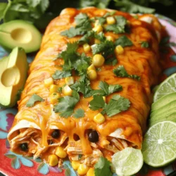 To make these easy chicken enchiladas, gather the following ingredients: - 2 cups cooked chicken, shredded - 1 cup black beans, drained and rinsed - 1 cup corn kernels (fresh, frozen, or canned) - 1 cup shredded cheddar cheese - 1 teaspoon ground cumin - 1 teaspoon chili powder - ¼ teaspoon garlic powder - Salt and pepper to taste - 8 small flour tortillas - 1 cup enchilada sauce (store-bought or homemade) - Fresh cilantro, for garnish - Sour cream, for serving (optional) To prepare these enchiladas, you will need: - A large mixing bowl - A 9x13 inch baking dish - Aluminum foil - A spatula - A measuring cup and spoons - A knife and cutting board You can enhance your enchiladas with these tasty toppings: - Fresh avocado slices - Lime wedges - Additional cheese for extra gooeyness - Sliced jalapeños for heat - Chopped green onions for a fresh crunch Using these ingredients and tools, you can create a delicious dish that is simple and full of flavor. If you're interested in the full recipe, just refer to the previous section. Enjoy crafting your enchiladas! Start by preheating your oven to 375°F (190°C). This step is vital for getting those enchiladas nice and hot. While the oven heats, grab a large mixing bowl. In this bowl, combine 2 cups of shredded cooked chicken, 1 cup of drained black beans, and 1 cup of corn. Add half of the cheese, 1 teaspoon of cumin, 1 teaspoon of chili powder, and ¼ teaspoon of garlic powder. Don't forget to sprinkle in some salt and pepper to taste. Mix everything well until it is all combined. This filling is packed with flavor and makes the enchiladas so tasty. Now, let’s make the enchiladas! Take a flour tortilla and lay it flat. Scoop a generous amount of the chicken filling into the center. Roll the tortilla tightly, then place it seam-side down in a greased 9x13 inch baking dish. Repeat this with the other tortillas and filling until your dish is full. You want to ensure each tortilla is tightly rolled to hold all that delicious filling. Once you have all the enchiladas in the dish, it’s time to add the sauce. Pour 1 cup of enchilada sauce evenly over the rolled tortillas. Make sure each one is covered. Then, sprinkle the remaining cheddar cheese on top. Cover the dish with aluminum foil and place it in the oven. Bake for 20 minutes, then remove the foil. Bake for another 10 to 15 minutes until the cheese is bubbly and slightly golden. This final step gives you that perfect cheesy crust. To make your enchiladas shine, use fresh ingredients. Shredded chicken should be juicy and flavorful. Mix black beans and corn for added texture. When assembling, don't overfill the tortillas. A good roll keeps the filling inside. Make sure to cover your enchiladas with sauce. This keeps them moist while baking. A sprinkle of cheese on top gives a nice, golden finish. Bake until bubbly for the best result. One common mistake is using too much filling. This makes rolling hard and can cause spills. Another mistake is not using enough sauce. If the enchiladas dry out, they won't taste great. Don't skip the resting time after baking. Letting them cool helps the flavors blend. Lastly, avoid using old tortillas. Fresh tortillas keep the enchiladas soft and tasty. Serve your enchiladas on a colorful platter. A sprinkle of fresh cilantro adds a nice touch. Pair them with avocado slices and lime wedges. This adds freshness and flavor. You can also serve sour cream on the side for a creamy contrast. For drinks, a light beer or iced tea works well. For the full recipe, check the detailed steps above. {{image_2}} You can easily make chicken enchiladas vegetarian. Just swap the chicken for veggies. Use black beans, bell peppers, and zucchini. You can also add some sautéed onions and mushrooms for extra flavor. This mix gives you a hearty filling that everyone can enjoy. If you like heat, add a spicy salsa. Mix diced jalapeños or hot sauce into the filling. You can also pour spicy salsa over the top before baking. This adds a nice kick and makes your enchiladas extra tasty. Adjust the heat to fit your taste. Cheese brings creamy goodness to your enchiladas. While cheddar is a classic choice, you can try others. Monterey Jack melts beautifully and adds a mild flavor. For a sharp taste, use pepper jack cheese. Feel free to mix cheeses for a unique twist. Each type changes the flavor, making every batch special. For complete details on making these delicious enchiladas, check the Full Recipe. After enjoying your enchiladas, you can store leftovers easily. Place them in an airtight container. Make sure to let them cool first. This keeps the flavors fresh. Store the container in the fridge. The enchiladas will stay good for about three to four days. If you want to keep them longer, freezing is a better option. When you’re ready to eat your leftovers, reheating is simple. Preheat your oven to 350°F (175°C). Place the enchiladas in an oven-safe dish. Cover them with foil to keep them moist. Heat for about 20 minutes. If you want them extra cheesy, add more cheese on top before reheating. You can also microwave them. Just heat in short bursts. Check often to avoid overcooking. Freezing enchiladas is a great way to save them for later. Wrap each enchilada tightly in plastic wrap. Then, place them in a freezer-safe bag. Make sure to remove as much air as possible. Label the bag with the date. They will stay fresh for up to three months. When you're ready to eat, thaw them in the fridge overnight before reheating. This way, they taste almost like fresh! Yes, you can use chicken thighs. Thighs add more flavor and moisture. They can keep the enchiladas juicy. Just cook them the same way as the breasts. Shred the thighs and mix with the other filling ingredients. To make gluten-free enchiladas, swap the flour tortillas for corn tortillas. Corn tortillas work well and add a nice texture. Check the enchilada sauce too. Ensure it is gluten-free. Many store-bought sauces are safe, but always read the label. If you lack enchilada sauce, you can use salsa. Salsa gives a fresh taste. Just pour it over the rolled enchiladas, like the sauce. You can also mix tomato sauce with spices. Add cumin, chili powder, and garlic powder for flavor. For a richer sauce, try mixing sour cream with salsa. This will create a creamy and tasty addition. For the full recipe, check out the details above. This article covered the key steps to make delicious enchiladas. We explored the ingredients, kitchen tools, and assembly process. I shared tips to avoid common mistakes and provided variation ideas for different tastes. Making enchiladas can be fun and easy. Enjoy creating different flavors and feeding loved ones. Remember to store leftovers properly to enjoy them later. With this guide, you are now ready to impress your friends and family.