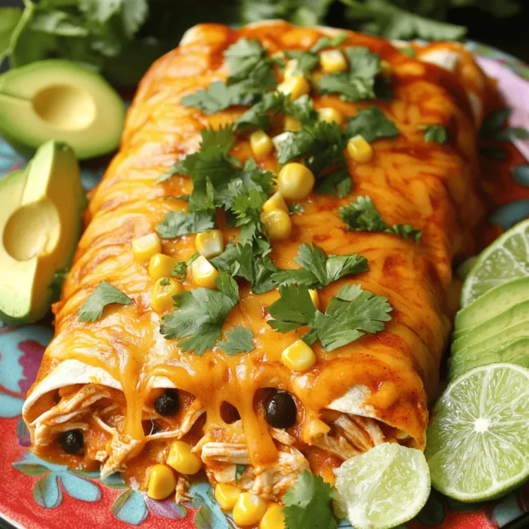 To make these easy chicken enchiladas, gather the following ingredients: - 2 cups cooked chicken, shredded - 1 cup black beans, drained and rinsed - 1 cup corn kernels (fresh, frozen, or canned) - 1 cup shredded cheddar cheese - 1 teaspoon ground cumin - 1 teaspoon chili powder - ¼ teaspoon garlic powder - Salt and pepper to taste - 8 small flour tortillas - 1 cup enchilada sauce (store-bought or homemade) - Fresh cilantro, for garnish - Sour cream, for serving (optional) To prepare these enchiladas, you will need: - A large mixing bowl - A 9x13 inch baking dish - Aluminum foil - A spatula - A measuring cup and spoons - A knife and cutting board You can enhance your enchiladas with these tasty toppings: - Fresh avocado slices - Lime wedges - Additional cheese for extra gooeyness - Sliced jalapeños for heat - Chopped green onions for a fresh crunch Using these ingredients and tools, you can create a delicious dish that is simple and full of flavor. If you're interested in the full recipe, just refer to the previous section. Enjoy crafting your enchiladas! Start by preheating your oven to 375°F (190°C). This step is vital for getting those enchiladas nice and hot. While the oven heats, grab a large mixing bowl. In this bowl, combine 2 cups of shredded cooked chicken, 1 cup of drained black beans, and 1 cup of corn. Add half of the cheese, 1 teaspoon of cumin, 1 teaspoon of chili powder, and ¼ teaspoon of garlic powder. Don't forget to sprinkle in some salt and pepper to taste. Mix everything well until it is all combined. This filling is packed with flavor and makes the enchiladas so tasty. Now, let’s make the enchiladas! Take a flour tortilla and lay it flat. Scoop a generous amount of the chicken filling into the center. Roll the tortilla tightly, then place it seam-side down in a greased 9x13 inch baking dish. Repeat this with the other tortillas and filling until your dish is full. You want to ensure each tortilla is tightly rolled to hold all that delicious filling. Once you have all the enchiladas in the dish, it’s time to add the sauce. Pour 1 cup of enchilada sauce evenly over the rolled tortillas. Make sure each one is covered. Then, sprinkle the remaining cheddar cheese on top. Cover the dish with aluminum foil and place it in the oven. Bake for 20 minutes, then remove the foil. Bake for another 10 to 15 minutes until the cheese is bubbly and slightly golden. This final step gives you that perfect cheesy crust. To make your enchiladas shine, use fresh ingredients. Shredded chicken should be juicy and flavorful. Mix black beans and corn for added texture. When assembling, don't overfill the tortillas. A good roll keeps the filling inside. Make sure to cover your enchiladas with sauce. This keeps them moist while baking. A sprinkle of cheese on top gives a nice, golden finish. Bake until bubbly for the best result. One common mistake is using too much filling. This makes rolling hard and can cause spills. Another mistake is not using enough sauce. If the enchiladas dry out, they won't taste great. Don't skip the resting time after baking. Letting them cool helps the flavors blend. Lastly, avoid using old tortillas. Fresh tortillas keep the enchiladas soft and tasty. Serve your enchiladas on a colorful platter. A sprinkle of fresh cilantro adds a nice touch. Pair them with avocado slices and lime wedges. This adds freshness and flavor. You can also serve sour cream on the side for a creamy contrast. For drinks, a light beer or iced tea works well. For the full recipe, check the detailed steps above. {{image_2}} You can easily make chicken enchiladas vegetarian. Just swap the chicken for veggies. Use black beans, bell peppers, and zucchini. You can also add some sautéed onions and mushrooms for extra flavor. This mix gives you a hearty filling that everyone can enjoy. If you like heat, add a spicy salsa. Mix diced jalapeños or hot sauce into the filling. You can also pour spicy salsa over the top before baking. This adds a nice kick and makes your enchiladas extra tasty. Adjust the heat to fit your taste. Cheese brings creamy goodness to your enchiladas. While cheddar is a classic choice, you can try others. Monterey Jack melts beautifully and adds a mild flavor. For a sharp taste, use pepper jack cheese. Feel free to mix cheeses for a unique twist. Each type changes the flavor, making every batch special. For complete details on making these delicious enchiladas, check the Full Recipe. After enjoying your enchiladas, you can store leftovers easily. Place them in an airtight container. Make sure to let them cool first. This keeps the flavors fresh. Store the container in the fridge. The enchiladas will stay good for about three to four days. If you want to keep them longer, freezing is a better option. When you’re ready to eat your leftovers, reheating is simple. Preheat your oven to 350°F (175°C). Place the enchiladas in an oven-safe dish. Cover them with foil to keep them moist. Heat for about 20 minutes. If you want them extra cheesy, add more cheese on top before reheating. You can also microwave them. Just heat in short bursts. Check often to avoid overcooking. Freezing enchiladas is a great way to save them for later. Wrap each enchilada tightly in plastic wrap. Then, place them in a freezer-safe bag. Make sure to remove as much air as possible. Label the bag with the date. They will stay fresh for up to three months. When you're ready to eat, thaw them in the fridge overnight before reheating. This way, they taste almost like fresh! Yes, you can use chicken thighs. Thighs add more flavor and moisture. They can keep the enchiladas juicy. Just cook them the same way as the breasts. Shred the thighs and mix with the other filling ingredients. To make gluten-free enchiladas, swap the flour tortillas for corn tortillas. Corn tortillas work well and add a nice texture. Check the enchilada sauce too. Ensure it is gluten-free. Many store-bought sauces are safe, but always read the label. If you lack enchilada sauce, you can use salsa. Salsa gives a fresh taste. Just pour it over the rolled enchiladas, like the sauce. You can also mix tomato sauce with spices. Add cumin, chili powder, and garlic powder for flavor. For a richer sauce, try mixing sour cream with salsa. This will create a creamy and tasty addition. For the full recipe, check out the details above. This article covered the key steps to make delicious enchiladas. We explored the ingredients, kitchen tools, and assembly process. I shared tips to avoid common mistakes and provided variation ideas for different tastes. Making enchiladas can be fun and easy. Enjoy creating different flavors and feeding loved ones. Remember to store leftovers properly to enjoy them later. With this guide, you are now ready to impress your friends and family.