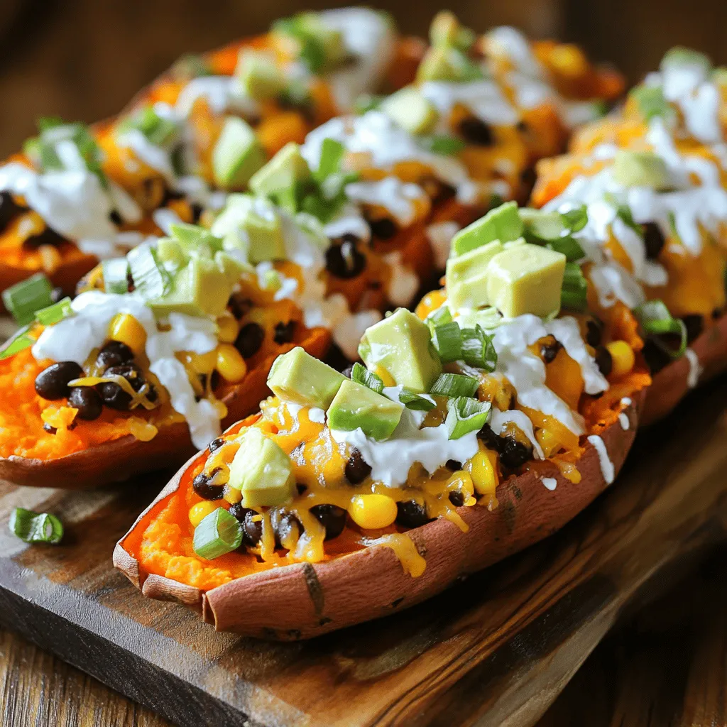 To make loaded sweet potato skins, you need a few key items. Here’s what you will need: - 4 medium sweet potatoes - 1 cup cooked black beans (rinsed and drained) - 1 cup corn kernels (fresh or frozen) - 1 cup shredded cheddar cheese (or dairy-free alternative) - 1 ripe avocado, diced - 1/2 cup Greek yogurt (or vegan yogurt) - 1/4 cup green onions, finely chopped - 1 teaspoon smoked paprika - 1 teaspoon cumin - Salt and pepper to taste - Olive oil for brushing These ingredients blend well to create a tasty treat that people love. You can add fun toppings to make your skins even better. Here are some ideas: - Crumbled feta cheese - Salsa or pico de gallo - Chopped cilantro or parsley - Jalapeño slices for some heat - A squeeze of lime juice Feel free to mix and match these toppings to suit your taste. If you can’t find an ingredient, don’t worry! Here are some easy swaps: - Use kidney beans instead of black beans - Try quinoa for added protein - Swap out cheddar cheese for pepper jack for a spicy kick - Use sour cream instead of Greek yogurt These substitutes keep the dish yummy while using what you have on hand. For the complete recipe, check out the Full Recipe section. Start by preheating your oven to 400°F (200°C). Wash the sweet potatoes well under cold water. Scrub off any dirt, then pat them dry with a towel. Next, pierce each sweet potato several times with a fork. This step helps them cook evenly. Place the sweet potatoes on a baking sheet. Brush them lightly with olive oil and sprinkle some salt on top. Bake them for 45-50 minutes. They should be tender when you pierce them with a knife. Once they cool a bit, slice each potato in half lengthwise. Scoop out some flesh, leaving a thin layer. Save the scooped flesh for later use, like a tasty mash. In a mixing bowl, combine 1 cup of cooked black beans and 1 cup of corn kernels. You can use fresh or frozen corn. Add half of the shredded cheese to the bowl. Sprinkle in 1 teaspoon of smoked paprika and 1 teaspoon of cumin. Season with salt and pepper to taste. Mix everything well until it’s combined. This filling is packed with flavor and will make your sweet potato skins a hit! Now it’s time to fill the sweet potato skins. Spoon the filling into each half evenly. Make sure to distribute it well. Top each filled skin with the remaining cheese. This will give a nice cheesy crust. Place the loaded sweet potato skins back in the oven. Bake them for an additional 10-15 minutes. You want the cheese to be bubbly and golden. Once done, take them out and let them cool for a minute. Top each one with diced avocado, Greek yogurt, and chopped green onions. This adds freshness and color. Enjoy your loaded sweet potato skins! For the complete process, check the Full Recipe. Start with fresh sweet potatoes. Look for firm ones with no soft spots. Wash them well to remove dirt. Always pierce the skins with a fork. This helps steam escape while baking. Bake at 400°F for even cooking. If you want a quicker method, you can microwave them. Just poke the skin and microwave for about 5-8 minutes, turning halfway. For crispy skins, brush them with olive oil before baking. This adds flavor and crunch. Add salt to enhance the taste. Bake them until they are tender inside and the skins are crisp. If you want extra crispiness, broil them for a minute after baking. Keep an eye on them to avoid burning. These loaded sweet potato skins are great as appetizers or snacks. Serve them warm with a dollop of Greek yogurt on top. Sprinkle extra green onions for a fresh touch. Pair with a side salad for a complete meal. You can also add salsa or hot sauce for a zesty kick. Enjoy them at parties or family gatherings. Check out the Full Recipe for more details! {{image_2}} You can easily make loaded sweet potato skins vegetarian or vegan. For a vegetarian option, simply use regular cheese and Greek yogurt. If you want a vegan twist, choose a dairy-free cheese and a plant-based yogurt. You can also add more veggies to the filling, like bell peppers or mushrooms. They add color and taste without meat. Cheese is key for flavor. You can try different types like mozzarella or pepper jack. Each cheese gives a unique taste. For protein, black beans work great, but you can use cooked quinoa or lentils too. These swaps keep your skins tasty and filling. If you like spice, add jalapeños or crushed red pepper to your filling. This gives your skins a nice kick. You can also mix in some taco seasoning for a zesty punch. A squeeze of lime juice adds brightness to the dish. The mix of flavors makes every bite exciting. For the full recipe, check out the delicious details. Store your leftover loaded sweet potato skins in an airtight container. Make sure they cool down first. Place a paper towel at the bottom of the container to soak up moisture. This helps keep the skins crispy. They can last in the fridge for about three days. For the best taste, reheat the skins in the oven. Preheat your oven to 350°F (175°C). Place the skins on a baking sheet and cover them with foil. Heat for about 10-15 minutes or until warm. This keeps the cheese melty and the skins nice and crisp. You can freeze loaded sweet potato skins if you want to save them for later. Wrap each skin tightly in plastic wrap. Then, place them in a freezer bag. They keep well for about three months. When you’re ready to eat, thaw in the fridge overnight. Then, reheat them in the oven as mentioned above for the best texture. Yes, you can prepare Loaded Sweet Potato Skins ahead of time. Bake the sweet potatoes and scoop out the flesh. Store the skins in the fridge. You can also make the filling and keep it separate. When you are ready to serve, fill the skins and bake them. This method saves time and allows for easy serving. I love using shredded cheddar cheese for Loaded Sweet Potato Skins. It melts well and adds great flavor. You can also try Monterey Jack or pepper jack for a kick. If you want a dairy-free option, use vegan cheese. Just ensure it melts nicely for the best texture. This recipe is naturally gluten-free! Sweet potatoes do not contain gluten. Just be sure to check all other ingredients. Use gluten-free Greek yogurt or substitute with dairy-free options. Always read labels to ensure safety for those with gluten allergies. Enjoy your tasty treat without worry! Loaded sweet potato skins are a tasty treat that everyone can enjoy. You learned about the key ingredients, step-by-step instructions, and helpful tips for the best results. There are many ways to customize your dish, whether you prefer vegetarian options or spicy flavors. Proper storage and reheating can keep your leftovers fresh and delicious. Now, it's time to enjoy making and sharing this fun dish with friends and family!