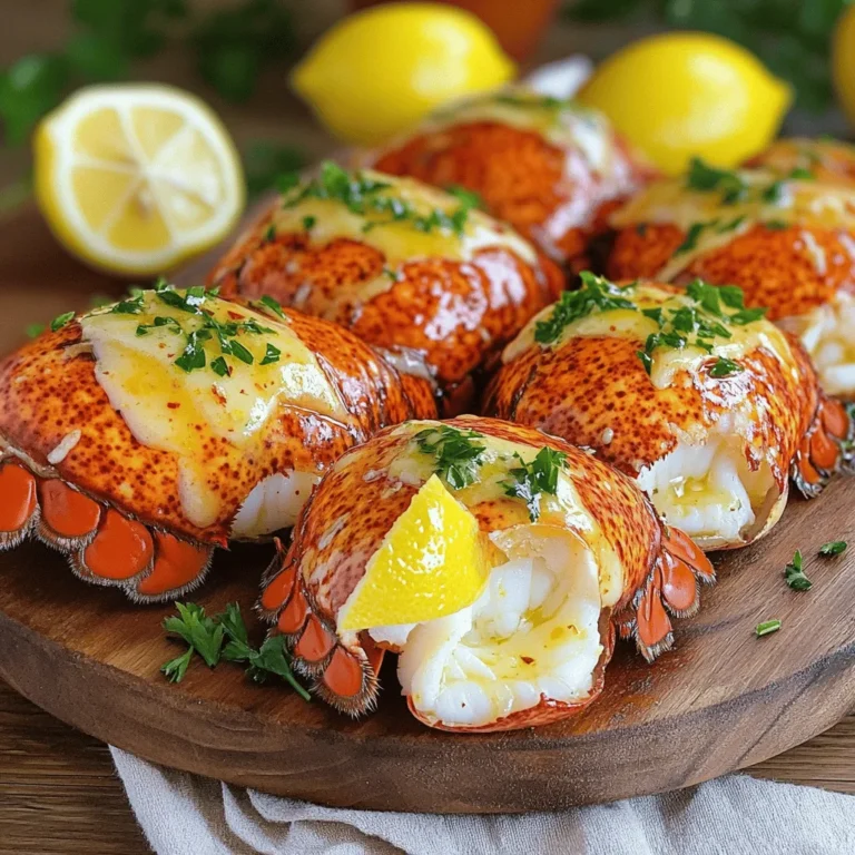 For garlic butter lobster tails, you will need: - 4 lobster tails - 6 tablespoons unsalted butter - 4 cloves garlic, minced - 1 tablespoon fresh lemon juice - 1 teaspoon smoked paprika - 1 teaspoon fresh parsley, chopped (plus more for garnish) - Salt and pepper to taste - Lemon wedges, for serving These ingredients create a rich flavor that highlights the lobster's natural sweetness. The combination of butter and garlic adds a savory touch. The lemon juice brightens the dish and the smoked paprika gives a hint of warmth. You can add more flavor with these optional items: - Red pepper flakes for heat - Fresh herbs like thyme or tarragon - A splash of white wine for depth These extras can take your dish from good to great. If you like heat, red pepper flakes work well. Fresh herbs can add a garden-fresh taste. A splash of wine can enhance the overall profile. To make this dish, gather these tools: - Kitchen scissors - Small saucepan - Baking sheet - Parchment paper - Brush for basting Having the right tools makes cooking easier. Kitchen scissors help you cut the lobster tails safely. A baking sheet with parchment paper helps with cleanup. A brush is great for basting the tails with garlic butter. For the full recipe, check the section above. Start by preheating your oven to 375°F (190°C). Next, grab your kitchen scissors. Cut down the top of each lobster tail shell. Stop just before the tail fin. Gently pull apart the shell to reveal the lobster meat. For a nice touch, pull the meat slightly out of the shell. In a small saucepan, melt 6 tablespoons of unsalted butter over medium heat. Once melted, add 4 cloves of minced garlic. Stir and cook for about one minute. You want the garlic fragrant but not brown. Next, mix in 1 tablespoon of fresh lemon juice, 1 teaspoon of smoked paprika, salt, and pepper. Blend it well to create a rich garlic butter sauce. Now, brush the garlic butter sauce generously over the lobster meat. Save some sauce for basting while cooking. Place the lobster tails on a baking sheet lined with parchment paper. Bake them in your preheated oven for 12-15 minutes. Halfway through, baste with the reserved garlic butter. The lobster is ready when the meat turns opaque and is fully cooked. Once finished, take them out and sprinkle with fresh parsley. Serve with lemon wedges for a bright flavor. For the complete experience, check out the Full Recipe. To cook lobster tails just right, follow these steps. First, always use fresh lobster tails. Freshness affects taste and texture. For even cooking, thaw frozen lobster tails in the fridge overnight. When cutting the shell, use sharp kitchen scissors. Cut down the center, stopping before the tail fin. This helps the meat cook evenly. Bake the tails at 375°F (190°C) for 12 to 15 minutes. Check for opaque meat to know they are done. Basting with garlic butter halfway through adds flavor and moisture. Flavor is key to great lobster tails. Use quality unsalted butter for rich taste. Fresh garlic brings a bold kick. Mince garlic finely, so it distributes well in the butter. Adding smoked paprika gives a subtle smokiness. Fresh lemon juice brightens the dish. Don't skip salt and pepper; they enhance the flavor. For a touch of color, sprinkle fresh parsley on top before serving. This mix of flavors makes each bite a delight. Presentation matters for a dish like this. Place lobster tails on a large platter. Drizzle the remaining garlic butter over the tails for a glossy look. Garnish with extra parsley for color. Serve lemon wedges on the side, adding a fresh zing. You can also add a side of steamed veggies or a light salad. This balance creates a stunning meal. For the full recipe, make sure to check the details provided. {{image_2}} You can change the flavor of garlic butter lobster tails with simple spices. Try adding a pinch of cayenne pepper for heat. A dash of lemon zest gives a bright touch. You can also use fresh herbs like dill or tarragon for unique tastes. If you love a bit of sweetness, add a hint of brown sugar to the butter mix. Mixing flavors keeps each meal exciting. You don’t have to bake your lobster tails. Grilling adds a smoky flavor. Just brush the garlic butter on the meat before placing it on the grill. Cook for about 6-8 minutes on medium heat. Broiling is another great option. Place the tails under the broiler for 10 minutes. Both methods give a nice char and enhance the taste. Garlic butter lobster tails pair well with many sides. A fresh green salad balances the rich flavors. You can also serve them with garlic bread to soak up the extra sauce. For a hearty option, try creamy mashed potatoes. Roasted vegetables add color and crunch to your meal. Each side enhances the lobster, making your dinner a true feast. For the full recipe, check the details above. To keep your garlic butter lobster tails fresh, start by letting them cool. Place the tails in an airtight container. Make sure to cover them tightly. You can store them in the fridge for up to two days. If you want to enjoy them later, freezing is a great option. When you’re ready to eat the leftovers, reheating is simple. Preheat your oven to 350°F (175°C). Place the lobster tails on a baking sheet. Brush them lightly with some garlic butter. Cover the tails with foil to keep them moist. Heat for about 10 minutes or until warmed through. This keeps the meat tender and juicy. If you plan to freeze the lobster tails, wrap each one tightly in plastic wrap. Then place them in a freezer bag or container. You can freeze them for up to three months. To thaw, move them to the fridge overnight. This way, they thaw slowly and keep their flavor. For best results, avoid refreezing after they’ve been thawed. For this recipe, I recommend using cold-water lobster tails. They are sweeter and more tender than those from warmer waters. Look for tails that are firm and have a vibrant color. Fresh tails are best, but frozen ones can work too. Just be sure to thaw them properly before cooking. The size matters, too. Aim for tails that weigh around 6 to 8 ounces each. They offer a good balance of meat and flavor, perfect for our garlic butter mix. You can use garlic powder, but fresh garlic gives the best taste. Fresh garlic adds a strong and vibrant flavor that powder can't match. If you choose to use garlic powder, start with about half a teaspoon for each clove. Adjust based on your taste. Remember, the cooking time is shorter with powder, so watch your sauce closely to prevent burning. Garlic butter lobster tails pair well with many sides. Here are some great options: - Garlic bread: It soaks up the garlic butter. - Steamed vegetables: Broccoli or asparagus add color and nutrients. - Pasta: A light lemon or garlic pasta complements the dish. - Rice: A fluffy rice pilaf is a great base for the lobster. These sides enhance the meal and keep it balanced. For the full recipe, check the section above! This article covered the essentials for making garlic butter lobster tails. We explored the main ingredients and optional flavor enhancers, along with step-by-step cooking instructions. You learned tips for perfect cooking and ideas for serving. In closing, enjoy experimenting with different seasonings and cooking methods. With these guidelines, you’ll create a dish that impresses at any gathering. Happy cooking!