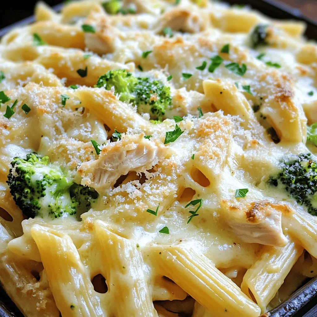 To make the Easy Chicken Alfredo Pasta Bake, you need simple, fresh ingredients. Here’s what you’ll need for a tasty meal: - 2 cups uncooked penne pasta - 2 cups cooked chicken breast, shredded - 1 cup broccoli florets, blanched - 2 cups Alfredo sauce (store-bought or homemade) - 1 cup shredded mozzarella cheese - ½ cup grated Parmesan cheese - 1 teaspoon garlic powder - 1 teaspoon Italian seasoning - Salt and pepper to taste - Fresh parsley for garnish (optional) These ingredients blend well together. The pasta forms the base, while the chicken adds protein. Broccoli gives it a nice crunch and color. The Alfredo sauce ties it all together with creaminess. Using store-bought sauce saves time, but homemade sauce can add a personal touch. You can customize this dish by swapping in your favorite veggies or cheeses. Gather your ingredients, and let’s make a delicious meal! For the full recipe, check out the detailed steps. - Preheat your oven to 375°F (190°C) and grease a 9x13 inch baking dish. This helps the pasta bake not stick. - Cook 2 cups of penne pasta in salted boiling water. Follow the package directions. You want it al dente, which means it should still have a bit of bite. - In a large bowl, mix the cooked pasta, 2 cups of shredded chicken, 1 cup of blanched broccoli florets, and 2 cups of Alfredo sauce. Stir well to coat everything evenly. - Season your mixture with 1 teaspoon of garlic powder, 1 teaspoon of Italian seasoning, and salt and pepper to taste. Stir until well combined. - Transfer the pasta mixture into the greased baking dish. Spread it out evenly so it cooks well. - Sprinkle 1 cup of shredded mozzarella cheese and ½ cup of grated Parmesan cheese on top. This adds a nice cheesy crust. - Cover the dish with aluminum foil and bake for 20 minutes. This helps keep the moisture in. - After 20 minutes, remove the foil. Bake for an additional 10-15 minutes until the cheese is bubbly and golden brown. - Let the dish cool for 5 minutes before serving. Optionally, garnish with fresh parsley for a pop of color. For the full recipe, check the details above. - Ensure pasta is al dente for best texture: Cook the penne until it's just firm. This way, it will hold up during baking. No one likes mushy pasta! - Customize seasoning to personal taste: Feel free to adjust garlic powder and Italian seasoning. Add more or less based on your likes. This makes the dish unique to you. - Additional toppings for a gourmet touch: Try adding breadcrumbs or extra cheese before baking. This adds a crispy layer and extra flavor. - Overcooking pasta before baking: If you cook the pasta too long, it will turn soft. Remember, it's okay if it seems slightly undercooked. It will finish cooking in the oven. - Not allowing the dish to rest before serving: After baking, let the dish sit for five minutes. This helps the flavors meld and makes serving easier. Your guests will thank you! For the full recipe, check out the link. {{image_2}} You can easily switch up the pasta type in this dish. Use rotini or fusilli for a fun twist. If you want a lighter option, try whole wheat or gluten-free pasta. Both will work well with the creamy sauce. For proteins, chicken is classic, but shrimp makes a great change. You can also go meatless. Use chickpeas or lentils for a filling vegetarian option. Both add great flavor and texture. Adding spices and herbs can make this dish even better. Try a pinch of red pepper flakes for heat. Fresh basil or thyme adds a nice herbal touch too. Incorporating vegetables boosts nutrition and flavor. Bell peppers, spinach, or zucchini work well. Just sauté them lightly before mixing in. This way, you add color and health to your meal. To keep your Easy Chicken Alfredo Pasta Bake fresh, follow these steps: - Refrigeration: Place leftovers in an airtight container. They stay good in the fridge for 3 to 4 days. Make sure to cool the dish to room temperature before sealing it. This helps avoid excess moisture. - Freezing: You can freeze the pasta bake for longer storage. Use a freezer-safe container or wrap it tightly with plastic wrap and foil. It can last up to 2 months in the freezer. Just remember to label it with the date. When you’re ready to enjoy your leftovers, reheating is key to keeping the dish tasty: - Best Methods: The oven works best. Preheat it to 350°F (175°C). Place the pasta bake in a baking dish, cover with foil, and heat for about 20-25 minutes. If you’re short on time, you can use the microwave. Heat in 1-minute intervals, stirring in between. - Tips for Maintaining Texture and Flavor: Always cover the dish while reheating. This retains moisture and keeps the pasta creamy. If you find it too dry, add a splash of milk or Alfredo sauce before heating. This will revive the dish nicely. Try these storage and reheating tips to enjoy your Easy Chicken Alfredo Pasta Bake at its best! For the full recipe, check out [Full Recipe]. Yes, you can prepare this dish ahead. Cook the pasta and mix it with the chicken, broccoli, and Alfredo sauce. Place this mixture in a baking dish and cover it tightly. You can store it in the fridge for up to 24 hours. When ready to bake, just add the cheese and bake it straight from the fridge. You may need to add a few extra minutes to the baking time. This dish pairs well with many sides. Here are some great options: - Garlic bread for a crunchy complement - A fresh garden salad to add crispness - Steamed vegetables for extra nutrition - A light soup like minestrone or tomato To make this dish vegetarian, simply swap out the chicken. You can use cooked mushrooms, tofu, or chickpeas for protein. Add more veggies like bell peppers, spinach, or zucchini for extra flavor. Use the same Alfredo sauce, and you will have a tasty meat-free meal. Leftovers can last in the fridge for about 3 to 4 days. Make sure to store them in an airtight container. If you want to keep them longer, freeze the leftovers. They can last for about 2 to 3 months in the freezer. Just remember to reheat them thoroughly before serving. This blog post detailed how to make a Chicken Alfredo Pasta Bake. We covered the ingredients, step-by-step instructions, and storage tips. I provided helpful tips to avoid common mistakes and suggested delicious variations. Making this dish is easy and fun. You can adapt it to suit your taste or dietary needs. I hope you feel ready to create your own version. Enjoy cooking and sharing this tasty meal with others!