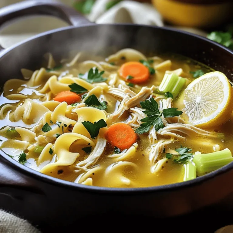 - 2 tablespoons olive oil - 1 medium onion, diced - 2 cloves garlic, minced - 3 medium carrots, sliced - 2 celery stalks, sliced - 1 teaspoon dried thyme - 1 teaspoon dried oregano - 8 cups low-sodium chicken broth - 2 cups cooked chicken, shredded (rotisserie chicken works great) - 2 cups egg noodles - Salt and pepper to taste - Fresh parsley, chopped (for garnish) - Juice of 1 lemon (optional for a zing) To make a warm bowl of chicken noodle soup, you need key ingredients. Start with olive oil for sautéing. The onion and garlic add sweet and savory notes. Carrots and celery introduce crunch and sweetness. Herbs like thyme and oregano give flavor depth. Use low-sodium chicken broth for a rich base. Shredded chicken, especially rotisserie, brings protein and heartiness. Egg noodles are essential for that classic texture. Finally, season with salt and pepper. A squeeze of lemon adds brightness if you like. This mix creates a comforting soup that warms you inside. For the full recipe, check the end of this section. Start by gathering your ingredients. You will need olive oil, onion, garlic, carrots, and celery. Chop the onion and garlic finely. Slice the carrots and celery into small pieces. This makes them cook evenly. Next, heat the olive oil in a large pot over medium heat. Add the diced onion and sauté it for about 3 to 4 minutes. Stir it until it turns soft and translucent. Then, add the minced garlic to the pot. Cook for one more minute. This step fills your kitchen with a lovely aroma. Now, add the sliced carrots and celery. Cook them for about 5 minutes while stirring occasionally. The vegetables should soften but not lose their crunch. This is important for texture in your soup. Then, sprinkle in the dried thyme and oregano. These herbs give your soup a warm flavor. Stir to mix them well with the vegetables. Now it’s time to boil the chicken broth. Pour in 8 cups of low-sodium chicken broth. Bring the mixture to a boil over high heat. Once it starts boiling, reduce the heat to low. Add the shredded chicken and egg noodles to the pot. If you use rotisserie chicken, it saves time. Cook everything for 8 to 10 minutes. The noodles should be tender when done. Keep an eye on them to avoid overcooking. After cooking, season the soup with salt and pepper to taste. You can adjust it based on your preference. For a bit of brightness, add the juice of one lemon. This step adds a fresh zing to your soup. Finally, remove the pot from heat. Garnish the soup with freshly chopped parsley. This adds color and flavor. Your Classic Chicken Noodle Soup is now ready to enjoy. For the full recipe, refer back to the beginning! Using homemade chicken broth makes a big difference. It adds a rich taste that store-bought broth can’t match. If you don’t have time to make your own, choose a low-sodium brand for better control over salt. Adding herbs can boost flavor, too. Fresh herbs like parsley or dill add a nice touch. You can also try bay leaves or a sprinkle of paprika. These herbs bring out the best in your soup. You can cook noodles separately if you like. This helps keep them from getting mushy. Just add them to the soup right before serving. Don’t forget to adjust seasoning to your taste. A little extra salt or pepper can elevate your dish. Taste as you go to find the right balance. Overcooking noodles and chicken is a common mistake. Noodles should be tender but not mushy. Cook them just until they are soft, then remove from heat. Cook chicken until it’s just done. If it cooks too long, it will dry out. Keep an eye on both for the best results. For the full recipe, check out the detailed steps in the article. {{image_2}} You can make chicken noodle soup healthier. Consider low-carb options like zoodles or cauliflower noodles. These swaps cut carbs but keep the soup tasty and filling. If you need gluten-free options, use gluten-free noodles. They work well in the soup and still provide a great texture. To change up the flavor, try using different proteins. Turkey can be a great substitute for chicken. Rotisserie chicken also adds a nice, rich flavor. You can also add more vegetables for extra nutrition. Spinach, peas, or corn can make your soup even better. They boost color and taste, making the dish more exciting. Chicken noodle soup can go global. For an Asian-inspired twist, add ginger, soy sauce, and sesame oil. This combination gives your soup a unique taste. If you want an Italian flair, mix in pesto and sprinkle Parmesan on top. These additions change the flavor profile and make your soup stand out. For more ways to enjoy this dish, check out the Full Recipe. To keep your Classic Chicken Noodle Soup fresh, start by refrigerating it. Pour the soup into airtight containers. This way, you can easily grab a portion for quick meals. When stored properly, your soup lasts about three to four days in the fridge. For longer storage, freeze portions of your soup. Use freezer-safe containers or resealable bags. Make sure to leave some space for the soup to expand. When you want to enjoy it later, just pull it from the freezer. When it comes to reheating, your best bet is to use the stove. Pour the soup into a pot and heat over medium-low. Stir it gently to keep the flavors intact. If you use the microwave, do it in short bursts. Stir in between to prevent hot spots. If your soup thickens after freezing, just add a splash of broth or water. This will help restore its lovely consistency. Enjoy your comforting bowl of soup just like the first time! Classic Chicken Noodle Soup lasts about 3 to 4 days in the fridge. Store it in an airtight container. If you see mold or bad smells, it’s time to toss it. Always check for signs of spoilage before eating. Yes, you can use leftover chicken! Rotisserie chicken is perfect for this soup. Just shred it and add it to the pot. This saves time and adds great flavor. You can also use any cooked chicken you have on hand. Chicken noodle soup pairs well with many sides. Try crusty bread or a green salad. Grilled cheese sandwiches are a classic choice, too. For a light touch, serve with fresh fruit or a simple vegetable platter. Enjoy your meal! In this article, we explored how to make classic chicken noodle soup. We covered essential ingredients like chicken and noodles, step-by-step cooking instructions, and tips to boost your soup’s flavor. I shared variations for health needs and international twists to keep meals exciting. Remember, proper storage and reheating methods help maintain taste and texture. With these insights, you can enjoy a warm bowl of delicious soup anytime, whether for comfort or nutrition. Happy cooking!