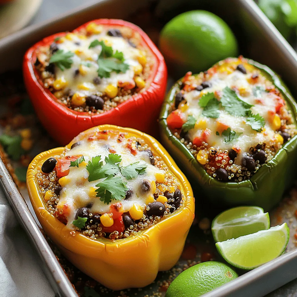 To make stuffed bell peppers, you need a few key ingredients. Here’s the list: - 4 large bell peppers (any color) - 1 cup cooked quinoa - 1 can (15 oz) black beans, rinsed and drained - 1 cup corn kernels (fresh or frozen) - 1 medium onion, finely chopped - 2 cloves garlic, minced - 1 teaspoon cumin - 1 teaspoon smoked paprika - 1 cup diced tomatoes (canned or fresh) - 1 cup shredded cheese (cheddar or Monterey Jack) - 2 tablespoons fresh cilantro, chopped (optional) - Salt and pepper to taste - 1 tablespoon olive oil - Lime wedges for serving These ingredients blend well together for a tasty meal. You can change this recipe to fit your taste. Here are some optional ingredients you might add: - Ground meat (beef, turkey, or chicken) for extra protein - Diced jalapeños for a spicy kick - Black olives for a briny flavor - Avocado or guacamole for creaminess - Other veggies, like zucchini or spinach Feel free to mix and match! Each stuffed bell pepper packs a nutritious punch. Here’s a rough idea of what you get per serving: - Calories: 350 - Protein: 15g - Carbohydrates: 50g - Fat: 10g - Fiber: 12g These peppers are not just tasty; they are also good for you. Enjoy a filling meal that nourishes your body! For the full recipe, check out the complete guide. First, preheat your oven to 375°F (190°C). Take the bell peppers and cut off the tops. Remove the seeds and membranes inside. I like to brush the outside of each pepper with olive oil. This adds flavor and helps with browning. Place the peppers upright in a baking dish. They should stand tall and proud. Next, heat olive oil in a large skillet over medium heat. Add the chopped onion and minced garlic. Cook for about 3-4 minutes until the onion looks clear. This step builds a tasty base. Then, stir in cumin and smoked paprika. Cook for one more minute to release their flavors. In a bowl, mix cooked quinoa, black beans, corn, diced tomatoes, and half of the cheese. Add the onion and garlic mix, then sprinkle in salt and pepper. Stir everything well to blend. Now, it's time to fill those peppers! Spoon the quinoa mix into each pepper. Press down gently to pack it in. Top each pepper with the remaining cheese. Cover the dish with foil and bake for 25 minutes. After that, remove the foil. Bake for another 10-15 minutes until the peppers are soft and the cheese is melted. Once done, take them out and let them cool for a few minutes. Optionally, garnish with cilantro. Serve warm with lime wedges for a zesty touch. This recipe is both easy and satisfying. Check the Full Recipe for more details. To cook quinoa, rinse it first. This helps remove a bitter coating. Use a ratio of 2 cups of water to 1 cup of quinoa. Bring the water to a boil, then add the quinoa. Reduce the heat and cover the pot. Let it simmer for about 15 minutes. When done, fluff it with a fork. Perfectly cooked quinoa is light and fluffy. It adds great texture to stuffed bell peppers. Cheese makes stuffed peppers even better. I recommend using cheddar or Monterey Jack. These cheeses melt well and give a creamy texture. You can also try pepper jack for a spicy kick. If you want a lighter option, use mozzarella. Feta cheese adds a tangy twist, perfect for a Mediterranean vibe. Experiment with different cheeses for fun flavors. One mistake is overcooking the peppers. They should be tender but not mushy. Another common error is using uncooked quinoa. Always cook it first to ensure it’s ready. Don’t forget to season well. Salt and pepper bring out the flavors. Lastly, avoid underfilling the peppers. Pack them tightly for a satisfying bite. Follow these tips for stuffed bell peppers that wow everyone. {{image_2}} For a tasty vegetarian option, use beans and grains. I love using quinoa and black beans. They bring protein and fiber. You can also add veggies like zucchini, mushrooms, or spinach. Mix in spices like cumin and chili powder for flavor. Top with cheese for a rich finish. This option is satisfying and good for everyone. If you follow a keto diet, you can swap out grains for meat. Ground beef or turkey works well. You can also use cauliflower rice instead of quinoa. This keeps the carbs low. Add cheese and herbs to boost the flavors. This version is hearty and keeps you full longer. You can get creative with your fillings. For meat lovers, ground sausage or chicken adds great taste. Mix in some cooked rice for a classic combo. You can also use lentils for a different twist. The options are endless! Try different spices to match your mood. This way, you can enjoy stuffed bell peppers in many ways. For a full recipe that covers all these variations and more, check out the Full Recipe. To keep your leftover stuffed bell peppers fresh, place them in an airtight container. Make sure to cool them to room temperature first. Store them in the fridge for up to four days. If you want to enjoy them later, consider freezing them. When you're ready to eat, you can reheat your stuffed bell peppers easily. Preheat your oven to 350°F (175°C). Place the peppers in a baking dish, cover with foil, and heat for about 20 minutes. You can also use a microwave for a quicker option. Just place one pepper on a microwave-safe plate and heat for about 2-3 minutes. If you want to freeze your stuffed bell peppers, first let them cool completely. Wrap each pepper tightly in plastic wrap or aluminum foil. Place the wrapped peppers in a freezer bag, and remove as much air as possible. They can last in the freezer for up to three months. When you're ready to eat, thaw them overnight in the fridge before reheating. This method works well, and you can enjoy your vibrant quinoa & black bean stuffed bell peppers at your convenience! Yes, you can make stuffed bell peppers ahead of time. Prepare them up to the baking step. Store them in the fridge for up to 24 hours. When ready to eat, just bake them as the recipe states. You can use rice or couscous instead of quinoa. Both options work well in this recipe. If you want a low-carb choice, try cauliflower rice. Each gives a different taste and texture to the dish. Stuffed bell peppers last about 3 to 5 days in the fridge. Make sure to store them in an airtight container. If you want to keep them longer, consider freezing them. This way, you can enjoy them later without losing flavor. For the full recipe, check the section above. Stuffed bell peppers are versatile, healthy, and fun to make. We covered key ingredients, preparation steps, and cooking tips. You can customize your filling and choose the right cheese. Avoid common mistakes to ensure great results. Whether vegetarian or keto, these meals fit your needs. Store leftovers properly for future meals. With the right prep, you can enjoy this dish anytime. Dive into this tasty treat and make it your own!