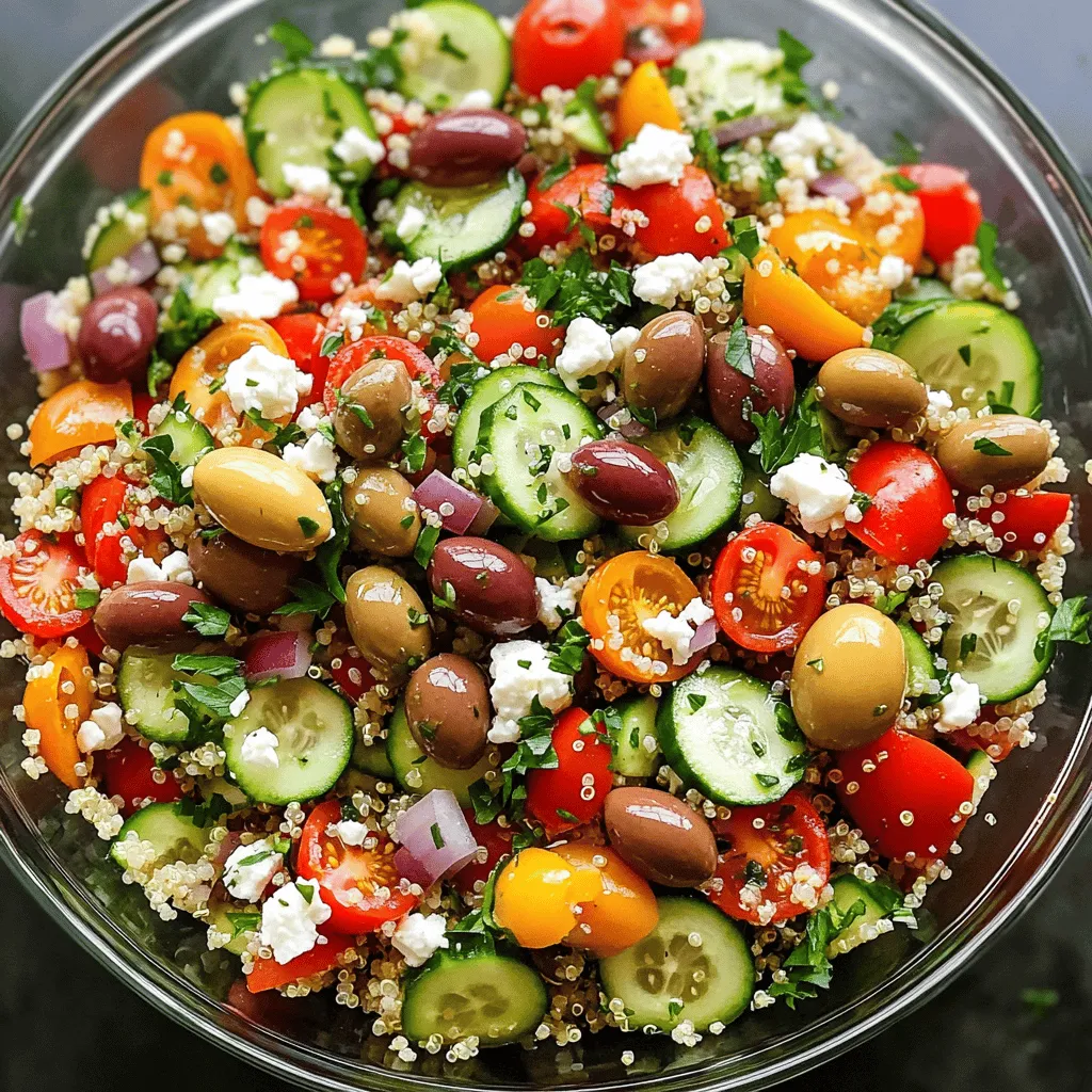 To make a delicious Mediterranean quinoa salad, gather these fresh ingredients: - 1 cup quinoa, rinsed - 2 cups water - 1 cucumber, diced - 1 cup cherry tomatoes, halved - 1/2 cup red bell pepper, diced - 1/2 cup Kalamata olives, pitted and sliced - 1/4 cup red onion, finely chopped - 1/4 cup feta cheese, crumbled - 1/4 cup fresh parsley, chopped - 3 tablespoons olive oil - 2 tablespoons lemon juice - 1 teaspoon dried oregano - Salt and pepper to taste Prepare the quinoa first. Rinse it well to remove any bitterness. This step is key to great flavor. The water will help the quinoa cook perfectly and become fluffy. Next, pick your favorite vegetables. Cucumber adds crunch, while cherry tomatoes bring sweetness. Bell peppers add color, and red onion gives a nice bite. The olives and feta cheese provide a rich, salty taste. Finally, the dressing is simple yet full of flavor. Olive oil acts as a base. Lemon juice brightens the salad. Oregano adds an herbal note. A pinch of salt and pepper rounds it all out. For the full recipe, check the detailed instructions. Enjoy making this fresh and flavorful dish! Boiling Water Start by boiling 2 cups of water in a medium saucepan. Make sure to use a pot that has a lid. The water needs to be bubbling before you add the quinoa. Simmering Quinoa Once the water boils, add 1 cup of rinsed quinoa. Stir in a pinch of salt. Cover the pot and reduce the heat to low. Let it simmer for about 15 minutes. The quinoa should look fluffy and have absorbed all the water. After cooking, take it off the heat and let it cool. Dicing and Mixing While the quinoa cools, you can prepare the vegetables. Dice 1 cucumber, halve 1 cup of cherry tomatoes, and chop 1/2 cup of red bell pepper. Slice 1/2 cup of Kalamata olives and finely chop 1/4 cup of red onion. Add all these to a large mixing bowl. Don’t forget to crumble in 1/4 cup of feta cheese. Whisking Ingredients For the dressing, grab a small bowl. Whisk together 3 tablespoons of olive oil, 2 tablespoons of lemon juice, and 1 teaspoon of dried oregano. Add salt and pepper to taste. This dressing will bring all the flavors together. Mixing Quinoa with Vegetables and Dressing Now that the quinoa has cooled, add it to the bowl with the diced vegetables and feta. Pour the dressing over everything. Gently toss all the ingredients together. Make sure the quinoa mixes well with the veggies and dressing. Lastly, sprinkle 1/4 cup of chopped parsley over the top for a fresh taste. You can find the Full Recipe to follow along. Rinsing Techniques Rinsing quinoa is key to removing its bitter outer coating. Place the quinoa in a fine mesh strainer and rinse it under cold water. Use your hands to rub the grains gently. This helps to wash away the saponins that can affect the taste. Cooking Time Tips For perfect quinoa, use a 2:1 water to quinoa ratio. Bring the water to a boil, then add the rinsed quinoa. Reduce the heat to low, cover, and let it simmer for about 15 minutes. The quinoa should be fluffy and the water fully absorbed when done. Adding Fresh Herbs Fresh herbs can brighten your salad. I recommend adding chopped parsley or mint. These herbs add a burst of flavor and a fresh aroma. You can mix them in with the vegetables for an extra zing. Adjusting Dressings to Taste Dressings can make or break your salad. Start with olive oil and lemon juice, but feel free to adjust. If you like it tangy, add more lemon juice. For a richer taste, add more olive oil or some minced garlic. This lets you create a flavor that suits your palate. Presentation Ideas Presentation matters! Serve the salad in a large glass bowl to show off the vibrant colors. Garnish with extra parsley and a few whole olives on top. This makes it look inviting and ready to share. Pairing with Other Dishes This salad pairs well with grilled chicken or fish. You can also serve it alongside a warm pita and hummus for a complete meal. The flavors of the salad complement these dishes nicely, making your meal feel more balanced. For the full step-by-step recipe and more tips, check out the Full Recipe. {{image_2}} You can easily make this salad vegan. Instead of feta cheese, use avocado or tofu. Both options add creaminess without dairy. Try crumbling seasoned tofu or slicing ripe avocado atop the salad. They enhance flavor and provide healthy fats. Quinoa is gluten-free, but you can explore other grains too. Try millet, rice, or buckwheat. Each grain brings a unique texture and taste. Cook them as you would quinoa for best results. Adding roasted vegetables makes this salad shine. Roast zucchini, bell peppers, or eggplant for extra flavor. Toss them with olive oil and herbs, then mix them in when they cool. Utilizing fresh herbs boosts the salad's taste. Use basil, mint, or dill depending on the season. Chopped herbs enhance freshness and add vibrant color. For the full recipe, see the section above. You can keep your Mediterranean quinoa salad in the fridge for about 3 to 5 days. Store it in an airtight container to keep it fresh. If you notice any extra moisture, just drain it before eating. This will help maintain the texture and flavor. If you want to save some for later, you can freeze portions. Use freezer-safe containers or bags. It’s best to leave out the feta and fresh herbs before freezing. They don’t freeze well and may lose their taste. When you’re ready to eat, thaw it in the fridge overnight. To reheat, place the salad in a bowl and microwave it for 30 seconds to 1 minute. Stir it halfway through to heat evenly. You can also serve it cold for a refreshing taste. If you prefer, add a drizzle of olive oil or lemon juice after reheating to keep the flavor bright. For the full recipe, check out the Mediterranean Quinoa Salad recipe section. Mediterranean Quinoa Salad is a bright and tasty dish. It combines fresh veggies with quinoa, a healthy grain. You will find key ingredients like: - 1 cup quinoa, rinsed - 2 cups water - 1 cucumber, diced - 1 cup cherry tomatoes, halved - 1/2 cup red bell pepper, diced - 1/2 cup Kalamata olives, pitted and sliced - 1/4 cup red onion, finely chopped - 1/4 cup feta cheese, crumbled - 1/4 cup fresh parsley, chopped - 3 tablespoons olive oil - 2 tablespoons lemon juice - 1 teaspoon dried oregano - Salt and pepper to taste This salad is colorful, healthy, and very easy to make. It is perfect for a light lunch or side dish. You can enjoy it cold or at room temperature. Yes, you can make this salad ahead of time. It tastes great after a few hours in the fridge. To prep, follow these tips: - Make the quinoa and let it cool. - Chop the veggies and store them separately. - Mix the dressing and store it in a jar. - Combine everything when you are ready to serve. This way, the salad stays fresh and crunchy. If you don’t have quinoa, you can use other grains. Some good alternatives include: - Couscous - Bulgur wheat - Brown rice - Farro These grains have different tastes and textures. Choose one based on what you have at home. You can still follow the same steps in the Full Recipe. To make the salad more filling, add protein sources. Here are a few ideas: - Chickpeas or black beans for plant-based protein. - Grilled chicken or shrimp for meat lovers. - Tofu for a vegetarian option. Adding protein will make the salad heartier and more satisfying. Enjoy your Mediterranean Quinoa Salad! This blog post covered the key elements of making a Mediterranean quinoa salad. We explored the ingredients you need and the steps for cooking quinoa and preparing vegetables. You learned tips for enhancing flavors and variations to meet different diets. Finally, we discussed storage and reheating practices. In summary, this salad is colorful, healthy, and easy to enjoy. Feel free to mix it up or prep it in advance. Enjoy your cooking!