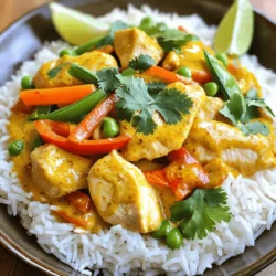 Cooking Coconut Curry Chicken is fun and easy. You need fresh, tasty ingredients to make it great. Here’s what you will need: - 1 lb boneless chicken thighs, cut into bite-sized pieces - 1 can coconut milk - 2 tablespoons red curry paste - 1 tablespoon vegetable oil - 1 medium onion, diced - 3 cloves garlic, minced - 1-inch piece of ginger, grated - 1 bell pepper (red or yellow), sliced - 1 carrot, julienned - 1 cup snap peas - 2 tablespoons soy sauce - 1 tablespoon brown sugar - Fresh cilantro, for garnish - Lime wedges, for serving These ingredients come together to create a rich and creamy curry. The coconut milk gives a nice sweetness. The red curry paste adds warmth and spice. Each vegetable adds a pop of color and crunch. You can find the full recipe to make this dish in a few easy steps. - Heat the vegetable oil in a large skillet. - Add the diced onion and sauté for about 3-4 minutes. - Once the onion is soft, add minced garlic and grated ginger. Cook for one minute. - Next, add the chicken pieces to the skillet. Cook until no longer pink, about 5-7 minutes. Season with salt and pepper. - Now, reduce the heat to medium-low. Stir in the red curry paste. Make sure to coat the chicken well. - Pour in the coconut milk, soy sauce, and brown sugar. Mix everything together until well combined. - Add the sliced bell pepper, julienned carrot, and snap peas to the skillet. Cook for an additional 5-7 minutes. - The vegetables should be tender but still crisp. Taste the dish and adjust seasoning if needed. Serve hot. For more detailed guidance, check out the Full Recipe. - Use medium-high heat for sautéing onions. This helps them cook quickly and evenly. - To get the perfect curry consistency, simmer the dish gently. Avoid boiling it too hard. - Try adding a pinch of turmeric for warmth and color. This spice pairs well with curry. - Balance sweetness and saltiness by adjusting brown sugar and soy sauce. This makes the dish pop. - Serve your coconut curry over jasmine rice. This adds a lovely color contrast. - For a fresh touch, sprinkle cilantro on top. Lime wedges also add a burst of brightness. {{image_2}} You can switch up the protein in this dish. Tofu works great for a vegan option. Shrimp can add a nice touch if you want seafood. For veggies, feel free to add what you like. Seasonal vegetables like zucchini or asparagus can create a fresh twist. If you want to mix things up, try using green curry paste instead of red. Green curry has a different heat and flavor. Adding fresh herbs like basil or mint can also give your dish a unique taste. These herbs brighten the meal and add freshness. To make this dish gluten-free, just use gluten-free soy sauce. Many brands offer tasty options. If you need a vegetarian or vegan recipe, just skip the chicken. You can use extra vegetables or tofu instead. This way, you keep all the lovely flavors while changing the base. For the full recipe, you can check out the detailed steps above. To keep your coconut curry chicken fresh, store it in an airtight container. Place it in the fridge. This method helps to avoid spills and odors. You can safely store it for up to 3 days. Make sure to let it cool completely before sealing. If you want to save some for later, freezing is a great option. First, let the curry cool down. Then, divide it into portions. Use freezer-safe bags or containers to store it. This way, you can pull out just what you need. For reheating, thaw it in the fridge overnight. You can also reheat it gently on the stove or in the microwave. Stir it well to heat evenly. Preparing coconut curry chicken in advance is smart for busy days. You can cook it and store it in individual portions. This makes for quick dinners. Pair each portion with rice or veggies for a complete meal. You can also prep the ingredients ahead of time. Chop the veggies and marinate the chicken a day before. This cuts down on cooking time and makes dinner easy. For the full recipe, check out the provided link. Can I use regular chicken breast instead of thighs? Yes, you can use chicken breast. It cooks faster and is leaner. Just cut it into small pieces. It may be less juicy, but it will still taste great. How can I make it spicier? To spice it up, add more red curry paste. You can also add chopped fresh chili or red pepper flakes. Start with a small amount, then taste and adjust. What goes well with coconut curry chicken? Coconut curry chicken pairs well with jasmine rice or quinoa. You can also serve it with naan bread to soak up the sauce. Add a side of steamed vegetables for balance. Is it best served hot or can it be eaten cold? This dish is best served hot. The flavors really shine when warm. You can eat it cold, but it may not taste as good. What are alternatives for coconut milk? If you need a substitute for coconut milk, use almond milk or cashew cream. You can also mix regular milk with a bit of coconut extract for some flavor. How to replace red curry paste if unavailable? If you cannot find red curry paste, try using yellow curry paste. You can also make a quick mix of curry powder, garlic, and ginger as a substitute. Adjust the amounts to your taste. For the full recipe, check the section above! This blog post covered making coconut curry chicken from ingredients to storage. We started with a simple list of fresh items, then explored easy steps to create your dish. I shared tips for enhancing flavor and customizing ingredients. You can adapt this recipe to fit your needs, whether vegetarian or gluten-free. With the right storage, leftovers can last. Now, you can enjoy a delicious meal anytime. I hope this inspires you to create your own tasty version at home!