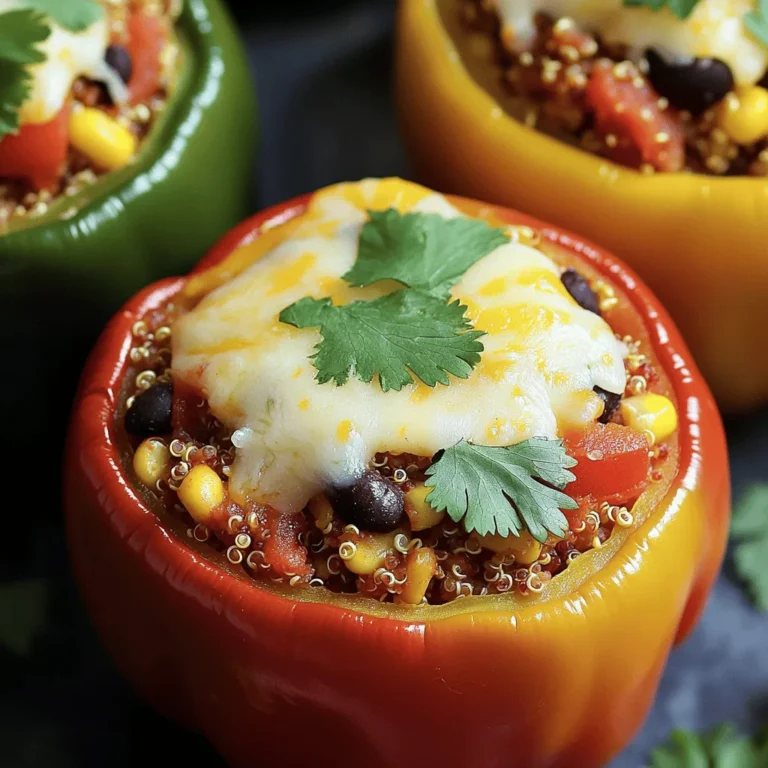 This dish is colorful and packed with flavor. Here is the recipe for my quinoa and black bean stuffed peppers. - 4 large bell peppers (any color, tops sliced off and seeds removed) - 1 cup quinoa, rinsed - 2 cups vegetable broth - 1 can (15 oz) black beans, rinsed and drained - 1 cup corn kernels (fresh, frozen, or canned) - 1 medium onion, finely chopped - 2 cloves garlic, minced - 1 teaspoon cumin - 1 teaspoon smoked paprika - 1 teaspoon chili powder - Salt and pepper, to taste - 1 cup diced tomatoes (can use canned) - ½ cup shredded cheese (cheddar or a blend, optional) - Fresh cilantro, for garnishing Each serving is a healthy choice. Here is a quick look at the nutrition: - Calories: About 320 per serving - Protein: 12 grams - Carbs: 50 grams - Fat: 8 grams - Fiber: 10 grams These stuffed peppers are not just tasty; they are full of nutrients. They provide a great balance of protein, fiber, and healthy fats. You can enjoy them guilt-free as part of a balanced diet. Start by gathering all your ingredients. This helps you stay organized. You will need large bell peppers, quinoa, black beans, corn, and spices. Having everything ready makes cooking easier and faster. Preheat your oven to 375°F (190°C). This step is key for even cooking. In a saucepan, combine 1 cup of rinsed quinoa and 2 cups of vegetable broth. Bring this mix to a boil over high heat. Once it boils, reduce the heat to low and cover it. Let it simmer for about 15 minutes. The quinoa is done when it’s fluffy and has absorbed all the broth. While the quinoa cooks, grab a medium pan and heat it over medium heat. Add 1 finely chopped onion and cook for 5-7 minutes until it turns translucent. Next, add 2 minced garlic cloves and cook for one more minute. The aroma will fill your kitchen and get you excited for the next steps. In a large bowl, mix your cooked quinoa, sautéed onion, black beans, corn, diced tomatoes, and spices. Add 1 teaspoon each of cumin, smoked paprika, and chili powder. Season with salt and pepper. Stir this mixture well. Now, take your bell peppers and pack them tightly with the filling. Place them upright in a baking dish. If you want cheese, sprinkle ½ cup of shredded cheese on top. Add a splash of water to the dish to help steam the peppers. Cover with foil and bake for 25-30 minutes. Remove the foil for the last 10 minutes to let the cheese melt and brown. Enjoy your delicious veggie feast! For the complete recipe, refer to the Full Recipe section. To make the best stuffed peppers, follow these tips. First, choose peppers that are firm and have no spots. This helps them hold their shape while cooking. Pre-cook the quinoa well. This ensures it mixes nicely with other flavors. Don't overstuff your peppers; leave some space for the filling to expand. Cover your baking dish with foil at first. This keeps moisture in and helps cook the peppers evenly. Add cheese near the end to avoid burning. One mistake is using soggy peppers. Always check for freshness before buying. Another mistake is skipping the seasoning. Salt and spices bring out the best flavors. Also, avoid overcooking the filling. It should be warm and mixed well, not mushy. Lastly, don’t forget to let them cool before serving. This makes handling easier and prevents burns. When choosing bell peppers, look for bright colors. Red, yellow, and green should all be vibrant. Check for firmness; they should feel heavy for their size. Avoid any that have soft spots or wrinkles. If you can, smell the pepper. A fresh one should have a sweet, earthy scent. This often means it is ripe and ready to eat. Use these tips, and your stuffed peppers will shine. For a full recipe that shows you how to make delicious stuffed bell peppers, check out the Full Recipe. {{image_2}} For stuffed bell peppers, the flavor combinations are endless. You can mix and match ingredients to create a dish that fits your taste. Here are some ideas: - Mediterranean Twist: Add feta cheese, olives, and fresh herbs like oregano and basil. - Mexican Style: Use salsa, jalapeños, and top with avocado. - Italian Flair: Mix in marinara sauce and mozzarella cheese for a comforting dish. These flavors will make your stuffed peppers exciting and fun. You can switch out quinoa or black beans for other grains or legumes. Some good options include: - Rice: Brown rice or white rice works well and adds nice texture. - Farro: This grain has a nutty flavor and chewy texture. - Lentils: These cook quickly and are packed with protein. Feel free to use what you have on hand! Making these stuffed peppers vegan is easy. Simply omit the cheese or use a dairy-free alternative. Here are other tips: - Replace cheese with nutritional yeast for a cheesy flavor. - Use vegetable broth instead of chicken broth for cooking grains. - Add more veggies, like spinach or mushrooms, to enhance nutrition and flavor. These changes keep your meal healthy and satisfying while catering to various diets. For the complete recipe, check out the Full Recipe section! To keep your stuffed peppers fresh, let them cool first. Place them in an airtight container. You can store them in the fridge for about three to four days. If you want to keep them longer, freezing is a great option. To freeze, wrap each stuffed pepper tightly in plastic wrap. Place them in a freezer-safe bag or container. This way, you can enjoy them later. They will last for up to three months in the freezer. When you're ready to eat, simply thaw in the fridge overnight. Reheating is easy. You can microwave them for a quick meal. Place a stuffed pepper on a microwave-safe plate. Heat for about two to three minutes, checking halfway. If you prefer, you can reheat them in the oven too. Preheat your oven to 350°F (175°C) and bake for about 15-20 minutes. Cover with foil to keep them moist. Enjoy your delicious meal! You can find the full recipe for vegetarian stuffed bell peppers to make more. Yes, you can prepare them in advance. Cook the quinoa and mix all the filling ingredients. Stuff the peppers and place them in the fridge until you are ready to bake. This can save time on busy nights. Just remember to cover them well. You can bake them right from the fridge. You can be creative with the filling! Here are some ideas: - Zucchini, diced - Spinach or kale, chopped - Mushrooms, finely chopped - Carrots, grated - Peas, fresh or frozen These vegetables add flavor and nutrients. Just make sure to chop them small for even cooking. The peppers are done when they are tender. You can test them with a fork. If the fork goes in easily, they are ready. The tops should be slightly browned if you added cheese. Bake them for about 30-40 minutes total. You want the peppers to be soft but not mushy. Enjoy your deliciously healthy meal! This article covered how to make tasty vegetarian stuffed bell peppers. We discussed the ingredients, step-by-step instructions, and helpful tips. You learned different flavor combinations and variations to keep it interesting. Plus, we looked at how to store and reheat your leftovers. In my view, stuffed bell peppers are a fun, healthy meal. They are easy to customize and share. I hope you feel ready to try it yourself!