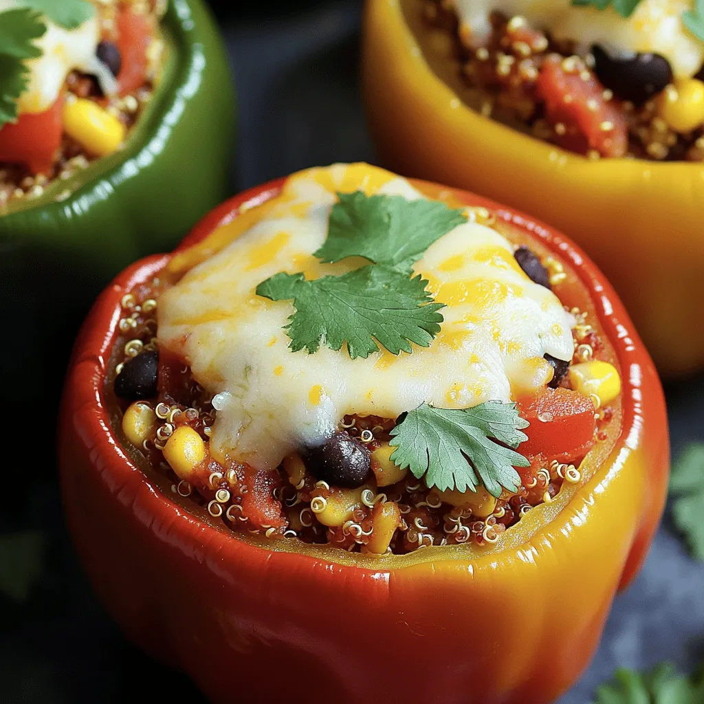 This dish is colorful and packed with flavor. Here is the recipe for my quinoa and black bean stuffed peppers. - 4 large bell peppers (any color, tops sliced off and seeds removed) - 1 cup quinoa, rinsed - 2 cups vegetable broth - 1 can (15 oz) black beans, rinsed and drained - 1 cup corn kernels (fresh, frozen, or canned) - 1 medium onion, finely chopped - 2 cloves garlic, minced - 1 teaspoon cumin - 1 teaspoon smoked paprika - 1 teaspoon chili powder - Salt and pepper, to taste - 1 cup diced tomatoes (can use canned) - ½ cup shredded cheese (cheddar or a blend, optional) - Fresh cilantro, for garnishing Each serving is a healthy choice. Here is a quick look at the nutrition: - Calories: About 320 per serving - Protein: 12 grams - Carbs: 50 grams - Fat: 8 grams - Fiber: 10 grams These stuffed peppers are not just tasty; they are full of nutrients. They provide a great balance of protein, fiber, and healthy fats. You can enjoy them guilt-free as part of a balanced diet. Start by gathering all your ingredients. This helps you stay organized. You will need large bell peppers, quinoa, black beans, corn, and spices. Having everything ready makes cooking easier and faster. Preheat your oven to 375°F (190°C). This step is key for even cooking. In a saucepan, combine 1 cup of rinsed quinoa and 2 cups of vegetable broth. Bring this mix to a boil over high heat. Once it boils, reduce the heat to low and cover it. Let it simmer for about 15 minutes. The quinoa is done when it’s fluffy and has absorbed all the broth. While the quinoa cooks, grab a medium pan and heat it over medium heat. Add 1 finely chopped onion and cook for 5-7 minutes until it turns translucent. Next, add 2 minced garlic cloves and cook for one more minute. The aroma will fill your kitchen and get you excited for the next steps. In a large bowl, mix your cooked quinoa, sautéed onion, black beans, corn, diced tomatoes, and spices. Add 1 teaspoon each of cumin, smoked paprika, and chili powder. Season with salt and pepper. Stir this mixture well. Now, take your bell peppers and pack them tightly with the filling. Place them upright in a baking dish. If you want cheese, sprinkle ½ cup of shredded cheese on top. Add a splash of water to the dish to help steam the peppers. Cover with foil and bake for 25-30 minutes. Remove the foil for the last 10 minutes to let the cheese melt and brown. Enjoy your delicious veggie feast! For the complete recipe, refer to the Full Recipe section. To make the best stuffed peppers, follow these tips. First, choose peppers that are firm and have no spots. This helps them hold their shape while cooking. Pre-cook the quinoa well. This ensures it mixes nicely with other flavors. Don't overstuff your peppers; leave some space for the filling to expand. Cover your baking dish with foil at first. This keeps moisture in and helps cook the peppers evenly. Add cheese near the end to avoid burning. One mistake is using soggy peppers. Always check for freshness before buying. Another mistake is skipping the seasoning. Salt and spices bring out the best flavors. Also, avoid overcooking the filling. It should be warm and mixed well, not mushy. Lastly, don’t forget to let them cool before serving. This makes handling easier and prevents burns. When choosing bell peppers, look for bright colors. Red, yellow, and green should all be vibrant. Check for firmness; they should feel heavy for their size. Avoid any that have soft spots or wrinkles. If you can, smell the pepper. A fresh one should have a sweet, earthy scent. This often means it is ripe and ready to eat. Use these tips, and your stuffed peppers will shine. For a full recipe that shows you how to make delicious stuffed bell peppers, check out the Full Recipe. {{image_2}} For stuffed bell peppers, the flavor combinations are endless. You can mix and match ingredients to create a dish that fits your taste. Here are some ideas: - Mediterranean Twist: Add feta cheese, olives, and fresh herbs like oregano and basil. - Mexican Style: Use salsa, jalapeños, and top with avocado. - Italian Flair: Mix in marinara sauce and mozzarella cheese for a comforting dish. These flavors will make your stuffed peppers exciting and fun. You can switch out quinoa or black beans for other grains or legumes. Some good options include: - Rice: Brown rice or white rice works well and adds nice texture. - Farro: This grain has a nutty flavor and chewy texture. - Lentils: These cook quickly and are packed with protein. Feel free to use what you have on hand! Making these stuffed peppers vegan is easy. Simply omit the cheese or use a dairy-free alternative. Here are other tips: - Replace cheese with nutritional yeast for a cheesy flavor. - Use vegetable broth instead of chicken broth for cooking grains. - Add more veggies, like spinach or mushrooms, to enhance nutrition and flavor. These changes keep your meal healthy and satisfying while catering to various diets. For the complete recipe, check out the Full Recipe section! To keep your stuffed peppers fresh, let them cool first. Place them in an airtight container. You can store them in the fridge for about three to four days. If you want to keep them longer, freezing is a great option. To freeze, wrap each stuffed pepper tightly in plastic wrap. Place them in a freezer-safe bag or container. This way, you can enjoy them later. They will last for up to three months in the freezer. When you're ready to eat, simply thaw in the fridge overnight. Reheating is easy. You can microwave them for a quick meal. Place a stuffed pepper on a microwave-safe plate. Heat for about two to three minutes, checking halfway. If you prefer, you can reheat them in the oven too. Preheat your oven to 350°F (175°C) and bake for about 15-20 minutes. Cover with foil to keep them moist. Enjoy your delicious meal! You can find the full recipe for vegetarian stuffed bell peppers to make more. Yes, you can prepare them in advance. Cook the quinoa and mix all the filling ingredients. Stuff the peppers and place them in the fridge until you are ready to bake. This can save time on busy nights. Just remember to cover them well. You can bake them right from the fridge. You can be creative with the filling! Here are some ideas: - Zucchini, diced - Spinach or kale, chopped - Mushrooms, finely chopped - Carrots, grated - Peas, fresh or frozen These vegetables add flavor and nutrients. Just make sure to chop them small for even cooking. The peppers are done when they are tender. You can test them with a fork. If the fork goes in easily, they are ready. The tops should be slightly browned if you added cheese. Bake them for about 30-40 minutes total. You want the peppers to be soft but not mushy. Enjoy your deliciously healthy meal! This article covered how to make tasty vegetarian stuffed bell peppers. We discussed the ingredients, step-by-step instructions, and helpful tips. You learned different flavor combinations and variations to keep it interesting. Plus, we looked at how to store and reheat your leftovers. In my view, stuffed bell peppers are a fun, healthy meal. They are easy to customize and share. I hope you feel ready to try it yourself!