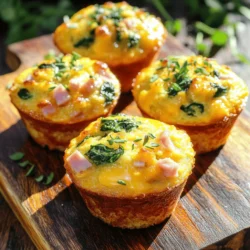 To make tasty savory breakfast muffins, you need some key ingredients. Here’s what you will need: - 1 cup all-purpose flour - 1 cup whole wheat flour - 2 teaspoons baking powder - 1/2 teaspoon baking soda - 1/2 teaspoon salt - 1 teaspoon garlic powder - 1/2 teaspoon black pepper These ingredients help create a strong base for your muffins. The all-purpose and whole wheat flours give the muffins a nice texture. Baking powder and baking soda help them rise. Salt and spices add flavor. Now, let’s talk about the fun stuff—add-ins! They make your muffins special. Here are some ideas: - Cheese options: Shredded cheddar cheese works great. It melts beautifully and adds creaminess. - Protein choices: Cooked ham or bacon brings a savory kick. You can also use sausage if you like. - Vegetables and greens: Finely chopped spinach or kale adds freshness. You can mix in other veggies, too, like bell peppers or zucchini. These add-ins not only enhance flavor but also make your muffins more filling. Feel free to mix and match to fit your taste! For the complete recipe, check the full recipe above. First, you need to preheat your oven to 375°F (190°C). While it warms up, grab a 12-cup muffin tin. Line it with paper liners or grease it with cooking spray. This will help the muffins come out easily. Next, let’s mix the dry ingredients. In a medium bowl, whisk together these items: - 1 cup all-purpose flour - 1 cup whole wheat flour - 2 teaspoons baking powder - 1/2 teaspoon baking soda - 1/2 teaspoon salt - 1 teaspoon garlic powder - 1/2 teaspoon black pepper Make sure they are all blended well. This helps the muffins rise nicely. Now, it’s time to combine the wet ingredients. In a large bowl, beat 3 large eggs. After that, add 1 cup of buttermilk and 1/4 cup of olive oil. Mix them until they are well combined. The wet mix should be smooth and creamy. Now we will fold in the add-ins. Carefully add: - 1/2 cup shredded cheddar cheese - 1/2 cup diced cooked ham or cooked bacon - 1/2 cup finely chopped spinach or kale Use a spatula to mix everything together gently. Be careful not to overmix, or your muffins may turn out tough. Next, divide the batter into the muffin cups. Fill each cup about 3/4 full. This gives the muffins room to rise without spilling over. Finally, bake your muffins in the preheated oven for 18-22 minutes. They are done when the tops are golden brown. To check, insert a toothpick into the center. If it comes out clean, your muffins are ready! Remove the muffins from the oven and let them cool in the tin for a few minutes. Then, transfer them to a wire rack to cool completely. Enjoy these savory delights! For the full recipe, refer back to the ingredients and steps provided. Avoiding overmixing: Mix your batter just enough to combine all ingredients. Overmixing makes muffins tough. You want them fluffy and soft. When you add dry to wet, fold gently. Stop mixing when no dry flour remains. Checking for doneness: Check your muffins by inserting a toothpick into the center. If it comes out clean, they are ready. If it has wet batter, bake a few more minutes. Keep an eye on the time, but trust your toothpick too. Dairy-free options: You can replace buttermilk with almond milk or soy milk. Use a dairy-free cheese for added flavor. This keeps the muffins tasty without dairy. Gluten-free alternatives: For gluten-free muffins, swap all-purpose flour with a gluten-free blend. Make sure it has a binding agent. This way, you keep the texture and flavor similar to the original recipe. Grab the full recipe for more guidance on making these delicious savory breakfast muffins! {{image_2}} You can use many kinds of cheese in your savory breakfast muffins. Feta cheese adds a tangy taste. Goat cheese brings creaminess and richness. Mixing different cheeses can boost flavor. You might try sharp cheddar with creamy mozzarella. Each cheese adds a unique taste and texture. Cheese combinations can change the muffin experience. Using a mix of cheeses can make each bite exciting. Consider adding herbs like thyme or rosemary for extra flavor. You can swap proteins in your muffins easily. Instead of ham, you can use turkey sausage for a lighter option. Chopped cooked bacon adds smoky flavor. Each protein choice changes the muffin's taste and feel. For veggies, think about what's in season. Summer squash or zucchini can keep your muffins fresh. You can also use bell peppers or mushrooms for added flavor. Mixing veggies can create a colorful and tasty muffin. Feel free to play with flavors! Use your favorite proteins and veggies to make it your own. Check the full recipe if you want to dive deeper into these tasty ideas. To keep your savory breakfast muffins fresh, you can store them in two main ways: - Refrigeration tips: Place the muffins in an airtight container. They will last up to a week in the fridge. Make sure they cool completely before storing. This helps prevent sogginess. - Freezing for later use: Freeze the muffins if you want them to last longer. Wrap each muffin in plastic wrap, then place them in a freezer bag. They can stay good for up to three months. To enjoy, just thaw them overnight in the fridge. When you're ready to eat your muffins, reheating them correctly keeps them moist and tasty: - Best methods for keeping muffins moist: Use the oven to reheat for best results. Preheat it to 350°F (175°C). Place the muffins on a baking sheet and cover them with foil. Heat for about 10-15 minutes. This method helps keep them soft. - Quick reheating tips in the microwave or oven: If you're in a hurry, the microwave works too. Heat one muffin for about 20-30 seconds. Check if it’s warm enough. Be careful not to overheat, or it may become dry. These storage and reheating tips help you enjoy your savory breakfast muffins at their best! Can I make these muffins ahead of time? Yes, you can make savory breakfast muffins ahead of time. They store well in the fridge. Just let them cool completely, then place them in an airtight container. They stay fresh for about three days. For longer storage, freeze them. Wrap each muffin tightly in plastic wrap and place in a freezer-safe bag. They last up to three months. When ready to eat, thaw them in the fridge overnight. How do I customize the flavor? You can easily customize these muffins. Change the cheese to suit your taste. Try feta, mozzarella, or pepper jack for a spicy kick. Swap out the meat for sausage or turkey. You can also add spices like paprika or fresh herbs. Add veggies like bell peppers, zucchini, or carrots for more color and nutrition. The options are endless! What are some serving suggestions for savory muffins? Savory muffins are great on their own but pair well with many items. Serve them with a side of fresh fruit for a balanced meal. They also taste good with yogurt or a simple salad. For brunch, offer them with eggs or avocado. You can even slice them in half and toast them with butter. Enjoy them warm for the best taste! For the full recipe, check out the Savory Breakfast Muffins section. In this article, we explored how to make savory breakfast muffins. We discussed essential ingredients, like flours and seasonings, and flavorful add-ins such as cheese and veggies. I provided step-by-step instructions for preparing the batter and baking the muffins. We also shared useful tips and ingredient swaps, plus storage info to keep your muffins fresh. Savory breakfast muffins are easy and fun to make. Get creative with flavors and enjoy them anytime!