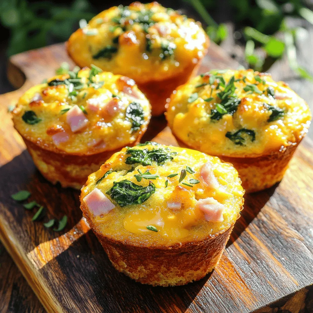 To make tasty savory breakfast muffins, you need some key ingredients. Here’s what you will need: - 1 cup all-purpose flour - 1 cup whole wheat flour - 2 teaspoons baking powder - 1/2 teaspoon baking soda - 1/2 teaspoon salt - 1 teaspoon garlic powder - 1/2 teaspoon black pepper These ingredients help create a strong base for your muffins. The all-purpose and whole wheat flours give the muffins a nice texture. Baking powder and baking soda help them rise. Salt and spices add flavor. Now, let’s talk about the fun stuff—add-ins! They make your muffins special. Here are some ideas: - Cheese options: Shredded cheddar cheese works great. It melts beautifully and adds creaminess. - Protein choices: Cooked ham or bacon brings a savory kick. You can also use sausage if you like. - Vegetables and greens: Finely chopped spinach or kale adds freshness. You can mix in other veggies, too, like bell peppers or zucchini. These add-ins not only enhance flavor but also make your muffins more filling. Feel free to mix and match to fit your taste! For the complete recipe, check the full recipe above. First, you need to preheat your oven to 375°F (190°C). While it warms up, grab a 12-cup muffin tin. Line it with paper liners or grease it with cooking spray. This will help the muffins come out easily. Next, let’s mix the dry ingredients. In a medium bowl, whisk together these items: - 1 cup all-purpose flour - 1 cup whole wheat flour - 2 teaspoons baking powder - 1/2 teaspoon baking soda - 1/2 teaspoon salt - 1 teaspoon garlic powder - 1/2 teaspoon black pepper Make sure they are all blended well. This helps the muffins rise nicely. Now, it’s time to combine the wet ingredients. In a large bowl, beat 3 large eggs. After that, add 1 cup of buttermilk and 1/4 cup of olive oil. Mix them until they are well combined. The wet mix should be smooth and creamy. Now we will fold in the add-ins. Carefully add: - 1/2 cup shredded cheddar cheese - 1/2 cup diced cooked ham or cooked bacon - 1/2 cup finely chopped spinach or kale Use a spatula to mix everything together gently. Be careful not to overmix, or your muffins may turn out tough. Next, divide the batter into the muffin cups. Fill each cup about 3/4 full. This gives the muffins room to rise without spilling over. Finally, bake your muffins in the preheated oven for 18-22 minutes. They are done when the tops are golden brown. To check, insert a toothpick into the center. If it comes out clean, your muffins are ready! Remove the muffins from the oven and let them cool in the tin for a few minutes. Then, transfer them to a wire rack to cool completely. Enjoy these savory delights! For the full recipe, refer back to the ingredients and steps provided. Avoiding overmixing: Mix your batter just enough to combine all ingredients. Overmixing makes muffins tough. You want them fluffy and soft. When you add dry to wet, fold gently. Stop mixing when no dry flour remains. Checking for doneness: Check your muffins by inserting a toothpick into the center. If it comes out clean, they are ready. If it has wet batter, bake a few more minutes. Keep an eye on the time, but trust your toothpick too. Dairy-free options: You can replace buttermilk with almond milk or soy milk. Use a dairy-free cheese for added flavor. This keeps the muffins tasty without dairy. Gluten-free alternatives: For gluten-free muffins, swap all-purpose flour with a gluten-free blend. Make sure it has a binding agent. This way, you keep the texture and flavor similar to the original recipe. Grab the full recipe for more guidance on making these delicious savory breakfast muffins! {{image_2}} You can use many kinds of cheese in your savory breakfast muffins. Feta cheese adds a tangy taste. Goat cheese brings creaminess and richness. Mixing different cheeses can boost flavor. You might try sharp cheddar with creamy mozzarella. Each cheese adds a unique taste and texture. Cheese combinations can change the muffin experience. Using a mix of cheeses can make each bite exciting. Consider adding herbs like thyme or rosemary for extra flavor. You can swap proteins in your muffins easily. Instead of ham, you can use turkey sausage for a lighter option. Chopped cooked bacon adds smoky flavor. Each protein choice changes the muffin's taste and feel. For veggies, think about what's in season. Summer squash or zucchini can keep your muffins fresh. You can also use bell peppers or mushrooms for added flavor. Mixing veggies can create a colorful and tasty muffin. Feel free to play with flavors! Use your favorite proteins and veggies to make it your own. Check the full recipe if you want to dive deeper into these tasty ideas. To keep your savory breakfast muffins fresh, you can store them in two main ways: - Refrigeration tips: Place the muffins in an airtight container. They will last up to a week in the fridge. Make sure they cool completely before storing. This helps prevent sogginess. - Freezing for later use: Freeze the muffins if you want them to last longer. Wrap each muffin in plastic wrap, then place them in a freezer bag. They can stay good for up to three months. To enjoy, just thaw them overnight in the fridge. When you're ready to eat your muffins, reheating them correctly keeps them moist and tasty: - Best methods for keeping muffins moist: Use the oven to reheat for best results. Preheat it to 350°F (175°C). Place the muffins on a baking sheet and cover them with foil. Heat for about 10-15 minutes. This method helps keep them soft. - Quick reheating tips in the microwave or oven: If you're in a hurry, the microwave works too. Heat one muffin for about 20-30 seconds. Check if it’s warm enough. Be careful not to overheat, or it may become dry. These storage and reheating tips help you enjoy your savory breakfast muffins at their best! Can I make these muffins ahead of time? Yes, you can make savory breakfast muffins ahead of time. They store well in the fridge. Just let them cool completely, then place them in an airtight container. They stay fresh for about three days. For longer storage, freeze them. Wrap each muffin tightly in plastic wrap and place in a freezer-safe bag. They last up to three months. When ready to eat, thaw them in the fridge overnight. How do I customize the flavor? You can easily customize these muffins. Change the cheese to suit your taste. Try feta, mozzarella, or pepper jack for a spicy kick. Swap out the meat for sausage or turkey. You can also add spices like paprika or fresh herbs. Add veggies like bell peppers, zucchini, or carrots for more color and nutrition. The options are endless! What are some serving suggestions for savory muffins? Savory muffins are great on their own but pair well with many items. Serve them with a side of fresh fruit for a balanced meal. They also taste good with yogurt or a simple salad. For brunch, offer them with eggs or avocado. You can even slice them in half and toast them with butter. Enjoy them warm for the best taste! For the full recipe, check out the Savory Breakfast Muffins section. In this article, we explored how to make savory breakfast muffins. We discussed essential ingredients, like flours and seasonings, and flavorful add-ins such as cheese and veggies. I provided step-by-step instructions for preparing the batter and baking the muffins. We also shared useful tips and ingredient swaps, plus storage info to keep your muffins fresh. Savory breakfast muffins are easy and fun to make. Get creative with flavors and enjoy them anytime!