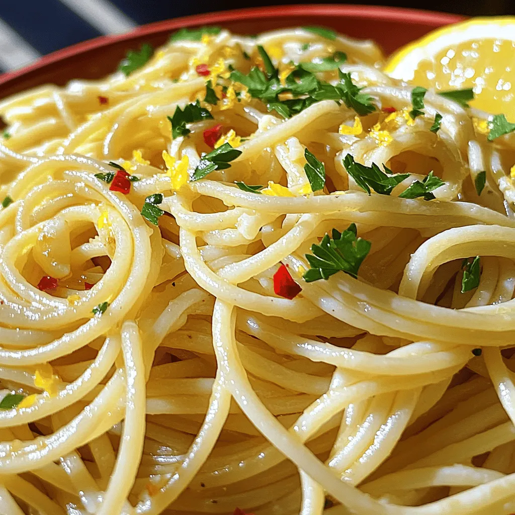 - 400g spaghetti - 6 cloves garlic - 1/2 cup extra-virgin olive oil - 1 teaspoon red pepper flakes - 1/4 cup fresh parsley - Zest and juice of 1 lemon - Salt, to taste - Grated Parmesan cheese To make spaghetti aglio e olio, you need simple yet fresh ingredients. Start with spaghetti, the base of the dish. I love using 400g for four servings. Next, garlic is key. Six cloves, sliced thin, add great flavor. Extra-virgin olive oil is next. A half cup gives richness and helps the garlic cook. For flavor, I always add red pepper flakes. Just a teaspoon will do, but you can add more if you like heat. Fresh parsley adds color and a fresh taste. Use a quarter cup, chopped fine. Finally, lemon zest and juice brighten the dish. Salt is a must, but add it to your taste. Grated Parmesan cheese is optional but delicious on top. This list of ingredients is just the start. You can always change and add what you like! For the full recipe, check out the details on how to cook this dish perfectly. To start, bring a large pot of salted water to a boil. Add 400g of spaghetti and cook until it's al dente. This means it should be firm yet tender. It usually takes about 8-10 minutes, but check the package for exact times. When the pasta is ready, reserve 1 cup of the pasta water before draining it. This water helps make the sauce later. Next, grab a large skillet and heat 1/2 cup of extra-virgin olive oil over medium heat. Once the oil is hot, add 6 cloves of thinly sliced garlic and 1 teaspoon of red pepper flakes. Sauté gently for about 2-3 minutes. Watch the garlic closely; it should turn golden and fragrant. If it burns, it will taste bitter, ruining the dish. Now, it’s time to mix everything! Add the drained spaghetti to the skillet with the garlic oil. Toss the pasta well to coat it in the oil. If the spaghetti looks dry, add some reserved pasta water to reach your desired consistency. Next, stir in the zest and juice of 1 lemon along with 1/4 cup of chopped fresh parsley. Mix everything well to ensure every bite bursts with flavor. Season with salt to taste. For the complete recipe, refer to the Full Recipe. To get the best garlic flavor, control your heat. Keep it medium. This way, the garlic will get golden without burning. Burnt garlic tastes bitter and ruins the dish. Fresh ingredients matter too. Use good quality garlic and olive oil. Fresh herbs boost the taste and make your meal special. Want to change the spice? Start with one teaspoon of red pepper flakes. You can add more if you like it hot. If you want more flavor, try adding fresh herbs. Basil or oregano can add a nice twist. It’s fun to mix flavors until you find your favorite. For serving, warm your bowls first. This keeps the pasta hot longer. A simple garnish adds flair. Use lemon wedges and extra parsley for color. A drizzle of olive oil also makes it look nice. Presentation is key to enjoying your meal. Try these tips, and your spaghetti will shine! You can find the [Full Recipe](#) to help you create this classic dish. {{image_2}} Traditional Aglio e Olio is simple and uses just three main ingredients: spaghetti, garlic, and olive oil. This dish shines because of its bold garlic flavor. You can keep it classic, or add a twist. Adding vegetables like spinach or cherry tomatoes can boost the dish’s nutrition and color. Spinach wilts nicely, while cherry tomatoes add a sweet burst. Both make your plate more appealing and exciting. Want to make your meal heartier? Incorporating shrimp or chicken gives a protein boost. Shrimp cooks quickly and adds a nice seafood touch. Chicken can be grilled or sautéed, offering a satisfying bite. If you prefer a plant-based option, try chickpeas. They add protein and a creamy texture. This variation makes the dish filling and satisfying for everyone. If you need gluten-free options, worry not! You can use gluten-free pasta made from rice or quinoa. These options cook well and taste great. Ensure your sauces and extra ingredients are also gluten-free. Always check labels on olive oil and spices to avoid hidden gluten. With these swaps, you can enjoy Aglio e Olio without compromise. For a full recipe, check the [Full Recipe] section. After enjoying your spaghetti, let any leftovers cool down. Place the spaghetti in an airtight container. Store it in the refrigerator for up to three days. When you want to reheat, add a splash of water or olive oil to keep it moist. Heat it gently on the stove or in the microwave until warm. This way, it stays tasty and does not dry out. If you want to save spaghetti for later, freezing is a great option. First, let the spaghetti cool completely. Then, portion it into freezer bags. Squeeze out the air before sealing. This helps prevent freezer burn and keeps the flavor intact. You can freeze it for up to three months. When ready to eat, thaw it overnight in the fridge before reheating. You can get creative with leftover spaghetti. Use it in a stir-fry with veggies and protein. Another fun idea is to turn it into a cold pasta salad. Just toss the spaghetti with some olive oil, fresh veggies, and your favorite dressing. This way, you enjoy a new dish and reduce waste. For the full recipe, check out Spaghetti Aglio e Olio with a Twist. To make Spaghetti Aglio e Olio, you need simple ingredients and easy steps. Here’s what you’ll need: - 400g spaghetti - 6 cloves garlic, thinly sliced - 1/2 cup extra-virgin olive oil - 1 teaspoon red pepper flakes - 1/4 cup fresh parsley, chopped - Zest and juice of 1 lemon - Salt, to taste - Grated Parmesan cheese (optional for serving) Start by boiling salted water. Cook the spaghetti until it’s al dente. Save some pasta water, then drain the spaghetti. Next, heat the olive oil in a skillet. Add the sliced garlic and red pepper flakes. Cook until the garlic is golden, about 2-3 minutes. Be careful not to burn it. Then, toss the drained spaghetti into the skillet. Mix well with the garlic oil. If it looks dry, add the reserved pasta water a little at a time. Finally, stir in the lemon zest, lemon juice, and chopped parsley. Add salt to taste. Serve with grated Parmesan if you like. This dish is quick and full of flavor! Spaghetti Aglio e Olio comes from Naples, Italy. It started as a simple dish for poor workers. They had few ingredients: garlic, oil, and spaghetti. Over time, it gained fame for its taste and ease. Now, it is loved worldwide. The dish shows how simple items can create great flavors. It reflects Italian cooking's heart—using fresh, quality ingredients. Yes, you can prep Spaghetti Aglio e Olio ahead of time. Cook the spaghetti and garlic oil but do not mix them. Store them separately in the fridge. To store, use an airtight container. For the garlic oil, let it cool first before sealing it. When ready to eat, reheat the garlic oil. Then, toss in the spaghetti with lemon zest and parsley. This way, you keep the flavors fresh and vibrant! Spaghetti Aglio e Olio is simple, tasty, and uses just a few good ingredients. We discussed key components, cooking steps, and great storage tips. With fresh garlic and olive oil, you create a dish that shines with flavor. Remember, you can customize it with veggies, proteins, or spices. Enjoy the process, get creative, and impress your family and friends. Cooking can be fun, and this recipe is a great way to start.