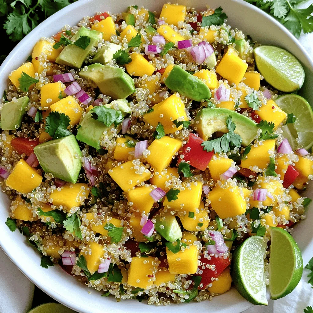 To make a delicious Mango Avocado Quinoa Salad, gather these simple ingredients: - 1 cup quinoa, rinsed - 2 cups water - 1 ripe mango, diced - 2 ripe avocados, diced - 1 red bell pepper, finely chopped - 1/4 cup red onion, finely chopped - 1/4 cup fresh cilantro, chopped - 1 lime, juiced - 2 tablespoons olive oil - Salt and pepper to taste Each ingredient plays a key role in this fresh salad. Quinoa is a great base, providing protein and fiber. The mango adds a sweet touch, while avocados bring creaminess. The red bell pepper and onion add crunch and flavor. Fresh cilantro gives it a vibrant taste, and lime juice brightens everything up. Olive oil adds richness and helps all the flavors blend. Feel free to explore variations of this recipe, but stick to these core ingredients for the best results. For the complete recipe, you can refer to the Full Recipe section. First, take a medium saucepan and boil 2 cups of water. Once the water is boiling, add 1 cup of rinsed quinoa and a pinch of salt. Lower the heat and cover the saucepan. Let it simmer for about 15 minutes. The quinoa will absorb the water and become fluffy. After cooking, remove it from heat and let it cool down to room temperature. While your quinoa cools, you can prepare the vegetables. Start by dicing the ripe mango and avocados into bite-sized pieces. Then, chop the red bell pepper and red onion finely. Lastly, chop the fresh cilantro. Each ingredient adds a burst of flavor and color to your salad. In a large mixing bowl, combine the cooled quinoa with the diced mango and avocados. Next, add the chopped red bell pepper, red onion, and cilantro. Drizzle the juice of one lime and 2 tablespoons of olive oil over the salad. Toss everything gently to combine without mashing the avocados. Season with salt and pepper to taste, mixing gently once more to spread the seasoning. Let the salad rest for about 10 minutes. This wait helps the flavors blend beautifully. For the full recipe, check out the complete instructions above. To get the best texture, avoid mashing the avocados while mixing. Gently fold the ingredients together. This keeps the avocado creamy and intact. Letting the salad rest for about 10 minutes helps the flavors meld. The waiting time allows the quinoa to soak up the lime juice and olive oil. This salad tastes best served right away or chilled. If you chill it, the flavors deepen. For a great presentation, serve it in a large bowl or on individual plates. You can garnish it with lime wedges and a sprinkle of fresh cilantro. This little touch makes it look even more appetizing. Mango, avocado, and quinoa all pack a healthy punch. Quinoa is a great source of protein and fiber. It helps keep you full longer. Avocados provide healthy fats, which are good for your heart. They also contain vitamins and minerals. Mangos add sweetness and are high in vitamin C. Together, these ingredients create a salad that's not just tasty but also good for you. For the full recipe, check out the [Full Recipe]. {{image_2}} You can make your Mango Avocado Quinoa Salad even better by adding protein. Grilled chicken or black beans work great. They will add more flavor and keep you full. Try mixing in other veggies too. Corn or cucumber can add a nice crunch. Get creative with dressings! You can try a honey-lime vinaigrette or a spicy yogurt dressing. These will add a new taste to your salad. Don't forget about spices! A pinch of chili powder or cumin can boost the flavor. Fresh herbs like basil or mint can also make it pop. This salad is easy to adapt for different diets. It is already gluten-free thanks to quinoa. For a vegan option, just skip the grilled chicken. You can even add some nuts or seeds for extra protein. These small changes can make the salad fit your needs. Check out the Full Recipe for more ideas! To keep your Mango Avocado Quinoa Salad fresh, store it in an airtight container. This will stop air from making it soggy or dry. It’s best to keep it in the fridge. If you have leftovers, use them within two days for the best taste. In the fridge, this salad lasts about two to three days. After that, the quality may drop. Watch for signs of spoilage. If you see brown spots on the avocados or a funny smell, it’s time to toss it out. Can you freeze this salad? I don’t recommend it. The texture of the avocado and mango changes when frozen. If you must freeze it, do so without the avocados. To freeze, place the quinoa and veggies in a freezer-safe bag. To thaw, leave it in the fridge overnight before serving. For the best flavor, add fresh avocado only when ready to eat. For the full recipe, check out the detailed instructions above! Yes, you can make this salad ahead of time. I suggest prepping the quinoa and veggies in advance. Cook the quinoa and cool it before mixing. You can chop the mango, avocado, and other veggies and store them separately. This way, they stay fresh. Mix everything together just before serving. This keeps the avocado from browning and the salad crisp. If you want a change, you can use other grains. Some great options are brown rice, farro, or barley. Here are their cooking times: - Brown rice: about 45 minutes - Farro: about 30 minutes - Barley: about 30-40 minutes Make sure to rinse them before cooking. Each grain adds its own unique flavor and texture. Yes, this salad works well for meal prep. You can store it in airtight containers. Keep the dressing on the side until you are ready to eat. This helps keep the salad fresh and crunchy. It stays good in the fridge for about three days. Just check for any signs of spoilage before eating. Enjoy your tasty meal prep! For the full recipe, check out the complete instructions in the earlier section. This blog post shared a simple recipe for Mango Avocado Quinoa Salad. We covered the ingredients, step-by-step instructions, and helpful tips. You learned how to prepare tasty variations and how to store leftovers properly. This salad is not only delicious but also packed with nutrients. I hope you enjoy making this dish and share it with others. With a few simple tweaks, it can fit any diet or occasion. Enjoy your salad and explore all the flavors!