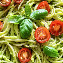 For a delicious creamy avocado pasta, you need simple fresh items. Here’s what to gather: - 2 ripe avocados, pitted and flesh scooped out - 2 cloves garlic, minced - 1 tablespoon lemon juice - 1/4 cup fresh basil leaves, packed - 1/4 cup grated Parmesan cheese (or nutritional yeast for a vegan option) - 1/4 cup extra virgin olive oil - Salt and pepper to taste - 12 ounces pasta of choice (spaghetti, linguine, or penne) When you use ripe avocados, they blend into a smooth sauce. The garlic adds a nice kick. Lemon juice helps keep the sauce bright and fresh. To make your dish pop, consider these fun garnishes: - Cherry tomatoes, halved - Extra basil leaves These add color and flavor. The tomatoes bring sweetness, and the basil adds freshness. If you don’t have some ingredients, here are easy swaps: - Use lime juice instead of lemon juice for a twist. - Swap Parmesan with vegan cheese or leave it out. - Try any type of pasta you like; whole grain adds a nice texture. Feel free to mix and match based on what you have. Cooking should be fun and flexible! For the full recipe, check the link above. To start, fill a large pot with water. Add salt to the water for flavor. Bring it to a boil over high heat. Once boiling, add your choice of pasta, like spaghetti or penne. Cook the pasta according to the package directions until it is al dente. This usually takes about 8 to 10 minutes. Before draining, save 1/2 cup of the pasta water. This water helps to adjust the sauce later. Drain the pasta well and set it aside for now. Next, grab a food processor for the sauce. Add the flesh of the ripe avocados, minced garlic, and lemon juice. Toss in the fresh basil, Parmesan cheese, and olive oil. Blend everything until it is smooth and creamy. If the sauce feels too thick, add a little of that reserved pasta water. Blend again until you reach your perfect creamy texture. Taste the sauce and season with salt and pepper as needed. Now it’s time to bring it all together. In a large bowl, add the cooked pasta. Pour the creamy avocado sauce over the pasta. Toss everything gently until the pasta is well coated with the sauce. If you want, adjust the seasoning with more salt and pepper. Serve the dish warm. You can garnish it with halved cherry tomatoes and extra basil leaves. This adds a nice touch of color and flavor. For a final touch, drizzle some extra virgin olive oil on top. This enhances the richness and taste of your creamy avocado pasta. Enjoy your meal! For the full recipe, refer to the earlier section. To get that smooth, creamy texture, use ripe avocados. They should be soft but not brown. When blending, add the reserved pasta water slowly. This helps adjust the sauce's thickness. If it’s too thick, just add a bit more water. Blend until you see no lumps. A food processor works best for this job. To boost flavor, try adding fresh herbs. Chopped parsley or cilantro can work wonders. You can also mix in a pinch of red pepper flakes for heat. Don’t forget salt and pepper; they enhance all the tastes. For a zestier kick, add more lemon juice. Taste as you go to find your perfect mix. Serve the creamy avocado pasta right away for the best taste. Garnish with halved cherry tomatoes and fresh basil. This adds color and freshness to the dish. You can also serve it with crusty bread on the side. A light salad pairs well, too. For a fun twist, try adding grilled chicken or shrimp. Check out the Full Recipe for more details. {{image_2}} If you're vegan, you can easily swap out the cheese. Simply use nutritional yeast instead of Parmesan. It gives a cheesy flavor without dairy. I love using about 1/4 cup. This keeps the dish creamy and rich while staying plant-based. Want to make your pasta heartier? Add some protein! Grilled chicken or shrimp works great. You can also try chickpeas or lentils for a vegan option. Just toss them in with the pasta and sauce. This adds texture and keeps you full longer. To jazz up your creamy avocado pasta, think about spices or nuts. A pinch of red pepper flakes adds heat. Toasted pine nuts or walnuts give a nice crunch. Fresh herbs like parsley or cilantro can also brighten the dish. Experiment with these ideas to find your favorite combination! To keep your creamy avocado pasta fresh, store leftovers in an airtight container. Place it in the fridge within two hours of cooking. This will keep it tasty for up to three days. Make sure to cover the pasta well to avoid air exposure. This helps prevent browning of the avocado sauce. When you’re ready to enjoy leftovers, gently reheat the pasta. You can use a microwave or a stove. If using a microwave, warm it on medium heat for about one minute. Stir halfway through to heat evenly. On the stove, add a splash of water and warm it over low heat. This keeps the sauce creamy instead of dry. Freezing the avocado sauce is simple and smart. Place it in a freezer-safe bag or container. Leave some space for expansion. You can freeze the sauce for up to three months. When you want to use it, thaw it in the fridge overnight. Then, blend it again to restore its smooth texture. Enjoy it later with your favorite pasta! You can find the full recipe in the main article. Yes, you can use many types of pasta. Spaghetti, linguine, and penne all work well. You can even try whole wheat or gluten-free options. Each type adds a unique twist to the dish. Just make sure to cook it al dente for the best texture. To stop the avocado from browning, use lemon juice. It helps keep the color bright. You can also store the sauce in an airtight container. Press plastic wrap directly onto the surface of the sauce to limit air contact. Use it right away for the best color and flavor. You can add protein to make this dish more filling. Try cooked chicken, shrimp, or chickpeas. You can also mix in some veggies like spinach or peas. Nuts, like walnuts or pine nuts, add crunch and protein too. This way, you create a heartier meal that still tastes great. In this blog post, I shared how to make creamy avocado pasta. We covered the main ingredients, optional garnishes, and substitutions. I outlined easy steps to cook the pasta and prepare the sauce. I also offered tips for a perfect texture and flavor. Plus, I shared tasty variations and storage tips. Remember, you can customize this dish to fit your taste. Enjoy experimenting with flavors and enjoy your meal!