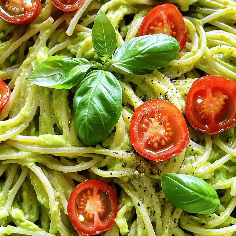 For a delicious creamy avocado pasta, you need simple fresh items. Here’s what to gather: - 2 ripe avocados, pitted and flesh scooped out - 2 cloves garlic, minced - 1 tablespoon lemon juice - 1/4 cup fresh basil leaves, packed - 1/4 cup grated Parmesan cheese (or nutritional yeast for a vegan option) - 1/4 cup extra virgin olive oil - Salt and pepper to taste - 12 ounces pasta of choice (spaghetti, linguine, or penne) When you use ripe avocados, they blend into a smooth sauce. The garlic adds a nice kick. Lemon juice helps keep the sauce bright and fresh. To make your dish pop, consider these fun garnishes: - Cherry tomatoes, halved - Extra basil leaves These add color and flavor. The tomatoes bring sweetness, and the basil adds freshness. If you don’t have some ingredients, here are easy swaps: - Use lime juice instead of lemon juice for a twist. - Swap Parmesan with vegan cheese or leave it out. - Try any type of pasta you like; whole grain adds a nice texture. Feel free to mix and match based on what you have. Cooking should be fun and flexible! For the full recipe, check the link above. To start, fill a large pot with water. Add salt to the water for flavor. Bring it to a boil over high heat. Once boiling, add your choice of pasta, like spaghetti or penne. Cook the pasta according to the package directions until it is al dente. This usually takes about 8 to 10 minutes. Before draining, save 1/2 cup of the pasta water. This water helps to adjust the sauce later. Drain the pasta well and set it aside for now. Next, grab a food processor for the sauce. Add the flesh of the ripe avocados, minced garlic, and lemon juice. Toss in the fresh basil, Parmesan cheese, and olive oil. Blend everything until it is smooth and creamy. If the sauce feels too thick, add a little of that reserved pasta water. Blend again until you reach your perfect creamy texture. Taste the sauce and season with salt and pepper as needed. Now it’s time to bring it all together. In a large bowl, add the cooked pasta. Pour the creamy avocado sauce over the pasta. Toss everything gently until the pasta is well coated with the sauce. If you want, adjust the seasoning with more salt and pepper. Serve the dish warm. You can garnish it with halved cherry tomatoes and extra basil leaves. This adds a nice touch of color and flavor. For a final touch, drizzle some extra virgin olive oil on top. This enhances the richness and taste of your creamy avocado pasta. Enjoy your meal! For the full recipe, refer to the earlier section. To get that smooth, creamy texture, use ripe avocados. They should be soft but not brown. When blending, add the reserved pasta water slowly. This helps adjust the sauce's thickness. If it’s too thick, just add a bit more water. Blend until you see no lumps. A food processor works best for this job. To boost flavor, try adding fresh herbs. Chopped parsley or cilantro can work wonders. You can also mix in a pinch of red pepper flakes for heat. Don’t forget salt and pepper; they enhance all the tastes. For a zestier kick, add more lemon juice. Taste as you go to find your perfect mix. Serve the creamy avocado pasta right away for the best taste. Garnish with halved cherry tomatoes and fresh basil. This adds color and freshness to the dish. You can also serve it with crusty bread on the side. A light salad pairs well, too. For a fun twist, try adding grilled chicken or shrimp. Check out the Full Recipe for more details. {{image_2}} If you're vegan, you can easily swap out the cheese. Simply use nutritional yeast instead of Parmesan. It gives a cheesy flavor without dairy. I love using about 1/4 cup. This keeps the dish creamy and rich while staying plant-based. Want to make your pasta heartier? Add some protein! Grilled chicken or shrimp works great. You can also try chickpeas or lentils for a vegan option. Just toss them in with the pasta and sauce. This adds texture and keeps you full longer. To jazz up your creamy avocado pasta, think about spices or nuts. A pinch of red pepper flakes adds heat. Toasted pine nuts or walnuts give a nice crunch. Fresh herbs like parsley or cilantro can also brighten the dish. Experiment with these ideas to find your favorite combination! To keep your creamy avocado pasta fresh, store leftovers in an airtight container. Place it in the fridge within two hours of cooking. This will keep it tasty for up to three days. Make sure to cover the pasta well to avoid air exposure. This helps prevent browning of the avocado sauce. When you’re ready to enjoy leftovers, gently reheat the pasta. You can use a microwave or a stove. If using a microwave, warm it on medium heat for about one minute. Stir halfway through to heat evenly. On the stove, add a splash of water and warm it over low heat. This keeps the sauce creamy instead of dry. Freezing the avocado sauce is simple and smart. Place it in a freezer-safe bag or container. Leave some space for expansion. You can freeze the sauce for up to three months. When you want to use it, thaw it in the fridge overnight. Then, blend it again to restore its smooth texture. Enjoy it later with your favorite pasta! You can find the full recipe in the main article. Yes, you can use many types of pasta. Spaghetti, linguine, and penne all work well. You can even try whole wheat or gluten-free options. Each type adds a unique twist to the dish. Just make sure to cook it al dente for the best texture. To stop the avocado from browning, use lemon juice. It helps keep the color bright. You can also store the sauce in an airtight container. Press plastic wrap directly onto the surface of the sauce to limit air contact. Use it right away for the best color and flavor. You can add protein to make this dish more filling. Try cooked chicken, shrimp, or chickpeas. You can also mix in some veggies like spinach or peas. Nuts, like walnuts or pine nuts, add crunch and protein too. This way, you create a heartier meal that still tastes great. In this blog post, I shared how to make creamy avocado pasta. We covered the main ingredients, optional garnishes, and substitutions. I outlined easy steps to cook the pasta and prepare the sauce. I also offered tips for a perfect texture and flavor. Plus, I shared tasty variations and storage tips. Remember, you can customize this dish to fit your taste. Enjoy experimenting with flavors and enjoy your meal!