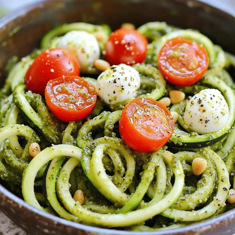 - 3 medium zucchini, spiralized - 1 cup fresh basil leaves - 1/4 cup pine nuts (toasted) - 1/4 cup grated Parmesan cheese - 2-3 cloves garlic, minced - 1/4 cup extra virgin olive oil - Salt and pepper to taste - Cherry tomatoes, halved (for garnish) - Fresh mozzarella balls (for garnish, optional) To create a vibrant dish, I start with fresh ingredients. Zucchini serves as the base, and its mild taste complements the bold pesto. I use three medium zucchinis, spiralized into fun, noodle-like shapes. This makes the dish light and playful. Next, I reach for fresh basil leaves. They bring a bright flavor to the pesto. I like to use a full cup of basil leaves for a strong taste. Pine nuts add a lovely crunch and richness, so I toast a quarter cup to enhance their flavor. Garlic is key for that zing. I usually use two to three cloves, but you can adjust this based on your taste. I also add a quarter cup of grated Parmesan cheese for creaminess and depth. For the dressing, I rely on extra virgin olive oil. It smooths the pesto and adds a lush texture. I use about a quarter cup for the right balance. Lastly, I season with salt and pepper to taste. For garnish, I enjoy halved cherry tomatoes. They add color and sweetness. If I want more richness, I might include fresh mozzarella balls. They melt beautifully and make the dish even more inviting. For a full recipe, check out the details in the section above. - Spiralizing the zucchini: To start, take three medium zucchinis and spiralize them. A spiralizer makes fun, long noodles. If you don’t have one, a vegetable peeler will work too. - Salting the zucchini noodles: Place the spiralized noodles in a colander. Sprinkle them with a pinch of salt. This step helps draw out extra moisture. Let them sit for about ten minutes. - Patting dry to remove moisture: After ten minutes, use a paper towel to pat the noodles dry. Removing moisture keeps the dish from getting soggy. - Combining ingredients in a food processor: In a food processor, add one cup of fresh basil leaves, 1/4 cup of toasted pine nuts, 1/4 cup of grated Parmesan cheese, and 2-3 cloves of minced garlic. - Drizzling in olive oil: While the food processor runs, slowly drizzle in 1/4 cup of extra virgin olive oil. This gives the pesto a smooth texture. - Flavoring with salt and pepper: Taste your pesto. Add salt and pepper to make it pop. Keep blending until you reach the right flavor. - Tossing the noodles with pesto: In a large mixing bowl, add your zucchini noodles. Pour the pesto over them. - Ensuring even coating: Use tongs or a fork to toss the noodles gently. Make sure every noodle gets a nice coat of that fresh, vibrant pesto. This simple method creates a flavorful and fresh dish you’ll love. For the full recipe, check out Zesty Zucchini Noodles with Basil Pesto. - Choosing the right zucchini: Look for medium-sized zucchini that are firm and shiny. They should feel heavy for their size. Avoid those that are soft or have blemishes. - Avoiding sogginess: Salt the zucchini noodles after spiralizing. Let them sit in a colander for about 10 minutes. This helps draw out excess water. After that, pat them dry with a paper towel. - Ideal thickness for noodles: Aim for thin noodles, about the width of a spaghetti strand. This helps them cook evenly and keeps the dish light. - Recommendations for preserving pesto freshness: Store any leftover pesto in an airtight container. A thin layer of olive oil on top helps keep it fresh. This also prevents browning. - Freezing options for prolonged storage: You can freeze pesto in ice cube trays. Once frozen, transfer the cubes to a bag. This allows you to use just what you need later. - Pairing with proteins: Zucchini noodles go well with grilled chicken or shrimp. The lightness of the noodles complements the protein nicely. - Enhancing with additional toppings: Consider adding cherry tomatoes or fresh mozzarella balls for extra flavor. You can also sprinkle some nuts or herbs for a crunchy texture. This guide will help you create a delicious and fresh dish using zucchini noodles with pesto. For the complete steps, check out the Full Recipe. Enjoy crafting this vibrant meal! {{image_2}} You can switch up the pesto to suit your needs. If you need a nut-free option, use sunflower seeds instead of pine nuts. For a dairy-free version, skip the cheese or use nutritional yeast. You can also try different greens. Spinach or arugula can add a fresh twist to your dish. Both have unique flavors that brighten up the noodles. Adding protein makes this dish heartier. Grilled chicken works well and adds a nice texture. Shrimp is another great option, bringing a sweet flavor. If you want a plant-based choice, chickpeas are perfect. They add protein and a nutty taste. Simply toss your choice of protein into the noodles after mixing in the pesto. While pesto is a star, you can serve it with other sauces. A light marinara can add a warm touch. You might also enjoy a lemon olive oil drizzle for brightness. Creamy sauces like Alfredo can pair nicely too. Experiment with these options to find your favorite flavor combo. Each sauce adds its unique flair to the dish. For the full recipe, check out Zesty Zucchini Noodles with Basil Pesto. To keep cooked zucchini noodles fresh, place them in an airtight container. This helps avoid moisture loss and keeps them tasty. If you plan to eat them within a few days, store them in the fridge. For longer storage, you can freeze the noodles. Just remember, they may lose some texture when thawed. Drain any excess liquid before freezing. This keeps them from becoming mushy. Fresh pesto lasts about a week in the fridge. After that, it may start to lose flavor. Always check for signs of spoilage. If the pesto changes color or smells off, it is best to discard it. Mold growth is a clear sign that the pesto is no longer good to eat. For storing zucchini noodles, use glass or BPA-free plastic containers. Glass containers are ideal as they do not absorb odors. Make sure the lids fit tightly to keep air out. For pesto, a small jar with a lid works well. This way, you can pour a little olive oil on top. It helps keep the pesto fresh by creating a seal. Yes, you can use regular pasta. However, zucchini noodles have a lot of benefits. They are low in carbs and calories. They also add a fresh taste to your dish. Regular pasta can be heavier and more filling. If you seek a lighter meal, zucchini noodles are the way to go. To spiralize zucchini, use a spiralizer. Place the zucchini in the spiralizer and twist it. Make sure to press down firmly. This helps to create long, even noodles. If you don’t have a spiralizer, you can use a vegetable peeler. Just peel thin strips off the zucchini until you reach the seeds. To make this recipe vegan, replace the cheese with nutritional yeast. You can also use vegan cheese if you prefer. For protein, add chickpeas or tofu. This keeps the dish filling and tasty. Use a plant-based pesto for a fully vegan option. Overcooked zucchini noodles become mushy and lose their shape. They may also release too much water. When cooking, aim for a slight crunch. This keeps the texture pleasant. If they look limp, you have likely overcooked them. Yes, you can meal prep this dish! Make the zucchini noodles and pesto ahead of time. Store them separately in the fridge. When you're ready to eat, combine them and heat gently. This keeps them fresh and tasty. You can also pack them for lunch or dinner. You now have a tasty way to enjoy zucchini noodles. We covered each step, from spiralizing the zucchini to making a fresh basil pesto. Remember that the right technique ensures your noodles stay firm and flavorful. You can personalize this dish with your favorite proteins or sauces. With these tips, you can store leftovers well and keep meals fresh. Whether you’re eating light or seeking new flavors, this recipe offers something for everyone. Enjoy experimenting in your kitchen!