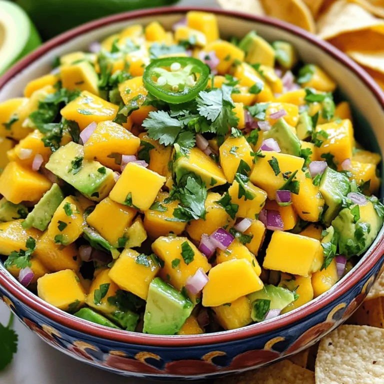 - 1 ripe mango, diced - 2 ripe avocados, diced - 1 small red onion, finely chopped - 1 jalapeño, deseeded and minced - 1/4 cup fresh cilantro, chopped - 2 tablespoons lime juice - 1 tablespoon olive oil - Salt and pepper to taste - Optional: 1/2 teaspoon smoked paprika for a twist To make the best Mango Avocado Salsa, you need fresh ingredients. The mango and avocado are the stars of this dish. They add sweetness and creaminess. The red onion gives a nice crunch, while the jalapeño adds heat. Fresh cilantro brings a burst of flavor, and lime juice brightens it all up. Olive oil adds richness, and salt and pepper bring out the flavors. What if you can't find fresh mango or avocado? You can use other fruits like peach or pineapple. For veggies, try cucumber or bell pepper. If you want different oils, avocado oil works well too. You can also use lemon juice instead of lime juice for a different taste. When it comes to herbs, fresh is best, but dried cilantro can work in a pinch. Just use less. Be creative! You can mix and match to find what you like best. For the smoked paprika, if you want a different twist, try cumin or chili powder. For more details on how to put these ingredients together, check out the Full Recipe. How to dice mango and avocado To dice a mango, start by peeling it. Use a sharp knife to cut slices along the pit. Then, cut those slices into cubes. For avocados, cut them in half, remove the pit, and scoop the flesh out with a spoon. Dice the avocado in the skin, then scoop it out into a bowl. Chopping onion and jalapeño For the red onion, peel off the outer layer. Then, make thin slices and chop them into small pieces. For the jalapeño, first, slice it in half and remove the seeds. Next, chop it finely to get the heat without being overwhelming. Mixing the ingredients Once you have diced the mango, avocado, onion, and jalapeño, combine them in a large mixing bowl. Make sure to add the fresh cilantro as well. This adds brightness and flavor to your salsa. How to whisk lime juice and olive oil In a small bowl, pour 2 tablespoons of lime juice. Add 1 tablespoon of olive oil. Use a whisk or a fork to mix them together until they blend nicely. This will create a fresh and zesty dressing for your salsa. Optional smoked paprika addition If you want a smoky flavor, you can add 1/2 teaspoon of smoked paprika to the dressing. Whisk it in well with the lime juice and olive oil to infuse that unique taste. Tossing the salsa without mashing the avocado Pour the dressing over the salsa mixture. Use a spatula to gently toss everything together. Be careful not to mash the avocado. You want nice, chunky pieces that hold their shape. Best practices for flavor melding Allow the salsa to sit for about 10 minutes before serving. This waiting time helps the flavors blend together and taste even better. Serve it in a colorful bowl and enjoy with tortilla chips or as a topping! For the Full Recipe, check the earlier section. To make the best mango avocado salsa, you need to focus on texture. Use ripe mango and avocado for a creamy bite. The mango should be sweet and soft but not mushy. The avocado must also be ripe. If it feels too hard, wait a day or two. Keeping your avocado fresh is key. After dicing, sprinkle lime juice on the avocado pieces. This will slow browning and keep the color bright. Store any leftover salsa in an airtight container. Add a layer of plastic wrap directly on the salsa to avoid air exposure. For flavor enhancement, consider your taste buds. If you love heat, add more jalapeño or even a dash of hot sauce. Fresh herbs like cilantro boost the flavor. You can also try adding a pinch of smoked paprika for a tasty twist. Mango avocado salsa pairs perfectly with tortilla chips. It makes a great appetizer or snack. You can also serve it as a topping for grilled chicken, fish, or tacos. This adds a fresh burst of flavor to your meal. For presentation, use a colorful bowl. Garnish the top with extra cilantro for a pop of green. This makes the dish look inviting and fresh. You can also use the salsa as a topping for burrito bowls or salads. It brightens up any dish with its vibrant colors and flavors. Enjoy exploring different ways to use your mango avocado salsa! {{image_2}} You can make Mango Avocado Salsa even more exciting with some fun twists. - Adding fruits like pineapple or mango: For a sweeter kick, add diced pineapple. This adds a nice contrast to the creamy avocado. You can also mix in other fruits like kiwi for a unique taste. - Heat level adjustments with different peppers: Want more heat? Try using serrano or habanero peppers instead of jalapeño. This will bring more spice to your salsa and a deeper flavor. - Unique ingredients like corn or beans: Adding corn gives a sweet crunch. Black beans can add protein and make the salsa heartier. Both options enhance the dish and make it more filling. Mango Avocado Salsa can fit many diets. - Vegan and gluten-free considerations: This salsa is naturally vegan and gluten-free. You can enjoy it without any worries about dietary restrictions. It’s fresh, light, and full of flavor. - Low-carb options: If you're watching carbs, this salsa is a great choice. The ingredients are low in carbs, making it perfect for low-carb diets. Enjoy it with your favorite grilled proteins for a complete meal. For the full recipe, check the [Full Recipe]. Enjoy creating your own delicious variations! To keep your mango avocado salsa fresh, use an airtight container. Press plastic wrap directly on the salsa's surface before sealing. This reduces air exposure and slows browning. Store it in the fridge for the best results. Avoid leaving it out at room temperature for long. The heat can spoil the flavors and ingredients. Mango avocado salsa lasts about 1 to 2 days in the fridge. After that, the avocados may start to brown and lose their taste. Check for signs of spoilage, such as a sour smell or mushy texture. If you see brown spots on the avocado, it’s time to toss it. Always trust your senses; if it doesn’t smell or look right, don’t eat it. Can I prepare Mango Avocado Salsa in advance? Yes, you can prepare Mango Avocado Salsa a few hours ahead. Just keep it in the fridge. The flavors will blend nicely. However, the avocado may brown if left too long. To slow browning, add extra lime juice. What can I use instead of lime juice? If you don’t have lime juice, use lemon juice. It adds a nice tang, too. You can also try vinegar, like apple cider vinegar. This will change the taste a bit, but it still works well. How do I make this salsa spicy? To add heat, include more jalapeño. You can also try serrano peppers for extra spice. Another option is to sprinkle in some cayenne pepper. Start small, then taste and adjust. Calories and nutrient breakdown One serving of Mango Avocado Salsa has about 150 calories. It has healthy fats from avocados and fiber from mangoes. Each serving contains around 3 grams of protein and 10 grams of carbs. Health benefits of the ingredients Mangoes are full of vitamins A and C. They help boost your immune system. Avocados provide healthy fats, which are good for your heart. Cilantro adds antioxidants, which can keep you healthy. This salsa is a tasty way to enjoy these benefits! This blog post covered how to make a tasty Mango Avocado Salsa. You learned the key ingredients, how to prep them, and tips for the best flavor. Remember to try substitutes and add your twist for a unique taste. You can store the salsa easily in the fridge for fresh flavors later. Making this dish brings colorful, healthy food to your table. I hope these steps inspire you to create your own delicious salsa at home. Enjoy experimenting with different flavors!