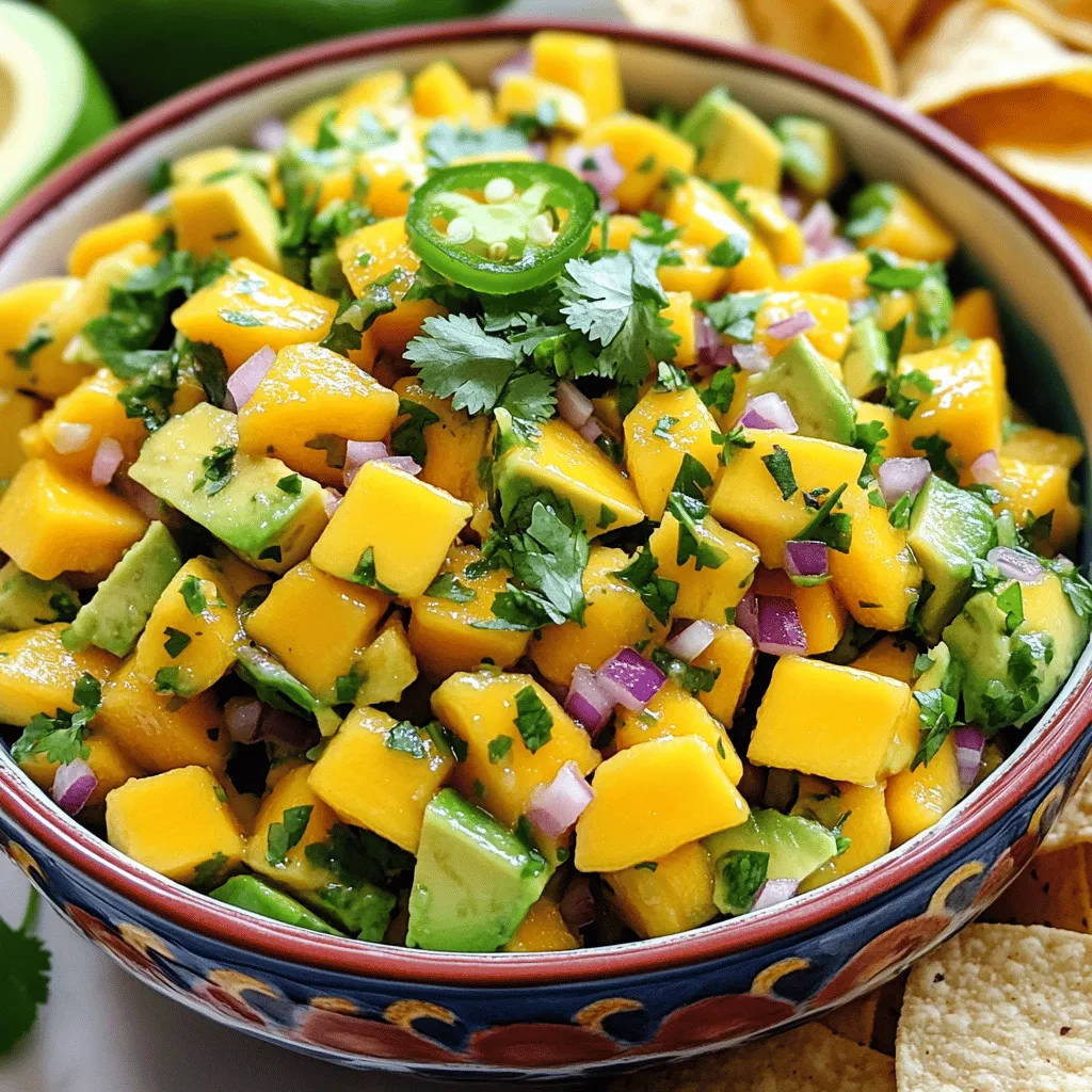 - 1 ripe mango, diced - 2 ripe avocados, diced - 1 small red onion, finely chopped - 1 jalapeño, deseeded and minced - 1/4 cup fresh cilantro, chopped - 2 tablespoons lime juice - 1 tablespoon olive oil - Salt and pepper to taste - Optional: 1/2 teaspoon smoked paprika for a twist To make the best Mango Avocado Salsa, you need fresh ingredients. The mango and avocado are the stars of this dish. They add sweetness and creaminess. The red onion gives a nice crunch, while the jalapeño adds heat. Fresh cilantro brings a burst of flavor, and lime juice brightens it all up. Olive oil adds richness, and salt and pepper bring out the flavors. What if you can't find fresh mango or avocado? You can use other fruits like peach or pineapple. For veggies, try cucumber or bell pepper. If you want different oils, avocado oil works well too. You can also use lemon juice instead of lime juice for a different taste. When it comes to herbs, fresh is best, but dried cilantro can work in a pinch. Just use less. Be creative! You can mix and match to find what you like best. For the smoked paprika, if you want a different twist, try cumin or chili powder. For more details on how to put these ingredients together, check out the Full Recipe. How to dice mango and avocado To dice a mango, start by peeling it. Use a sharp knife to cut slices along the pit. Then, cut those slices into cubes. For avocados, cut them in half, remove the pit, and scoop the flesh out with a spoon. Dice the avocado in the skin, then scoop it out into a bowl. Chopping onion and jalapeño For the red onion, peel off the outer layer. Then, make thin slices and chop them into small pieces. For the jalapeño, first, slice it in half and remove the seeds. Next, chop it finely to get the heat without being overwhelming. Mixing the ingredients Once you have diced the mango, avocado, onion, and jalapeño, combine them in a large mixing bowl. Make sure to add the fresh cilantro as well. This adds brightness and flavor to your salsa. How to whisk lime juice and olive oil In a small bowl, pour 2 tablespoons of lime juice. Add 1 tablespoon of olive oil. Use a whisk or a fork to mix them together until they blend nicely. This will create a fresh and zesty dressing for your salsa. Optional smoked paprika addition If you want a smoky flavor, you can add 1/2 teaspoon of smoked paprika to the dressing. Whisk it in well with the lime juice and olive oil to infuse that unique taste. Tossing the salsa without mashing the avocado Pour the dressing over the salsa mixture. Use a spatula to gently toss everything together. Be careful not to mash the avocado. You want nice, chunky pieces that hold their shape. Best practices for flavor melding Allow the salsa to sit for about 10 minutes before serving. This waiting time helps the flavors blend together and taste even better. Serve it in a colorful bowl and enjoy with tortilla chips or as a topping! For the Full Recipe, check the earlier section. To make the best mango avocado salsa, you need to focus on texture. Use ripe mango and avocado for a creamy bite. The mango should be sweet and soft but not mushy. The avocado must also be ripe. If it feels too hard, wait a day or two. Keeping your avocado fresh is key. After dicing, sprinkle lime juice on the avocado pieces. This will slow browning and keep the color bright. Store any leftover salsa in an airtight container. Add a layer of plastic wrap directly on the salsa to avoid air exposure. For flavor enhancement, consider your taste buds. If you love heat, add more jalapeño or even a dash of hot sauce. Fresh herbs like cilantro boost the flavor. You can also try adding a pinch of smoked paprika for a tasty twist. Mango avocado salsa pairs perfectly with tortilla chips. It makes a great appetizer or snack. You can also serve it as a topping for grilled chicken, fish, or tacos. This adds a fresh burst of flavor to your meal. For presentation, use a colorful bowl. Garnish the top with extra cilantro for a pop of green. This makes the dish look inviting and fresh. You can also use the salsa as a topping for burrito bowls or salads. It brightens up any dish with its vibrant colors and flavors. Enjoy exploring different ways to use your mango avocado salsa! {{image_2}} You can make Mango Avocado Salsa even more exciting with some fun twists. - Adding fruits like pineapple or mango: For a sweeter kick, add diced pineapple. This adds a nice contrast to the creamy avocado. You can also mix in other fruits like kiwi for a unique taste. - Heat level adjustments with different peppers: Want more heat? Try using serrano or habanero peppers instead of jalapeño. This will bring more spice to your salsa and a deeper flavor. - Unique ingredients like corn or beans: Adding corn gives a sweet crunch. Black beans can add protein and make the salsa heartier. Both options enhance the dish and make it more filling. Mango Avocado Salsa can fit many diets. - Vegan and gluten-free considerations: This salsa is naturally vegan and gluten-free. You can enjoy it without any worries about dietary restrictions. It’s fresh, light, and full of flavor. - Low-carb options: If you're watching carbs, this salsa is a great choice. The ingredients are low in carbs, making it perfect for low-carb diets. Enjoy it with your favorite grilled proteins for a complete meal. For the full recipe, check the [Full Recipe]. Enjoy creating your own delicious variations! To keep your mango avocado salsa fresh, use an airtight container. Press plastic wrap directly on the salsa's surface before sealing. This reduces air exposure and slows browning. Store it in the fridge for the best results. Avoid leaving it out at room temperature for long. The heat can spoil the flavors and ingredients. Mango avocado salsa lasts about 1 to 2 days in the fridge. After that, the avocados may start to brown and lose their taste. Check for signs of spoilage, such as a sour smell or mushy texture. If you see brown spots on the avocado, it’s time to toss it. Always trust your senses; if it doesn’t smell or look right, don’t eat it. Can I prepare Mango Avocado Salsa in advance? Yes, you can prepare Mango Avocado Salsa a few hours ahead. Just keep it in the fridge. The flavors will blend nicely. However, the avocado may brown if left too long. To slow browning, add extra lime juice. What can I use instead of lime juice? If you don’t have lime juice, use lemon juice. It adds a nice tang, too. You can also try vinegar, like apple cider vinegar. This will change the taste a bit, but it still works well. How do I make this salsa spicy? To add heat, include more jalapeño. You can also try serrano peppers for extra spice. Another option is to sprinkle in some cayenne pepper. Start small, then taste and adjust. Calories and nutrient breakdown One serving of Mango Avocado Salsa has about 150 calories. It has healthy fats from avocados and fiber from mangoes. Each serving contains around 3 grams of protein and 10 grams of carbs. Health benefits of the ingredients Mangoes are full of vitamins A and C. They help boost your immune system. Avocados provide healthy fats, which are good for your heart. Cilantro adds antioxidants, which can keep you healthy. This salsa is a tasty way to enjoy these benefits! This blog post covered how to make a tasty Mango Avocado Salsa. You learned the key ingredients, how to prep them, and tips for the best flavor. Remember to try substitutes and add your twist for a unique taste. You can store the salsa easily in the fridge for fresh flavors later. Making this dish brings colorful, healthy food to your table. I hope these steps inspire you to create your own delicious salsa at home. Enjoy experimenting with different flavors!