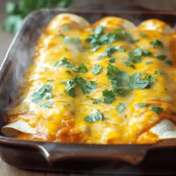 - 2 cups cooked chicken, shredded - 1 cup black beans, rinsed and drained - 1 cup corn kernels (fresh, frozen, or canned) - 1 teaspoon cumin - 1 teaspoon chili powder - ½ teaspoon garlic powder - 8 small flour tortillas - 2 cups enchilada sauce (store-bought or homemade) - 1 cup shredded cheese (Cheddar or Monterey Jack) - ¼ cup fresh cilantro, chopped (for garnish) - Sour cream (optional for serving) To make the best easy chicken enchiladas, gather these fresh ingredients. Use cooked chicken that you shredded at home or bought from a store. Black beans add protein and fiber. Corn brings sweetness and texture. Spices like cumin, chili powder, and garlic powder give the dish a warm kick. The flour tortillas hold everything together, creating a soft, delicious wrap. Enchilada sauce keeps the enchiladas moist and flavorful. For the cheese, I prefer the rich taste of Cheddar or Monterey Jack. Use fresh cilantro to add a pop of color and flavor on top. You can serve with sour cream for extra creaminess. You can find the full recipe to guide you through the process. Enjoy cooking! - First, combine the cooked chicken, black beans, corn, cumin, chili powder, and garlic powder in a large bowl. - Mix everything until all ingredients are well incorporated. This ensures each bite is packed with flavor. - Next, spread half a cup of enchilada sauce on the bottom of a 9x13-inch baking dish. - Take a tortilla and place about half a cup of the chicken mixture in the center. - Roll it up tightly and place it seam-side down in the dish. Repeat this step with the remaining tortillas and chicken mixture. - Cover the baking dish with aluminum foil and bake in a preheated oven at 375°F (190°C) for 20 minutes. - After 20 minutes, remove the foil and bake for an additional 10 minutes. This allows the cheese to melt and get bubbly. - Once done, take the dish out of the oven and let it cool for a few minutes. Using leftover chicken or rotisserie chicken makes this recipe quick and easy. Just shred the chicken and mix it with the other ingredients. This saves time and adds great flavor. For spice, I love using cumin and chili powder. They add warmth and depth. A pinch of garlic powder also helps to brighten up the dish. Experiment with these spices to find your perfect mix. Softening tortillas is key to rolling them easily. To do this, heat them briefly in a pan or wrap them in a damp cloth. This makes them more flexible. When filling the tortillas, use about half a cup of the chicken mixture. This keeps everything neat and avoids spills. Roll them tightly and place them seam-side down in your baking dish. To achieve that bubbly cheese topping, cover the dish with foil for the first part of baking. This keeps moisture in and helps everything cook evenly. After 20 minutes, remove the foil to let the cheese brown on top. Bake for an additional 10 minutes for that perfect golden color. I always watch closely to avoid overcooking. Trust me, the cheese should be melty and slightly crispy! For the Full Recipe, check out the main section of this article. {{image_2}} You can change the chicken in this recipe. Beef or shrimp works well too. You can even use veggies for a tasty vegetarian option. Try black beans, bell peppers, or zucchini. These give a great mix of flavor and color. For shrimp, just cook them until they turn pink. For beef, use ground beef or shredded beef. Each option brings its own twist! You can explore different sauces for your enchiladas. Making your own enchilada sauce is fun! Use tomatoes, peppers, and spices to create a unique flavor. If you're short on time, use salsa or store-bought sauce. They can add a nice kick to your dish. Don't be afraid to experiment with different sauces. You might just find a new favorite! Choosing cheese is key for great enchiladas. Cheddar and Monterey Jack are both excellent choices. They melt well and taste amazing. You can use a blend of cheeses for extra flavor. Also, try adding queso fresco or feta on top. These cheeses add a lovely creamy texture and a bit of salt. You can mix and match to find your perfect cheese combination! To keep your enchiladas fresh, refrigerate them in an airtight container. This helps prevent drying out. They last about three to four days in the fridge. For longer storage, you can freeze them. Wrap each enchilada in plastic wrap, then place them in a freezer bag. This method protects them from freezer burn. Frozen enchiladas can last up to three months. For the best flavor, reheat enchiladas in the oven. Preheat your oven to 350°F (175°C). Place the enchiladas in a baking dish, cover with foil, and heat for about 20 minutes. This keeps them moist and allows the cheese to melt nicely. If you're in a hurry, use the microwave. Place one enchilada on a microwave-safe plate. Cover it with a damp paper towel to keep it from drying out. Heat for about one minute or until warm. Enjoy your enchiladas just like they were fresh! Yes, you can prep your enchiladas ahead. Start by making the chicken filling and mixing it well. You can store this in the fridge for up to two days. You can also assemble the enchiladas in the baking dish. Just wait to add the sauce and cheese until right before baking. This keeps the tortillas soft and fresh. Cover the dish with foil and chill it. When you’re ready, pour the sauce, add cheese, and bake as directed. Chicken enchiladas pair well with many side dishes. Here are some tasty options: - Mexican rice: Fluffy rice adds a nice texture. - Refried beans: Creamy beans complement the enchiladas. - Guacamole: Fresh and creamy, it adds flavor. - Corn salad: A zesty salad brightens the meal. - Salsa: Fresh salsa gives a nice kick. You can store enchiladas in the fridge for up to four days. Keep them in an airtight container to keep them fresh. If you want to store them longer, consider freezing. Just wrap them well to prevent freezer burn. When reheating, check that they are warm throughout. This ensures safety and keeps them tasty. Enjoy your delicious enchiladas! In this post, we explored how to make easy chicken enchiladas. We covered the ingredients needed, preparation steps, and tips for the best results. You can use different proteins and sauces based on your taste. Remember to store leftovers properly to enjoy later. These enchiladas are not just tasty; they’re also simple to make. Enjoy creating your delicious twist on this classic dish!