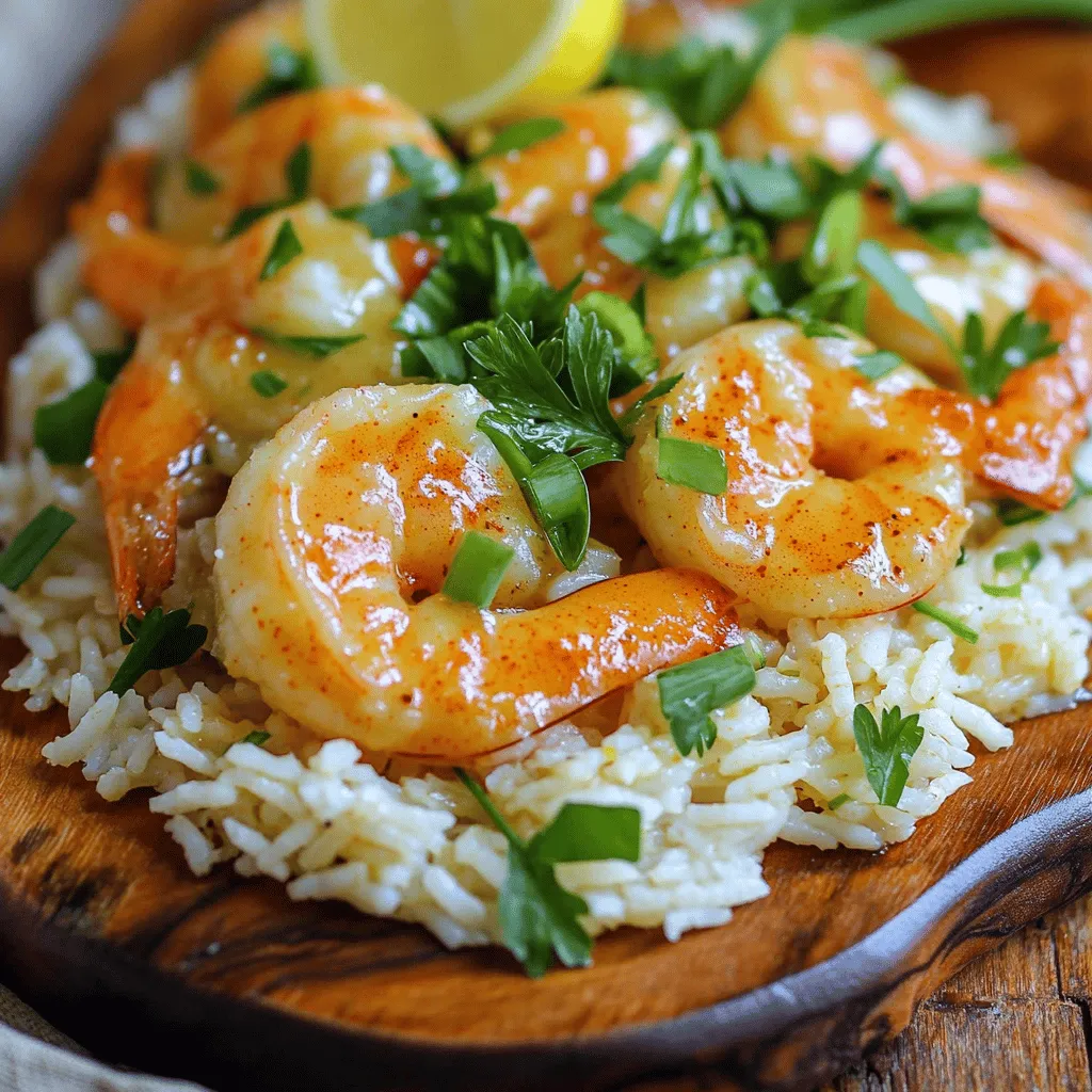 - 1 lb (450g) large shrimp, peeled and deveined - 1 cup jasmine rice - 4 tablespoons unsalted butter Large shrimp form the heart of this dish. They cook quickly and soak up flavor well. I love using jasmine rice because it has a nice aroma. Unsalted butter adds richness without overpowering the dish. - 4 cloves garlic, minced - 1 small onion, finely chopped - 1 cup chicken broth - 1 teaspoon paprika - Salt and pepper to taste Garlic and onion give a sweet and savory base. Chicken broth adds depth to the flavor. Paprika brings a hint of warmth, while salt and pepper balance everything out. - 2 green onions, sliced (for garnish) - Fresh parsley, chopped (for garnish) - 1 tablespoon lemon juice Green onions and parsley add a fresh touch. They also bring a nice crunch. A splash of lemon juice brightens the whole dish, making it taste even better. For the full recipe, check out the link. To cook the rice, start by boiling water. In a medium saucepan, bring 2 cups of water to a boil. Add a pinch of salt for flavor. Once the water bubbles, add 1 cup of jasmine rice. Reduce the heat to low and cover the pot. Let it simmer for about 15 minutes. After cooking, take it off the heat but keep it covered for 5 more minutes. Finally, fluff the rice with a fork to make it light and airy. While the rice cooks, it's time to prepare the shrimp. Take 1 pound of large shrimp, peeled and deveined. Season the shrimp with salt, pepper, and a sprinkle of paprika to add color. This simple seasoning makes a big impact. Cook the shrimp in a hot skillet for about 2-3 minutes on each side. They are done when they turn pink and opaque. Now, let’s make the garlic butter sauce. In a large skillet, melt 2 tablespoons of unsalted butter over medium heat. Once melted, add 4 cloves of minced garlic and 1 small chopped onion. Cook until the onion is soft and clear, which takes about 3-4 minutes. Next, add the cooked shrimp to the skillet. Pour in the remaining butter, 1 tablespoon of lemon juice, and 1 cup of chicken broth. Stir it well and let it simmer for 2-3 minutes. This melds all the flavors together. To combine, spoon the fluffy jasmine rice onto plates. Top it with the garlic butter shrimp and drizzle some sauce over the rice. For serving, use a large platter or individual bowls. This way, everyone can serve themselves or enjoy a more refined look. Add sliced green onions and freshly chopped parsley on top for a bright finish. A lemon wedge on the side adds a refreshing touch. For the full recipe, check the details above. Enjoy your cooking! To get the best shrimp, choose large, fresh shrimp. Look for shrimp that smell like the sea, not fishy. When you cook shrimp, avoid overcooking. Cook them until they turn pink and opaque. This usually takes about 2-3 minutes on each side. Overcooked shrimp can become tough and rubbery. Timing is key for perfect shrimp. You can boost the flavor of your garlic butter shrimp by adding herbs and spices. Try fresh parsley or basil for a nice touch. A pinch of red pepper flakes can add some heat. For side dishes, consider a simple salad or steamed veggies. These pair well with the shrimp and rice. They add freshness to your meal. Use a large skillet for even cooking. This helps the shrimp and onions cook nicely without crowding. Start on medium heat, then raise it to medium-high to sear the shrimp. Adjust the heat as needed to prevent burning. If you notice smoke, lower the heat. You want a nice golden color, not charred shrimp. These tips will help you create a delicious Garlic Butter Shrimp and Rice dish. For the full recipe, check out the [Full Recipe]. {{image_2}} You can easily switch up the rice in this dish. Jasmine rice works great, but you can try: - Basmati rice for a nuttier flavor - Brown rice for added fiber - Quinoa for a protein boost If you want to explore seafood options, shrimp is not your only choice. Consider using: - Scallops for a sweet taste - Salmon for a rich flavor - Lobster for a touch of luxury These changes can make your meal unique and fun. To make this dish gluten-free, simply use gluten-free chicken broth. This keeps the taste intact while ensuring everyone can enjoy it. For a low-carb version, swap the rice for cauliflower rice. This option still gives you a nice base but cuts down on carbs. You can sauté the cauliflower rice in a bit of butter for added flavor. If you like some heat, add spices like red pepper flakes or cayenne pepper. This will spice up your garlic butter shrimp and rice. You can also add vegetables or legumes to boost nutrition. Try: - Bell peppers for crunch - Spinach for added greens - Chickpeas for protein Mixing in veggies enhances the dish and makes it more colorful. You can find the full recipe to explore all these options! After cooking, let the Garlic Butter Shrimp and Rice cool. This helps keep the food safe. Store leftovers in airtight containers. Glass or plastic containers work well. They keep the shrimp and rice fresh longer. If you want to freeze them, make sure to use freezer-safe containers. This keeps them from getting freezer burn. You have two main options for reheating: microwave or stovetop. The microwave is fast. Just place the shrimp and rice in a bowl. Heat for 1-2 minutes, stirring halfway. The stovetop gives better results for texture. Heat a skillet on low and add a splash of broth or water. Stir often until warmed. This keeps the shrimp juicy and flavors intact. Garlic Butter Shrimp and Rice stays good for about 3-4 days in the fridge. Always check for freshness. If it smells off or looks strange, it's best to toss it. Signs of spoilage include a slimy texture or off-color. Always store your food safely to enjoy it later! Making Garlic Butter Shrimp and Rice takes about 30 minutes. You need 10 minutes for prep and 20 minutes for cooking. This quick time makes it a great weeknight meal. You can enjoy a delicious dish without spending hours in the kitchen. Yes, you can use frozen shrimp! Just thaw them first. Place them in cold water for about 15-20 minutes. This makes them easy to cook. Be sure to drain and pat them dry before seasoning. This step helps the shrimp cook evenly. This dish pairs well with many sides. You can serve a fresh salad or steamed veggies. Garlic bread is also a nice touch. For drinks, try a light white wine or sparkling water. These options balance the flavors of the shrimp well. To reduce the strong garlic flavor, use less garlic. You can also add a squeeze of lemon juice. This brightens the dish and balances flavors. Another tip is to add some cream or coconut milk to the sauce. This makes it rich and smooth. In this blog post, I covered how to make Garlic Butter Shrimp and Rice. We discussed the main ingredients, key seasonings, and how to prepare everything step by step. I shared helpful tips on cooking shrimp perfectly and even explored variations for different diets. Remember, the right storage keeps leftovers fresh. You can create a tasty dish that's easy to customize. Use your creativity to make it your own. Happy cooking!