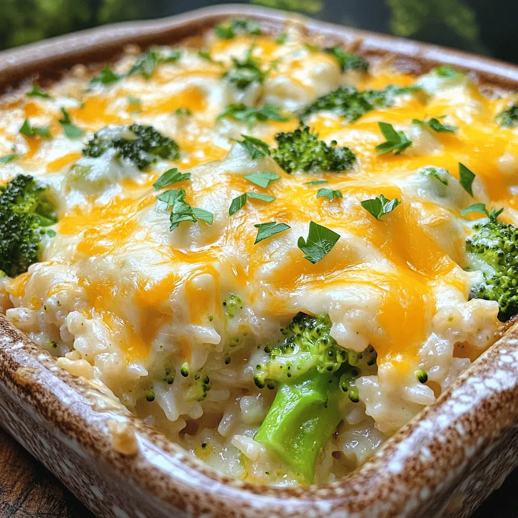 - 2 cups cooked rice (white or brown) - 2 cups fresh broccoli florets - 1 cup shredded sharp cheddar cheese - 1 cup shredded mozzarella cheese - 1 cup milk - 1 small onion, finely chopped - 2 cloves garlic, minced - 1/2 cup sour cream - 1 teaspoon Dijon mustard - 1 teaspoon salt - 1/2 teaspoon black pepper - 1/2 teaspoon paprika - 1/4 teaspoon cayenne pepper (optional) - 1/2 cup breadcrumbs - 2 tablespoons olive oil These ingredients create a warm and cheesy dish that everyone loves. You can use white or brown rice, depending on your preference. Fresh broccoli florets give the casserole a nice crunch and bright color. The sharp cheddar cheese adds a strong flavor, while the mozzarella makes it creamy and gooey. For a little kick, I often add cayenne pepper. If you are not a fan of spicy food, feel free to leave it out. The onion and garlic give a wonderful aroma and taste. Dijon mustard adds depth. Lastly, breadcrumbs on top create a crispy texture that contrasts with the soft rice and broccoli below. I always recommend using high-quality cheese and fresh ingredients. These choices elevate the dish and make it special. This recipe is easy to adapt, so feel free to experiment with your favorite flavors. You can find the full recipe for exact steps and cooking times. Start by preheating your oven to 350°F (175°C). This step is key for even cooking. A hot oven ensures that your casserole bakes properly, giving it a nice golden top. Next, get a large pot of salted water boiling. Once it’s boiling, add 2 cups of fresh broccoli florets and blanch them for 2 to 3 minutes. This quick cooking helps keep the broccoli bright and crisp. Drain the broccoli and set it aside. In the same pot, heat 2 tablespoons of olive oil over medium heat. Add 1 small finely chopped onion and 2 minced garlic cloves. Cook until the onion turns soft and clear, which takes about 5 minutes. Now, grab a large mixing bowl. Combine the cooked rice, blanched broccoli, sautéed onion and garlic, and 1 cup each of shredded cheddar and mozzarella cheese. Pour in 1 cup of milk and add 1/2 cup of sour cream. Don't forget to add 1 teaspoon of Dijon mustard, 1 teaspoon of salt, 1/2 teaspoon of black pepper, 1/2 teaspoon of paprika, and 1/4 teaspoon of cayenne pepper if you like heat. Mix everything well until it’s all combined. Transfer the mixture into a greased 9x13 inch casserole dish. Spread it out evenly. In a small bowl, mix 1/2 cup of breadcrumbs with a bit of olive oil. Sprinkle this mix over the casserole. Bake in your preheated oven for 25 to 30 minutes. You want the top to be golden brown and bubbling. Once done, take it out and let it cool for 5 minutes before serving. Enjoy your cheesy creation! For the full recipe, check the details above. To avoid mushy rice, cook it just right. Use 2 cups of cooked rice. If you overcook the rice, it will turn mushy in the casserole. Use a timer. Follow the package instructions for cooking time. Rinse the rice well before cooking to remove extra starch. This helps it stay fluffy. Cheese makes this dish special. For great flavor, use sharp cheddar and mozzarella. Sharp cheddar gives a nice bite. Mozzarella melts well, adding creaminess. You can mix these cheeses for a rich taste. Try adding some parmesan for a nice twist. It adds a salty flavor that works well with broccoli. Make your casserole pretty with garnishes. Fresh parsley adds color and brightness. You can also use chives for a mild onion flavor. Sprinkle them on right before serving. This makes the dish look appealing. A bright garnish invites everyone to dig in. Use a spatula to serve. Make sure each plate has broccoli and cheese. {{image_2}} For a veggie-packed casserole, I love adding more greens. You can swap in spinach, kale, or even bell peppers. These not only bring bright colors but also boost nutrients. Try adding some corn for sweetness or mushrooms for earthiness. If you want to add protein, chicken or beef works great. You can use leftover rotisserie chicken for ease. Simply shred it and mix it into the rice and cheese blend. For beef, ground beef or turkey can be browned and added. This makes the dish heartier and more filling. To make this casserole gluten-free, swap regular breadcrumbs for gluten-free ones. You can also use brown rice or quinoa instead of white rice. These swaps keep the dish tasty while meeting dietary needs. Enjoy the same cheesy goodness without worry! For the full recipe, check out the detailed instructions. To keep your Cheesy Broccoli Rice Casserole fresh, store it in an airtight container. Make sure it cools down before sealing it. This helps prevent moisture build-up, which can make the casserole soggy. It can last in the fridge for about 3 to 5 days. If you want to enjoy it later, freezing is a great option. When you want to enjoy leftovers, reheat them in the oven. Preheat your oven to 350°F (175°C). Place the casserole in a baking dish and cover it with foil. This prevents the top from burning while it heats. Bake for about 20 minutes or until it's hot all the way through. You can also use the microwave, but the oven keeps the texture better. Heat in short bursts and stir often to ensure even heating. Freezing the casserole is simple. Just make sure it’s completely cool before you freeze it. Use a freezer-safe container or wrap it tightly with plastic wrap and then foil. It can stay frozen for up to 3 months. When you’re ready to eat, let it thaw overnight in the fridge. Then, reheat it in the oven for best results. For the full recipe, check out the details above. You can store Cheesy Broccoli Rice Casserole in the fridge for up to five days. Just keep it in an airtight container. This helps keep it fresh and tasty. Yes, you can prepare this casserole a day ahead. Just mix all your ingredients and place them in a greased dish. Cover it with plastic wrap. When ready, bake it straight from the fridge. This saves time on busy days. This casserole pairs well with many dishes. You can serve it with a simple green salad. Roasted chicken or grilled fish makes a great addition too. For a heartier meal, try adding some crusty bread on the side. Absolutely! Frozen broccoli works well in this dish. Just make sure to thaw and drain it well before use. This prevents extra moisture in your casserole. This blog post covered making a Cheesy Broccoli Rice Casserole. We listed all the key ingredients and shared step-by-step instructions. You learned helpful tips for perfecting your dish, including cheese choices and garnishing. We explored variations for different diets and gave storage and reheating advice. This dish is not just tasty but also versatile. You can easily adapt it to fit your needs. I hope you enjoy making and sharing this comforting casserole with friends and family!