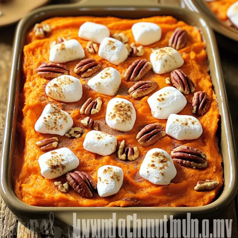 To make a sweet potato casserole with marshmallows, you need a few key ingredients. Each ingredient adds to the rich flavor and texture of the dish. Here’s what you will need: - 4 large sweet potatoes, peeled and diced - 1/2 cup brown sugar - 1/4 cup butter, softened - 1/2 cup milk - 1 teaspoon vanilla extract - 1/2 teaspoon ground cinnamon - 1/4 teaspoon ground nutmeg - 1/2 teaspoon salt - 1 cup mini marshmallows - 1/2 cup pecans, chopped These ingredients create a sweet, creamy base topped with toasted marshmallows. The sweet potatoes are naturally sweet and pair well with sugar and spices. The butter adds richness, while milk makes the mixture creamy. The marshmallows melt and become gooey, adding a fun texture on top. You can find the full recipe to guide you through the steps to create this delightful dish. - Preheat Oven to 350°F: Start by setting your oven to 350°F (175°C). This temperature helps the casserole bake evenly. - Cook and Drain Sweet Potatoes: In a large pot, fill it with water and bring it to a boil. Add the diced sweet potatoes. Cook for about 15-20 minutes, or until you can easily pierce them with a fork. Once done, drain the water and let them cool slightly. - Combine Ingredients: In a big mixing bowl, add the cooked sweet potatoes. Then, mix in the brown sugar, softened butter, milk, vanilla extract, ground cinnamon, ground nutmeg, and salt. Each ingredient adds a unique flavor. - Achieve a Creamy Consistency: Use a potato masher or fork to mash everything together. Keep mixing until the sweet potato mixture is smooth and creamy. This step is key for a tasty casserole. - Transfer to Casserole Dish: Take a greased 9x13 inch casserole dish. Spread the sweet potato mixture evenly in the dish. This helps it cook properly. - Add Toppings and Bake: Next, sprinkle the mini marshmallows over the sweet potato mixture. Then, add the chopped pecans for that nice crunch. Place the casserole in the oven and bake for 25-30 minutes. Look for golden brown marshmallows on top. This shows it is ready. You can find the Full Recipe for more details. Enjoy the sweet and cozy flavors! How to Achieve Creamy Sweet Potatoes To make your sweet potatoes creamy, start by boiling them until they are fork-tender. This usually takes about 15-20 minutes. Once cooked, drain the water and let them cool. Then, mash them in a bowl with brown sugar, butter, milk, and spices. Use a potato masher or a fork for the best results. The key is to blend until smooth, with no lumps left behind. Flavor Enhancements with Spices Adding spices can elevate your dish. Ground cinnamon and nutmeg give warmth and depth. If you want to try something new, consider a pinch of ginger or allspice. Just a little can bring out the natural sweetness of the potatoes. Experiment with these spices to find your perfect balance. Temperature Control for the Perfect Bake Baking at 350°F (175°C) is ideal for this casserole. It allows the sweet potatoes to heat through without burning the marshmallows. Preheat your oven before placing the casserole inside. This step ensures even cooking. Golden Marshmallow Topping Techniques To achieve that perfect golden color on your marshmallows, bake them until they are lightly browned. Keep an eye on them as they can go from golden to burnt quickly. If they aren't browning as desired, you can briefly broil them at the end. This will give you that delightful toasted look. Festive Garnishing Ideas Garnishing can make your dish even more appealing. A sprinkle of extra cinnamon on top adds a festive touch. You might also try adding a few pecans around the edge for a crunchy contrast. Fresh herbs like parsley can add color too. Portion Serving Tips When serving, use a large spoon to scoop out portions. This method keeps the casserole intact and looks great on the plate. If you want to serve it family-style, leave it in the casserole dish. This way, guests can take as much as they like. {{image_2}} Dairy-Free Options If you want a dairy-free sweet potato casserole, substitute regular milk with almond or coconut milk. You can also use vegan butter instead of regular butter. This keeps the dish creamy and delicious without dairy. Alternative Sweeteners Want to cut down on sugar? You can replace brown sugar with maple syrup or agave nectar. These natural sweeteners give the casserole a unique taste while keeping it sweet. Adding Fruits or Nuts For a twist, think about adding fruits like chopped apples or pears. Dried cranberries can also add a pop of sweetness. Mixing in walnuts or pecans gives a nice crunch. These additions make your casserole extra special. Experimenting with Different Spices You can change the flavor profile by playing with spices. Try adding ginger or allspice for warmth. A pinch of cardamom can also add a fragrant touch. These spices can transform your dish into something new. Gluten-Free Modifications This casserole is naturally gluten-free. Make sure to check that your sweetener is also gluten-free. This way, everyone can enjoy your tasty dish. Vegan Version Ideas To make a vegan version, follow the dairy-free options. Use flaxseed meal mixed with water as a binder instead of eggs. This keeps the casserole moist and holds it together perfectly. For the full recipe, check out the Sweet & Cozy Sweet Potato Casserole section. After making your sweet potato casserole, it’s key to store it right. - Refrigeration Guidelines: Let the casserole cool to room temperature. Then, cover it with plastic wrap or foil. You can keep it in the fridge for about 3 to 5 days. This helps keep the flavors fresh and the texture good. - Freezing Instructions for Leftovers: If you want to save some for later, freezing works well too. First, let the casserole cool completely. Then, place it in an airtight container or wrap it tightly in plastic wrap. You can freeze it for about 2 to 3 months. When you're ready to eat, just thaw it in the fridge overnight. When it’s time to enjoy your casserole again, here’s how to reheat it: - Best Practices for Reheating in Oven: Preheat your oven to 350°F (175°C). Place the casserole in an oven-safe dish if it’s not in one already. Cover it with foil to keep it moist. Heat for about 20 to 25 minutes, or until it's warm throughout. - Microwave Tips for Quick Serving: For a faster option, use the microwave. Scoop a portion into a microwave-safe bowl. Cover it with a microwave-safe lid or plate. Heat on high for about 1 to 2 minutes, checking every 30 seconds. This way, you keep the marshmallows soft! For the full experience, don’t forget to check out the full recipe for sweet potato casserole with marshmallows. Enjoy! Can I use canned sweet potatoes? Yes, you can use canned sweet potatoes. Just drain and mash them. This saves time in cooking. However, fresh sweet potatoes add more flavor and texture. How long can you store leftover sweet potato casserole? You can store leftovers in the fridge for about three to five days. Make sure to cover it well. This keeps it fresh and tasty for your next meal. What’s the best way to reheat sweet potato casserole? The best way to reheat it is in the oven. Preheat the oven to 350°F (175°C). Place the casserole in a dish and cover it with foil. Heat for about 20-25 minutes. This helps keep it moist. Can marshmallows be added earlier in the baking process? Yes, you can add marshmallows earlier. This way, they will melt into the sweet potatoes. However, they won't be as crispy. For a crispy topping, add them in the last 10 minutes of baking. How to tell when the casserole is done? The casserole is done when the marshmallows are golden brown. You can also check if the sweet potato mixture is hot and bubbly. A fork should easily pierce through it. Can I prepare sweet potato casserole ahead of time? Yes, you can prepare it ahead of time. Assemble the casserole and cover it. Store it in the fridge for up to two days before baking. Just remember to add the marshmallows right before baking. For the full recipe, click here. This guide covered everything you need for a perfect sweet potato casserole. We explored the key ingredients like sweet potatoes, sugar, and milk. I shared step-by-step directions, tips for the best texture, and tasty variations to try. Remember to store leftovers properly and reheat them the right way. With these tools, you’ll create a dish that stands out at any gathering. Enjoy the process and make it your own! Your sweet potato casserole will impress family and friends alike.