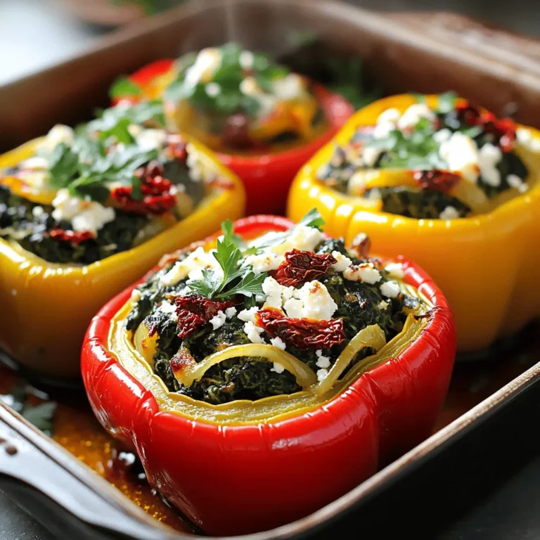 To make these tasty Spinach & Feta Stuffed Peppers, you will need: - 4 large bell peppers (any color) - 2 cups fresh spinach, chopped - 1 cup feta cheese, crumbled - 1 cup cooked quinoa - 1/2 cup onion, finely chopped - 2 garlic cloves, minced - 1/4 cup sun-dried tomatoes, chopped - 1 teaspoon dried oregano - 1/2 teaspoon salt - 1/4 teaspoon black pepper - 2 tablespoons olive oil - 1/4 cup fresh parsley, chopped (for garnish) You can swap ingredients to suit your taste or what you have on hand. Here are some ideas: - Quinoa: Use rice or couscous instead. - Feta Cheese: Try goat cheese or mozzarella for a different flavor. - Spinach: Kale or Swiss chard work well too. - Sun-Dried Tomatoes: Fresh tomatoes could be an option, but they need to be cooked more. - Onion: Shallots or leeks can add a sweet touch. When picking your ingredients, freshness is key. Here are some tips: - Bell Peppers: Choose peppers that are firm and have smooth skin. Look for vibrant colors. - Spinach: Pick bright green leaves without spots or wilting. - Feta Cheese: Look for crumbly cheese with a clean smell. - Onions: Choose heavy onions with dry, papery skin. Avoid soft spots. Using fresh and high-quality ingredients makes your Spinach & Feta Stuffed Peppers truly shine. For the full recipe, check out the details above. To make Spinach & Feta Stuffed Peppers, you start by preheating your oven to 375°F (190°C). Cut the tops off the bell peppers and remove the seeds and membranes. This helps the peppers cook evenly. Brush the outside of each pepper with olive oil. Place them upright in a baking dish. Next, heat olive oil in a large skillet over medium heat. Add the chopped onion and sauté it for 3-4 minutes. You want the onion to be soft and translucent. Then, add minced garlic and cook it for one more minute. This is when the kitchen will start to smell amazing! Now, add the chopped spinach and sun-dried tomatoes to the skillet. Cook everything together until the spinach wilts, which takes about 2-3 minutes. After that, take the skillet off the heat. Mix in the cooked quinoa, crumbled feta cheese, oregano, salt, and black pepper. Stir well so everything combines nicely. Now comes the fun part! Carefully stuff each bell pepper with the spinach and feta mix. Press it down gently to pack it in. Cover the baking dish with aluminum foil. Bake for 25-30 minutes. After that, remove the foil and bake for another 10-15 minutes. The peppers should be tender and slightly golden on top. Once they are done, take them out of the oven. Let them sit for a few minutes before serving. Garnish with freshly chopped parsley for a pop of color. Enjoy your delicious stuffed peppers! Understanding how to sauté is key. Sautéing helps bring out the flavors in your onion and garlic. Use medium heat to avoid burning. When adding spinach, cook it just until it wilts. This keeps the color bright and the nutrients intact. Stuffing the peppers requires gentle pressure. You want them full but not overstuffed. Covering the dish with foil helps steam the peppers, making them tender. Removing the foil at the end allows the tops to brown nicely. For visual guidance, consider watching a video on how to prepare stuffed peppers. This can show you proper cutting techniques. You can also see how to pack the filling. A video on sautéing vegetables can enhance your skills. Cook along with the video for a hands-on experience! For more detailed instructions, check the Full Recipe. Start by picking fresh bell peppers. Look for ones that are firm and colorful. Wash them well before cutting. To stuff them, cut off the tops and remove the seeds. Brush the outside with olive oil for a nice finish. When cooking, preheat the oven to 375°F (190°C). This ensures even cooking. Stuff each pepper tightly with the spinach and feta mixture. This helps them hold their shape. Cover them while baking to keep moisture in. Uncover them for the last few minutes to get that golden top. One common mistake is not cooking the filling enough. Make sure to sauté the onion and garlic well before mixing in the spinach. This adds flavor and depth. Another mistake is overcooking the peppers. They should be tender but still crisp. If they are mushy, they won’t taste fresh. Don’t skip the olive oil on the peppers. It adds flavor and keeps them from drying out. Lastly, avoid using too much salt. Feta cheese is salty already, so use it wisely. You will need a few basic tools to make this dish. A large skillet works best for cooking the filling. Use a sharp knife to cut the peppers. A baking dish is essential for holding the stuffed peppers. For packing the filling in, a spoon or small scoop works great. If you have parchment paper, line your baking dish. This makes cleaning up easier. For the best results, use an oven mitt to handle the hot dish after baking. Feel free to check out the Full Recipe for more details! {{image_2}} You can get creative with your stuffing for spinach and feta stuffed peppers. Try adding cooked ground turkey or beef for extra protein. You can also mix in black beans for a hearty twist. Some people love adding corn for sweetness and crunch. If you want to change the flavor, use different cheeses like goat or mozzarella. Mix in herbs like basil or thyme to elevate the taste. Each variation brings its own flair to this tasty dish. Making spinach and feta stuffed peppers vegetarian is easy. Simply swap the feta cheese for a vegan cream cheese or tofu. You can also use nutritional yeast to give a cheesy flavor without dairy. For a protein boost, add lentils or chickpeas. If you want a little kick, toss in some chopped jalapeños or chili flakes. These adaptations keep the dish delicious while catering to different diets. These stuffed peppers shine on their own, but you can pair them with sides. A fresh garden salad with lemon vinaigrette complements the rich flavors. You can also serve them with a side of quinoa or brown rice for extra fiber. If you want a comforting touch, a warm bowl of tomato soup pairs perfectly. For a fun twist, serve with a dollop of yogurt or sour cream on top. These options enhance the meal and make it more enjoyable. For the full recipe, check out the Spinach & Feta Stuffed Peppers recipe. To keep your leftover stuffed peppers fresh, let them cool to room temperature. Then, place them in an airtight container. This method traps moisture and flavors. Store them in the fridge for up to three days. If you want to keep them longer, freezing is a great option. When reheating stuffed peppers, the oven works best. Preheat your oven to 350°F (175°C). Place the peppers in a baking dish and cover with foil. Heat for about 20 minutes or until warm. This keeps them juicy and helps the flavors blend nicely. You can also use a microwave, but they may not taste as good. If you want to freeze your stuffed peppers, wrap each one tightly in plastic wrap. Then, place them in a freezer bag. This keeps air out and prevents freezer burn. They can last up to three months in the freezer. When you're ready to eat them, thaw in the fridge overnight. Then, reheat as described above. For the full recipe, check the earlier section. Cooking Spinach & Feta Stuffed Peppers takes about 50 minutes. This includes 15 minutes of prep time and 35 minutes of cooking time. First, you preheat the oven to 375°F. Then, you bake the stuffed peppers for 25-30 minutes covered. After that, remove the foil and bake for another 10-15 minutes. This method makes the peppers tender and the tops golden. Yes, you can use other cheeses. Mozzarella, goat cheese, or ricotta work well too. Each cheese brings its own flavor and texture. If you want a creamier filling, try ricotta. For a sharper taste, use goat cheese. Feel free to mix and match cheeses for a unique twist on this dish. Spinach is rich in vitamins A, C, and K. It also has iron and antioxidants. Feta cheese adds protein and calcium to your meal. Together, they create a healthy and tasty dish. The quinoa in the recipe also boosts fiber and protein. This makes Spinach & Feta Stuffed Peppers a well-rounded meal. For more details, check the Full Recipe to see how you can enjoy this healthy dish! In this post, we explored how to make delicious Spinach & Feta Stuffed Peppers. We covered the best ingredients, cooking steps, and essential tips. I shared helpful advice on variations and storage. Remember to choose fresh produce and avoid common mistakes for perfect results. Cooking this dish can be fun and rewarding. With a few simple steps, you’ll create a meal that’s tasty and nutritious. Enjoy your time in the kitchen and impress your friends and family!