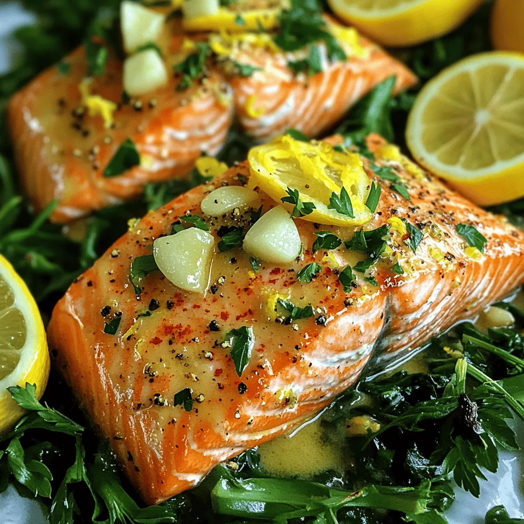 - 4 salmon fillets (6 oz each) - 4 tablespoons unsalted butter - 4 cloves garlic, minced - 1 tablespoon fresh lemon juice