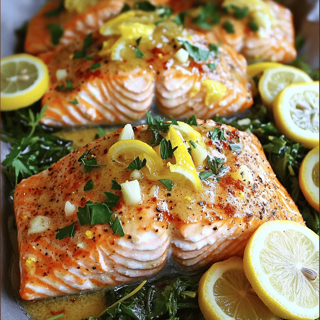 - 4 salmon fillets (6 oz each) - 4 tablespoons unsalted butter - 4 cloves garlic, minced - 1 tablespoon fresh lemon juice