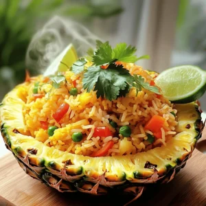 To make Pineapple Fried Rice, you need a few key items. Here is what you’ll need: - 2 cups cooked jasmine rice (preferably day-old) - 1 ripe pineapple (½ diced, ½ for serving) - 1 red bell pepper, diced - 1 cup peas and carrots (frozen is fine) - 2 green onions, chopped - 3 cloves garlic, minced - 2 tablespoons soy sauce - 1 tablespoon sesame oil - 1 tablespoon vegetable oil - 2 large eggs (optional) - 1 teaspoon freshly grated ginger - Salt and pepper to taste - Fresh cilantro, for garnish - Lime wedges, for serving These ingredients come together to create a dish bursting with flavor. Feel free to make this dish your own! Here are some options to add or swap: - Cooked chicken, shrimp, or tofu for protein - Chopped cashews or peanuts for crunch - Red pepper flakes for some heat - Fresh basil or mint for a unique twist These options let you play with flavors and textures. When choosing your ingredients, freshness matters. Here’s how to select the best: - Pineapple: Look for a ripe pineapple. It should smell sweet and feel slightly soft near the base. - Vegetables: Pick vibrant red bell peppers. They should feel firm and have smooth skin. - Rice: Use jasmine rice for a fragrant base. Day-old rice works best as it is drier and prevents clumping. Using fresh ingredients ensures your Pineapple Fried Rice tastes amazing. For the full recipe, check the details provided above. To start, cut the pineapple in half lengthwise. Use a sharp knife to slice down the center. Carefully scoop out the flesh from one half. Make sure to leave enough of the shell to hold the rice later. Dice the pineapple flesh and set it aside for later use. This shell will add a fun touch to your dish and enhance the flavor. If you want to add eggs, heat a large skillet over medium heat. Pour in a tablespoon of vegetable oil. In a bowl, beat the eggs until mixed. Then, pour the eggs into the skillet. Scramble them until they turn light golden and are fully cooked. Remove the eggs from the skillet and set them aside while you cook the other ingredients. In the same skillet, add another tablespoon of vegetable oil. Next, add minced garlic and grated ginger. Sauté these for about 30 seconds until they smell amazing. Then, toss in the diced red bell pepper, peas, and carrots. Stir in the diced pineapple. Cook everything for about 3-4 minutes. You want the veggies to be tender-crisp, not mushy. Now it's time to add the rice. Add your cooked jasmine rice to the skillet. Break up any clumps with a spatula. Pour in the soy sauce and sesame oil. Stir everything together until well mixed. Season with salt and pepper to taste. This step is crucial for flavor, so make sure it is well combined. If you cooked eggs, fold them back into the rice mixture. Then, add the chopped green onions, mixing them in. Once everything is well combined, take the skillet off the heat. Taste your dish and adjust seasoning if needed. Finally, transfer the fried rice to the pineapple shell or serve it in a bowl. Garnish with fresh cilantro and serve with lime wedges. These final touches make your dish pop with color and flavor. Enjoy your tropical paradise with this pineapple fried rice recipe! To make perfect fried rice, start with cold rice. Day-old jasmine rice works best. Freshly cooked rice can be too sticky. Break up any clumps before cooking. Use a hot skillet or wok for even cooking. This helps keep the rice grains separate. Stir-fry quickly to maintain texture. Don't overcrowd the pan; cook in batches if needed. You can customize your pineapple fried rice with many ingredients. Try adding some protein like chicken, shrimp, or tofu. These options add flavor and make the meal more filling. For a veggie boost, toss in broccoli, snap peas, or bell peppers. For a spicy kick, add sliced jalapeños or red pepper flakes. You can also sprinkle chopped nuts, like cashews or peanuts, for crunch. To enhance flavors, use high-quality soy sauce and sesame oil. These ingredients add depth to your dish. Sauté garlic and ginger in hot oil for an aromatic base. This step is key for great taste. For extra flavor, drizzle a bit of oyster sauce or hoisin sauce. Garnish with fresh cilantro and lime juice. These fresh ingredients brighten the dish and balance the sweetness of the pineapple. {{image_2}} You can easily make pineapple fried rice vegetarian or vegan. Simply skip the eggs for a vegan dish. Instead, add more veggies like mushrooms or zucchini. You can also use tofu as a protein source. Firm tofu works best. Sauté it until golden. This adds texture and flavor. Adding protein makes the dish heartier. You can use chicken, shrimp, or tofu. For chicken, cut it into small pieces. Cook it first until golden. For shrimp, add them when you sauté the vegetables. They cook quickly. Tofu is a great option for plant-based eaters. Use firm tofu, cubed and sautéed. Each protein brings its unique taste to the dish. If you like heat, make it spicy! Add chopped chili peppers or a dash of hot sauce. Red pepper flakes also work well. Add them when you sauté the garlic. This infuses the oil with heat. Start with a little, then taste and adjust. You can always add more spice, but it’s hard to take it out! To keep your leftover pineapple fried rice fresh, place it in an airtight container. Make sure to cool it to room temperature first. Store it in the fridge for up to three days. If you want to keep it longer, consider freezing it. When reheating your fried rice, use a skillet for the best taste. Heat a bit of oil in the pan over medium heat. Add the rice and stir it often. This method helps restore some of the original texture. Add a splash of soy sauce or sesame oil for extra flavor. If you want to freeze pineapple fried rice, divide it into portions. Use freezer bags or airtight containers. Squeeze out any air before sealing. It can last up to three months in the freezer. When ready to eat, thaw it in the fridge overnight. Reheat in a pan or microwave, and enjoy your tropical treat again! You can use fresh rice, but day-old rice works best. Fresh rice contains more moisture. This can make your fried rice mushy. Day-old rice is drier and separates easily. If you use fresh rice, spread it out to cool. Let it sit for about 30 minutes before cooking. If you need a soy sauce substitute, try tamari or coconut aminos. Tamari is gluten-free and has a rich flavor. Coconut aminos are sweeter and lower in sodium. You can also mix equal parts of balsamic vinegar and water for a quick fix. Just adjust to taste when you cook the rice. To make pineapple fried rice gluten-free, use tamari instead of soy sauce. Check all other ingredients, too. Some sauces or seasonings may contain gluten. Use fresh vegetables and rice to ensure a safe dish. You can enjoy this tasty meal without worry. Pineapple adds a sweet and tangy flavor to fried rice. It makes the dish bright and fresh. Pineapple is also healthy. It contains vitamins, minerals, and fiber. These nutrients boost your immune system. Plus, the natural sugars from pineapple balance the savory flavors. It creates a fun and tasty meal. To make pineapple fried rice, you need fresh and tasty ingredients. I gave you step-by-step instructions for cooking it perfectly. You learned about fun ways to change the dish based on your likes. I covered how to store and reheat leftovers, too. Remember, cooking is a chance to express your style, so have fun with it! Enjoy experimenting with new flavors and ideas for your next meal. Happy cooking!