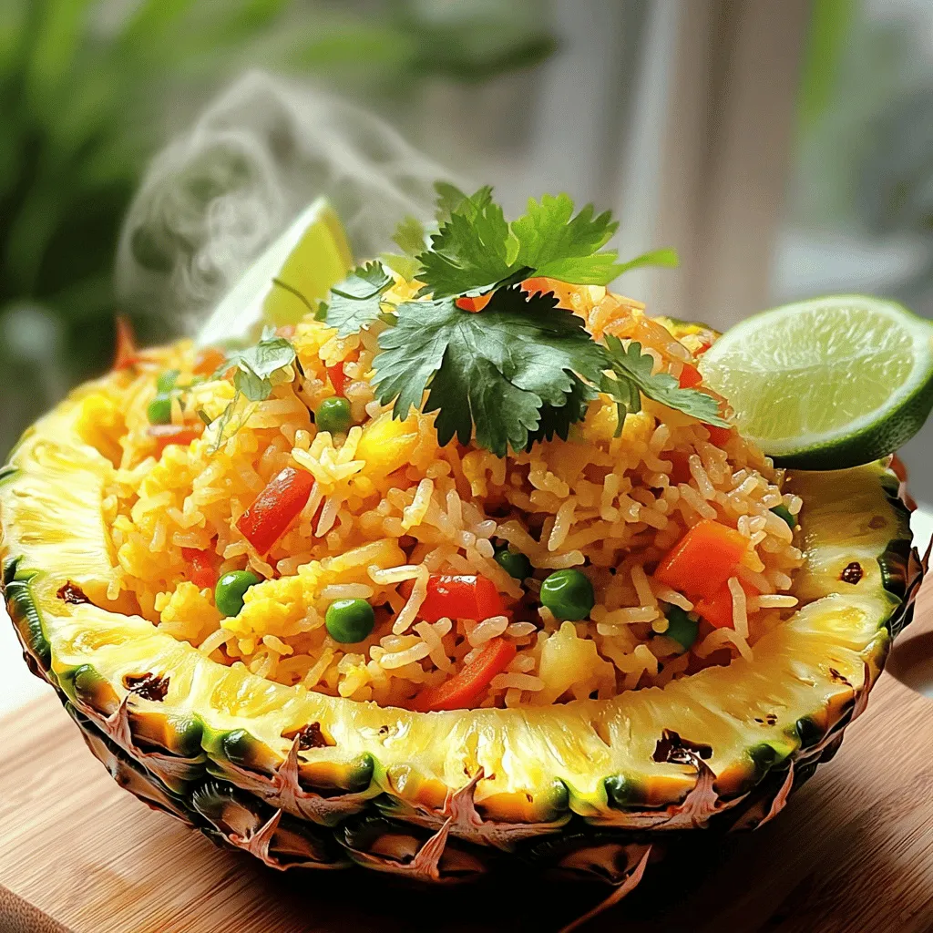 To make Pineapple Fried Rice, you need a few key items. Here is what you’ll need: - 2 cups cooked jasmine rice (preferably day-old) - 1 ripe pineapple (½ diced, ½ for serving) - 1 red bell pepper, diced - 1 cup peas and carrots (frozen is fine) - 2 green onions, chopped - 3 cloves garlic, minced - 2 tablespoons soy sauce - 1 tablespoon sesame oil - 1 tablespoon vegetable oil - 2 large eggs (optional) - 1 teaspoon freshly grated ginger - Salt and pepper to taste - Fresh cilantro, for garnish - Lime wedges, for serving These ingredients come together to create a dish bursting with flavor. Feel free to make this dish your own! Here are some options to add or swap: - Cooked chicken, shrimp, or tofu for protein - Chopped cashews or peanuts for crunch - Red pepper flakes for some heat - Fresh basil or mint for a unique twist These options let you play with flavors and textures. When choosing your ingredients, freshness matters. Here’s how to select the best: - Pineapple: Look for a ripe pineapple. It should smell sweet and feel slightly soft near the base. - Vegetables: Pick vibrant red bell peppers. They should feel firm and have smooth skin. - Rice: Use jasmine rice for a fragrant base. Day-old rice works best as it is drier and prevents clumping. Using fresh ingredients ensures your Pineapple Fried Rice tastes amazing. For the full recipe, check the details provided above. To start, cut the pineapple in half lengthwise. Use a sharp knife to slice down the center. Carefully scoop out the flesh from one half. Make sure to leave enough of the shell to hold the rice later. Dice the pineapple flesh and set it aside for later use. This shell will add a fun touch to your dish and enhance the flavor. If you want to add eggs, heat a large skillet over medium heat. Pour in a tablespoon of vegetable oil. In a bowl, beat the eggs until mixed. Then, pour the eggs into the skillet. Scramble them until they turn light golden and are fully cooked. Remove the eggs from the skillet and set them aside while you cook the other ingredients. In the same skillet, add another tablespoon of vegetable oil. Next, add minced garlic and grated ginger. Sauté these for about 30 seconds until they smell amazing. Then, toss in the diced red bell pepper, peas, and carrots. Stir in the diced pineapple. Cook everything for about 3-4 minutes. You want the veggies to be tender-crisp, not mushy. Now it's time to add the rice. Add your cooked jasmine rice to the skillet. Break up any clumps with a spatula. Pour in the soy sauce and sesame oil. Stir everything together until well mixed. Season with salt and pepper to taste. This step is crucial for flavor, so make sure it is well combined. If you cooked eggs, fold them back into the rice mixture. Then, add the chopped green onions, mixing them in. Once everything is well combined, take the skillet off the heat. Taste your dish and adjust seasoning if needed. Finally, transfer the fried rice to the pineapple shell or serve it in a bowl. Garnish with fresh cilantro and serve with lime wedges. These final touches make your dish pop with color and flavor. Enjoy your tropical paradise with this pineapple fried rice recipe! To make perfect fried rice, start with cold rice. Day-old jasmine rice works best. Freshly cooked rice can be too sticky. Break up any clumps before cooking. Use a hot skillet or wok for even cooking. This helps keep the rice grains separate. Stir-fry quickly to maintain texture. Don't overcrowd the pan; cook in batches if needed. You can customize your pineapple fried rice with many ingredients. Try adding some protein like chicken, shrimp, or tofu. These options add flavor and make the meal more filling. For a veggie boost, toss in broccoli, snap peas, or bell peppers. For a spicy kick, add sliced jalapeños or red pepper flakes. You can also sprinkle chopped nuts, like cashews or peanuts, for crunch. To enhance flavors, use high-quality soy sauce and sesame oil. These ingredients add depth to your dish. Sauté garlic and ginger in hot oil for an aromatic base. This step is key for great taste. For extra flavor, drizzle a bit of oyster sauce or hoisin sauce. Garnish with fresh cilantro and lime juice. These fresh ingredients brighten the dish and balance the sweetness of the pineapple. {{image_2}} You can easily make pineapple fried rice vegetarian or vegan. Simply skip the eggs for a vegan dish. Instead, add more veggies like mushrooms or zucchini. You can also use tofu as a protein source. Firm tofu works best. Sauté it until golden. This adds texture and flavor. Adding protein makes the dish heartier. You can use chicken, shrimp, or tofu. For chicken, cut it into small pieces. Cook it first until golden. For shrimp, add them when you sauté the vegetables. They cook quickly. Tofu is a great option for plant-based eaters. Use firm tofu, cubed and sautéed. Each protein brings its unique taste to the dish. If you like heat, make it spicy! Add chopped chili peppers or a dash of hot sauce. Red pepper flakes also work well. Add them when you sauté the garlic. This infuses the oil with heat. Start with a little, then taste and adjust. You can always add more spice, but it’s hard to take it out! To keep your leftover pineapple fried rice fresh, place it in an airtight container. Make sure to cool it to room temperature first. Store it in the fridge for up to three days. If you want to keep it longer, consider freezing it. When reheating your fried rice, use a skillet for the best taste. Heat a bit of oil in the pan over medium heat. Add the rice and stir it often. This method helps restore some of the original texture. Add a splash of soy sauce or sesame oil for extra flavor. If you want to freeze pineapple fried rice, divide it into portions. Use freezer bags or airtight containers. Squeeze out any air before sealing. It can last up to three months in the freezer. When ready to eat, thaw it in the fridge overnight. Reheat in a pan or microwave, and enjoy your tropical treat again! You can use fresh rice, but day-old rice works best. Fresh rice contains more moisture. This can make your fried rice mushy. Day-old rice is drier and separates easily. If you use fresh rice, spread it out to cool. Let it sit for about 30 minutes before cooking. If you need a soy sauce substitute, try tamari or coconut aminos. Tamari is gluten-free and has a rich flavor. Coconut aminos are sweeter and lower in sodium. You can also mix equal parts of balsamic vinegar and water for a quick fix. Just adjust to taste when you cook the rice. To make pineapple fried rice gluten-free, use tamari instead of soy sauce. Check all other ingredients, too. Some sauces or seasonings may contain gluten. Use fresh vegetables and rice to ensure a safe dish. You can enjoy this tasty meal without worry. Pineapple adds a sweet and tangy flavor to fried rice. It makes the dish bright and fresh. Pineapple is also healthy. It contains vitamins, minerals, and fiber. These nutrients boost your immune system. Plus, the natural sugars from pineapple balance the savory flavors. It creates a fun and tasty meal. To make pineapple fried rice, you need fresh and tasty ingredients. I gave you step-by-step instructions for cooking it perfectly. You learned about fun ways to change the dish based on your likes. I covered how to store and reheat leftovers, too. Remember, cooking is a chance to express your style, so have fun with it! Enjoy experimenting with new flavors and ideas for your next meal. Happy cooking!
