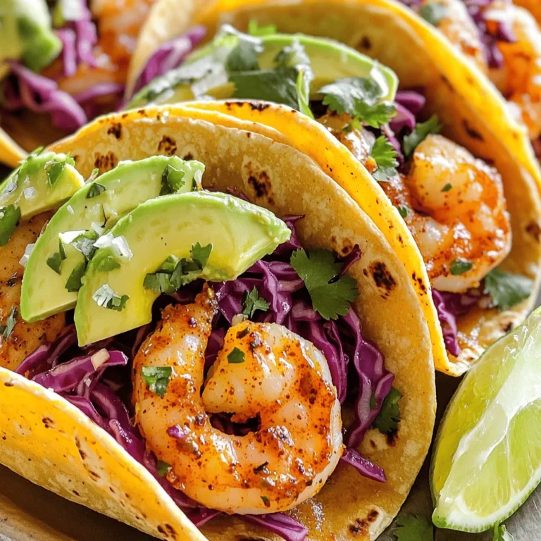 For the best spicy garlic shrimp tacos, you need simple, fresh ingredients. Here’s what you will use: - 1 lb large shrimp, peeled and deveined - 3 tablespoons olive oil - 4 cloves garlic, minced - 1 teaspoon chili powder - 1/2 teaspoon smoked paprika - 1/2 teaspoon cayenne pepper (or adjust to taste) - Salt and pepper, to taste - Juice of 2 limes - 8 small corn tortillas These ingredients create a tasty shrimp base. The shrimp soak up the flavors well. Toppings make your tacos fun and colorful. They add crunch and freshness. Here are some great options: - 1 cup red cabbage, finely shredded - 1 avocado, sliced - 1/4 cup fresh cilantro, chopped The red cabbage adds color and crunch. The avocado gives creaminess. Fresh cilantro adds a bright flavor. Want to make your tacos even better? Consider these optional ingredients: - 1/2 cup sour cream or Greek yogurt for garnish Adding sour cream or Greek yogurt gives a nice tang. It balances the spices well. You can find the full recipe for exact steps to prepare this delicious meal. Start by gathering your ingredients. You need large shrimp, olive oil, minced garlic, chili powder, smoked paprika, cayenne pepper, salt, pepper, and lime juice. In a bowl, mix the shrimp with these ingredients. Toss everything until the shrimp are coated well. Let the mix sit for 15 minutes. This helps the shrimp absorb all the flavors. Heat a large skillet over medium-high heat. Once it’s hot, add your marinated shrimp in a single layer. Cook for 2 to 3 minutes on each side. You want the shrimp to turn opaque and pink. Keep an eye on them. Overcooking can make them tough. When done, remove them from heat and set aside. While the shrimp cook, take your corn tortillas. Heat them in a dry skillet over medium heat. Warm each side for about 30 seconds. They should be soft and slightly toasted. To fill the tacos, place a few shrimp on each tortilla. Top with shredded red cabbage, avocado slices, and chopped cilantro. Squeeze the remaining lime juice on top. If you like, add a dollop of sour cream or Greek yogurt for extra creaminess. For more details, check the Full Recipe. To get tender shrimp, start with fresh or thawed shrimp. Always peel and devein them first. Marinate the shrimp for 15 minutes. Use olive oil, garlic, and spices for flavor. Cook the shrimp on medium-high heat for about 2-3 minutes per side. They should turn pink and opaque. Avoid overcooking, or they will become rubbery. For great tacos, use warm tortillas. You can warm them in a skillet for 30 seconds on each side. Lay the shrimp in the center of the tortilla. Add shredded red cabbage for crunch. Next, place avocado slices on top. Finish with fresh cilantro for a pop of flavor. To serve, use a colorful platter. Arrange the tacos neatly for a fun display. Add lime wedges on the side for a fresh touch. A few cilantro sprigs can brighten the plate. This makes each taco look inviting and delicious. For more details, check the Full Recipe. {{image_2}} If you want a twist, try different proteins. You can use chicken or fish. Both options taste great with the same marinade. For chicken, use boneless thighs, cut into small pieces. Cook until golden and fully cooked. For fish, choose firm types like mahi-mahi or tilapia. Just grill or pan-sear them as you would shrimp. You can create tasty vegetarian or vegan tacos too! Replace shrimp with hearty veggies. Grilled mushrooms or zucchini work well. Cauliflower is another great choice. For a protein boost, use black beans or chickpeas. Cook them with the same spices for extra flavor. Want more flavor? Add fresh herbs like jalapeño or cilantro. These give a fresh kick. You can also mix in diced mango for sweetness. If you like it hot, increase the cayenne pepper. A splash of hot sauce can also spice things up. Enjoy playing with flavors to find your perfect taco! For the full recipe, check the previous section. I always recommend storing shrimp tacos separately. This keeps the taco shells crispy. Place the shrimp in an airtight container. Add the toppings in another container. Store everything in the fridge. These shrimp stay fresh for up to two days. Always check for any off smells before eating leftovers. To reheat shrimp tacos, first, remove the toppings. Heat the shrimp in a skillet over medium heat. This takes just a few minutes. Stir the shrimp to heat them evenly. For the tortillas, warm them in a dry skillet. This makes them soft and tasty again. Once heated, rebuild your tacos with fresh toppings. You can freeze the shrimp, but not the assembled tacos. Place shrimp in a freezer-safe bag. Remove as much air as possible. They can last up to three months in the freezer. When ready to eat, thaw the shrimp in the fridge overnight. Cook them as you would fresh shrimp. Make sure to add fresh toppings for the best flavor. To make spicy garlic shrimp tacos from scratch, start with fresh shrimp. You need 1 pound of large shrimp. Peel and devein them. Mix olive oil, minced garlic, chili powder, smoked paprika, cayenne pepper, salt, pepper, and lime juice in a bowl. Toss the shrimp in this mix. Let the shrimp marinate for 15 minutes. Cook them in a skillet for 2-3 minutes per side. Warm corn tortillas in a dry skillet. Fill the tortillas with shrimp and your choice of toppings. For the full recipe, check the detailed instructions. The best toppings for shrimp tacos include: - Shredded red cabbage - Sliced avocado - Fresh cilantro - Lime wedges - Sour cream or Greek yogurt (optional) These toppings add crunch, creaminess, and flavor. You can mix and match based on your taste. Yes, you can use frozen shrimp for this recipe. Thaw the shrimp before cooking. Place them in cold water for about 15 minutes. Drain and pat them dry. This helps to keep your shrimp firm and tasty. Spicy garlic shrimp tacos are nutritious. They provide protein from shrimp and healthy fats from avocado. Each serving has: - Roughly 300 calories - 20 grams of protein - 15 grams of fat - 20 grams of carbohydrates Nutritional values may vary based on toppings and serving sizes. To adjust the spiciness, modify the cayenne pepper. Start with a half teaspoon. You can add more if you prefer heat. You can also try adding diced jalapeños or hot sauce. Tasting the shrimp marinade helps to get it just right. You learned how to make spicy garlic shrimp tacos, from ingredients to serving. Use fresh shrimp and tasty toppings for a great meal. Remember to store leftovers properly for later enjoyment. Personalize your tacos to suit your taste. Whether you need a quick lunch or fancy dinner, these tacos are a hit. Enjoy making and sharing this dish with friends and family. Dive into this tasty world of shrimp tacos today!