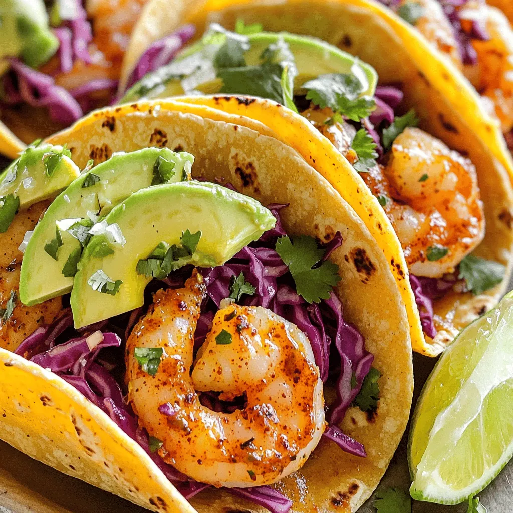 For the best spicy garlic shrimp tacos, you need simple, fresh ingredients. Here’s what you will use: - 1 lb large shrimp, peeled and deveined - 3 tablespoons olive oil - 4 cloves garlic, minced - 1 teaspoon chili powder - 1/2 teaspoon smoked paprika - 1/2 teaspoon cayenne pepper (or adjust to taste) - Salt and pepper, to taste - Juice of 2 limes - 8 small corn tortillas These ingredients create a tasty shrimp base. The shrimp soak up the flavors well. Toppings make your tacos fun and colorful. They add crunch and freshness. Here are some great options: - 1 cup red cabbage, finely shredded - 1 avocado, sliced - 1/4 cup fresh cilantro, chopped The red cabbage adds color and crunch. The avocado gives creaminess. Fresh cilantro adds a bright flavor. Want to make your tacos even better? Consider these optional ingredients: - 1/2 cup sour cream or Greek yogurt for garnish Adding sour cream or Greek yogurt gives a nice tang. It balances the spices well. You can find the full recipe for exact steps to prepare this delicious meal. Start by gathering your ingredients. You need large shrimp, olive oil, minced garlic, chili powder, smoked paprika, cayenne pepper, salt, pepper, and lime juice. In a bowl, mix the shrimp with these ingredients. Toss everything until the shrimp are coated well. Let the mix sit for 15 minutes. This helps the shrimp absorb all the flavors. Heat a large skillet over medium-high heat. Once it’s hot, add your marinated shrimp in a single layer. Cook for 2 to 3 minutes on each side. You want the shrimp to turn opaque and pink. Keep an eye on them. Overcooking can make them tough. When done, remove them from heat and set aside. While the shrimp cook, take your corn tortillas. Heat them in a dry skillet over medium heat. Warm each side for about 30 seconds. They should be soft and slightly toasted. To fill the tacos, place a few shrimp on each tortilla. Top with shredded red cabbage, avocado slices, and chopped cilantro. Squeeze the remaining lime juice on top. If you like, add a dollop of sour cream or Greek yogurt for extra creaminess. For more details, check the Full Recipe. To get tender shrimp, start with fresh or thawed shrimp. Always peel and devein them first. Marinate the shrimp for 15 minutes. Use olive oil, garlic, and spices for flavor. Cook the shrimp on medium-high heat for about 2-3 minutes per side. They should turn pink and opaque. Avoid overcooking, or they will become rubbery. For great tacos, use warm tortillas. You can warm them in a skillet for 30 seconds on each side. Lay the shrimp in the center of the tortilla. Add shredded red cabbage for crunch. Next, place avocado slices on top. Finish with fresh cilantro for a pop of flavor. To serve, use a colorful platter. Arrange the tacos neatly for a fun display. Add lime wedges on the side for a fresh touch. A few cilantro sprigs can brighten the plate. This makes each taco look inviting and delicious. For more details, check the Full Recipe. {{image_2}} If you want a twist, try different proteins. You can use chicken or fish. Both options taste great with the same marinade. For chicken, use boneless thighs, cut into small pieces. Cook until golden and fully cooked. For fish, choose firm types like mahi-mahi or tilapia. Just grill or pan-sear them as you would shrimp. You can create tasty vegetarian or vegan tacos too! Replace shrimp with hearty veggies. Grilled mushrooms or zucchini work well. Cauliflower is another great choice. For a protein boost, use black beans or chickpeas. Cook them with the same spices for extra flavor. Want more flavor? Add fresh herbs like jalapeño or cilantro. These give a fresh kick. You can also mix in diced mango for sweetness. If you like it hot, increase the cayenne pepper. A splash of hot sauce can also spice things up. Enjoy playing with flavors to find your perfect taco! For the full recipe, check the previous section. I always recommend storing shrimp tacos separately. This keeps the taco shells crispy. Place the shrimp in an airtight container. Add the toppings in another container. Store everything in the fridge. These shrimp stay fresh for up to two days. Always check for any off smells before eating leftovers. To reheat shrimp tacos, first, remove the toppings. Heat the shrimp in a skillet over medium heat. This takes just a few minutes. Stir the shrimp to heat them evenly. For the tortillas, warm them in a dry skillet. This makes them soft and tasty again. Once heated, rebuild your tacos with fresh toppings. You can freeze the shrimp, but not the assembled tacos. Place shrimp in a freezer-safe bag. Remove as much air as possible. They can last up to three months in the freezer. When ready to eat, thaw the shrimp in the fridge overnight. Cook them as you would fresh shrimp. Make sure to add fresh toppings for the best flavor. To make spicy garlic shrimp tacos from scratch, start with fresh shrimp. You need 1 pound of large shrimp. Peel and devein them. Mix olive oil, minced garlic, chili powder, smoked paprika, cayenne pepper, salt, pepper, and lime juice in a bowl. Toss the shrimp in this mix. Let the shrimp marinate for 15 minutes. Cook them in a skillet for 2-3 minutes per side. Warm corn tortillas in a dry skillet. Fill the tortillas with shrimp and your choice of toppings. For the full recipe, check the detailed instructions. The best toppings for shrimp tacos include: - Shredded red cabbage - Sliced avocado - Fresh cilantro - Lime wedges - Sour cream or Greek yogurt (optional) These toppings add crunch, creaminess, and flavor. You can mix and match based on your taste. Yes, you can use frozen shrimp for this recipe. Thaw the shrimp before cooking. Place them in cold water for about 15 minutes. Drain and pat them dry. This helps to keep your shrimp firm and tasty. Spicy garlic shrimp tacos are nutritious. They provide protein from shrimp and healthy fats from avocado. Each serving has: - Roughly 300 calories - 20 grams of protein - 15 grams of fat - 20 grams of carbohydrates Nutritional values may vary based on toppings and serving sizes. To adjust the spiciness, modify the cayenne pepper. Start with a half teaspoon. You can add more if you prefer heat. You can also try adding diced jalapeños or hot sauce. Tasting the shrimp marinade helps to get it just right. You learned how to make spicy garlic shrimp tacos, from ingredients to serving. Use fresh shrimp and tasty toppings for a great meal. Remember to store leftovers properly for later enjoyment. Personalize your tacos to suit your taste. Whether you need a quick lunch or fancy dinner, these tacos are a hit. Enjoy making and sharing this dish with friends and family. Dive into this tasty world of shrimp tacos today!