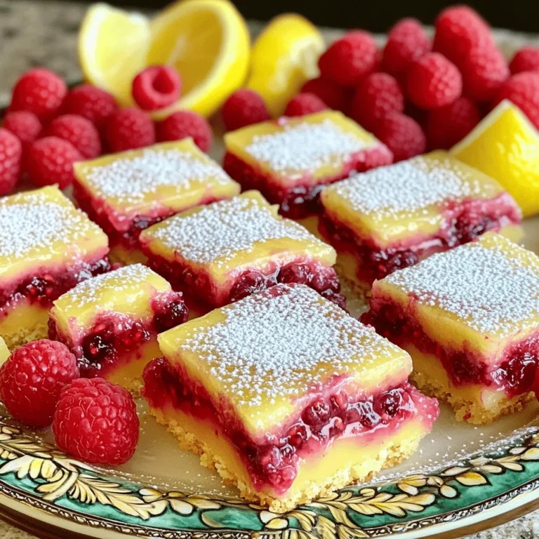 - 1 cup all-purpose flour - 1/2 cup powdered sugar (plus more for dusting) - 1/4 teaspoon salt - 1/2 cup cold unsalted butter, cubed - 2 large eggs - 1 cup granulated sugar - 1/4 cup fresh lemon juice - Zest of 1 lemon - 1 cup fresh raspberries (or frozen, thawed) - 1 tablespoon cornstarch - 1/2 teaspoon baking powder When I make these Raspberry Lemonade Bars, I focus on quality. Each ingredient plays a big role in flavor and texture. The all-purpose flour forms the base of the crust. Powdered sugar gives it a sweet touch and smooth texture. Salt enhances all the flavors and balances sweetness. Cold unsalted butter is key for a flaky crust. It should stay cold until you mix it in. It’s best to cut the butter into small cubes. This helps create that crumbly texture. The eggs add richness to the filling and help it set. Granulated sugar sweetens the filling. Fresh lemon juice and zest brighten the bars and add a tangy flavor. Raspberries give the bars their signature taste. You can use fresh ones or frozen. If you choose frozen, let them thaw first. Cornstarch helps to thicken the filling, while baking powder adds lightness. - Alternatives for butter: You can use coconut oil or vegan butter for a dairy-free option. - Sugar substitutes for healthier options: Try using coconut sugar or a sugar alternative like stevia if you need fewer calories. - Fresh vs. frozen raspberries: Both work well, but fresh berries give a brighter taste. Frozen berries may release more juice. For the full recipe, check out the detailed steps to make these delightful bars. - Start by mixing the dry ingredients. In a bowl, combine 1 cup of all-purpose flour, 1/2 cup of powdered sugar, and 1/4 teaspoon of salt. - Next, incorporate the cold unsalted butter. Use a pastry cutter or your fingers to mix until the texture resembles coarse crumbs. - Now it's time to bake the crust. Press the mixture into the bottom of an 8x8-inch baking dish. Bake it at 350°F for 15 minutes until it is lightly golden. - While the crust bakes, whisk together the wet ingredients. In a bowl, add 2 large eggs, 1 cup of granulated sugar, 1/4 cup of fresh lemon juice, the zest of 1 lemon, and 1/2 teaspoon of baking powder. Mix well. - Coat the raspberries by tossing them in a separate bowl with 1 tablespoon of cornstarch. This helps thicken the filling. Gently fold the raspberries into the lemon mixture. - Pour the filling over the hot crust once it is done baking. Make sure to spread it evenly. - Return the dish to the oven. Bake for another 20-25 minutes. Check if the filling is set. It should jiggle slightly in the center when done. - After baking, allow the bars to cool completely in the pan. Then, transfer them to the fridge for at least 2 hours. This chilling time helps the bars to set. Chilling time is key for great texture. Let your bars cool in the pan first. After that, refrigerate for at least two hours. This sets the filling and makes the bars firm. You’ll know the bars are done when the center looks slightly jiggly but not wet. A toothpick inserted should come out mostly clean. For a stunning presentation, serve chilled bars on a colorful platter. Garnish with fresh raspberries and lemon wedges. This adds a nice contrast and a fresh aroma. Pair these bars with iced tea or lemonade for the perfect summer treat. The tartness of the drink complements the sweet bars well. Avoid overmixing the filling. This can create a tough texture. Mix just until combined. Keep an eye on the crust while baking. If it turns too brown, it can taste burnt. A light golden color is best for flavor. Following these tips will help you enjoy every bite of your Raspberry Lemonade Bars. {{image_2}} You can change the taste of raspberry lemonade bars easily. Try adding different berries, like blueberries or blackberries. Mixing berries gives a new flavor twist. You can also swap the raspberries for strawberries for a sweeter treat. Citrus alternatives can brighten the taste. Use lime or orange juice instead of lemon juice. Each option offers a unique flavor profile that keeps things fresh and fun. If you want gluten-free options, use almond flour or a gluten-free blend. These flours work well and keep the bars delicious. For vegan substitutions, replace eggs with flax eggs. Mix one tablespoon of ground flaxseed with three tablespoons of water and let it sit. This will help bind your bars without eggs. You can also use coconut oil instead of butter for a dairy-free option. Incorporating seasonal fruits can make your bars even more exciting. During summer, add peaches or watermelon for a juicy touch. In fall, try using pumpkin puree with spices for a cozy flavor. You can also create holiday-themed twists. For winter, add cranberry sauce for a festive feel. These changes let you enjoy raspberry lemonade bars all year long. For the full recipe, check out the [Full Recipe]. To keep your Raspberry Lemonade Bars fresh, store them in the fridge. Place them in an airtight container. This helps avoid moisture and keeps them from drying out. You can also layer parchment paper between bars to prevent sticking. If you want to freeze them, first cut them into squares. Wrap each piece tightly in plastic wrap. Then, place them in a freezer-safe bag. This way, they stay fresh for up to three months. These bars stay fresh in the fridge for about one week. You’ll notice they taste best within the first few days. Signs of spoilage include a change in color or a sour smell. If you see mold, it’s time to toss them. To enjoy your bars later, simply take out a portion and let it sit at room temperature for a bit. You can also warm them in the microwave for a few seconds. Be careful not to overheat them, or they can become soggy. Enjoy them chilled or at room temp for the best taste! To add more tang, use extra lemon juice. You can also add lemon zest. The zest brings out the bright lemon flavor. Try adding a pinch of citric acid for an extra zing. This will make your bars taste even fresher! Yes, you can use store-bought lemon juice. However, fresh lemon juice gives a better taste. Fresh lemons have more flavor and aroma. If you choose to use bottled juice, look for one with no added sugar. To cut the bars evenly, use a sharp knife. It helps to chill them first. After chilling, dust the top with powdered sugar. Cut them into squares for easy serving. For a nice touch, serve them on a colorful platter. Yes, this recipe contains common allergens. It has flour, eggs, and butter. If you have gluten or dairy allergies, look for substitutes. Use gluten-free flour and dairy-free butter options. To check if your bars are set, gently shake the pan. If the center jiggles slightly, it’s ready. You can also insert a toothpick. It should come out clean or with a few crumbs attached. This means your bars are perfect! This blog post showed how to make Raspberry Lemonade Bars from scratch. We covered ingredients, steps, tips, and variations. You can change things up with different fruits or diets. Remember to chill the dough and avoid overmixing for the best texture. Proper storage keeps your bars fresh longer. By following these tips, you’ll enjoy tasty treats that impress. Baking can be fun and rewarding. Now it’s your turn to create these delicious bars and share them with others!