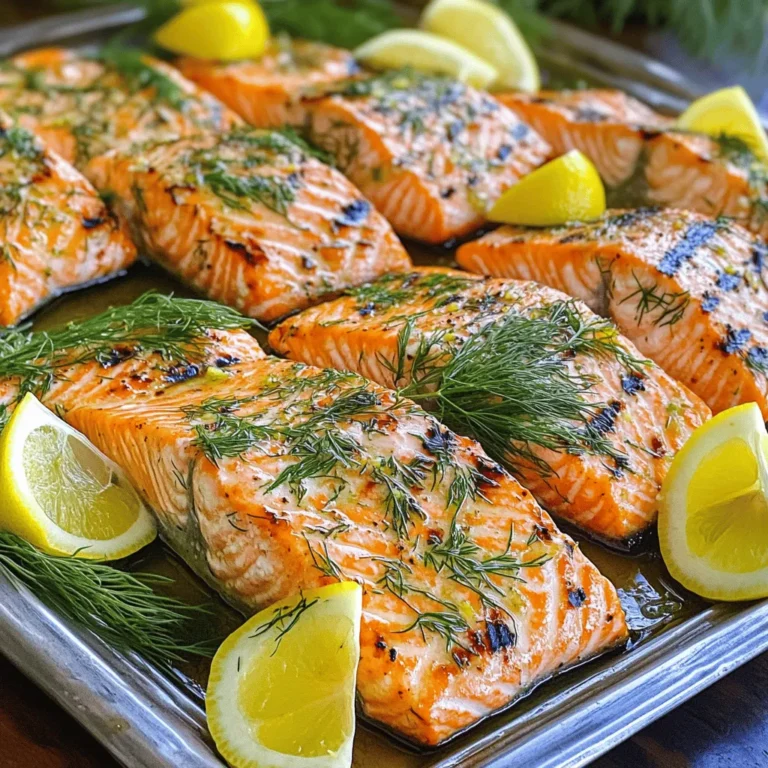 - 4 salmon fillets (6 ounces each) - 2 tablespoons olive oil - Zest and juice of 2 lemons I love starting with fresh salmon fillets. They should be bright and firm. The olive oil adds richness, while the lemon zest and juice bring a bright, tangy flavor. This mix makes the salmon taste fresh and zesty. - 3 tablespoons fresh dill, chopped - 4 cloves garlic, minced - 1 teaspoon Dijon mustard Fresh dill is my favorite herb for this dish. It adds a nice, grassy note that pairs well with salmon. Garlic gives a savory depth, and Dijon mustard adds a kick that rounds out the flavors. Together, they create a perfect blend. - Salt and freshly ground black pepper, to taste - Lemon wedges, for garnish Don’t forget salt and pepper! They elevate the taste. Serving with lemon wedges adds a burst of flavor. These little touches make the dish special. For the full recipe, check out the detailed instructions that follow. To start, you'll need a small bowl. In it, whisk together these ingredients: - 2 tablespoons olive oil - Zest of 2 lemons - Juice of 2 lemons - 3 tablespoons fresh dill, chopped - 4 cloves garlic, minced - 1 teaspoon Dijon mustard Mix until everything blends well. This marinade adds a bright flavor to the salmon. Next, take your salmon fillets. Coat them well with the marinade. Place the salmon in a shallow dish. Pour the marinade over the fish, ensuring it covers the fillets completely. Cover the dish and refrigerate for at least 30 minutes. For even more flavor, let it sit for up to 2 hours. Now, it’s time to grill! Preheat your grill to medium-high heat. Make sure to oil the grill grates to prevent sticking. Once ready, remove the salmon from the marinade. Let any extra marinade drip off. Place the salmon fillets skin-side down on the grill. Cook for about 6-8 minutes. Then flip and cook for another 4-6 minutes. The salmon should be flaky and cooked through. For added flair, sprinkle extra fresh dill on top before serving. Serve the grilled salmon with lemon wedges on the side. This brings a nice pop of flavor. You can find the Full Recipe for more details. When I choose salmon, I always look for bright, moist fillets. The fish should have a mild scent. If the smell is strong or fishy, skip it. Fresh salmon should feel firm to the touch. The color should be vibrant, with no brown spots or discoloration. For grilling, I ensure my grill is well-oiled to prevent sticking. Preheat the grill to medium-high heat. To check for doneness, I gently poke the salmon with a fork. It should flake easily when done. The internal temperature should reach 145°F for safety. Before serving, I like to add extra fresh dill on top. This gives the dish a fresh burst of flavor. You can also squeeze a little more lemon juice for added zing. These small touches make a big difference in taste. If you want more tips, check out the Full Recipe for additional ideas. {{image_2}} If you want to switch up the fish, try alternatives like trout or tilapia. These options have mild flavors, just like salmon. They grill well and absorb marinades nicely. Other white fish also work well for this recipe. Just remember to adjust cooking times based on the thickness of the fish. You can change the herbs for new tastes. Try using parsley or basil instead of dill. These herbs offer fresh and bright flavors. Mix and match to find what you like best. You can also add a pinch of red pepper flakes for a hint of heat. Pair your Lemon Dill Grilled Salmon with tasty sides. Grilled vegetables add color and nutrition. You might also enjoy a quinoa salad for a filling option. These sides complement the fish and create a well-rounded meal. For more ideas, check out the Full Recipe. To keep leftover salmon fresh, store it in an airtight container. This helps prevent drying out and keeps it flavorful. Place it in the fridge within two hours of cooking. Enjoy it within three days for the best taste. If you have extra grilled salmon, freezing is a great option. Wrap each piece tightly in plastic wrap. Then, place them in a freezer bag or airtight container. This helps prevent freezer burn and keeps the flavor. You can freeze it for up to three months. When it's time to reheat the salmon, avoid drying it out. The best method is to use the oven. Preheat it to 275°F (135°C). Place the salmon on a baking sheet and cover it with foil. Heat it for about 15 minutes or until warmed through. You can also use a microwave. Place the salmon on a plate and cover it with a damp paper towel. Heat it in short bursts of 30 seconds. This keeps the fish moist and tasty. I recommend marinating salmon for at least 30 minutes. This gives the fish time to soak in the flavors. You can let it sit for up to 2 hours for a bolder taste. Just don’t go past that; it can change the fish's texture. Yes, you can use dried dill. However, fresh dill provides a brighter flavor. Dried herbs are less potent, so use about one-third of the amount. This means about 1 tablespoon of dried dill for the recipe. The taste will still be good, but fresh is best. You can serve Lemon Dill Grilled Salmon with many sides. Here are some tasty options: - Grilled asparagus - Quinoa salad - Steamed broccoli - Roasted potatoes - Mixed green salad These sides add color and balance to your meal. To check if your salmon is cooked, look for flakiness. Use a fork to see if it flakes easily. The internal temperature should reach 145°F (63°C). If you don’t have a thermometer, just give it a poke with a fork. If it looks opaque and flakes, it's done! We covered how to make Lemon Dill Grilled Salmon, from picking the best ingredients to grilling techniques. Remember to marinate for flavor and check for doneness while grilling. Fresh salmon and bright herbs make a big difference. Don't shy away from trying other fish or adding your favorite herbs. Storing leftovers properly ensures nothing goes to waste. Enjoying your meal with the right sides enhances the experience. With these tips, you can create a great dish every time. Happy cooking!