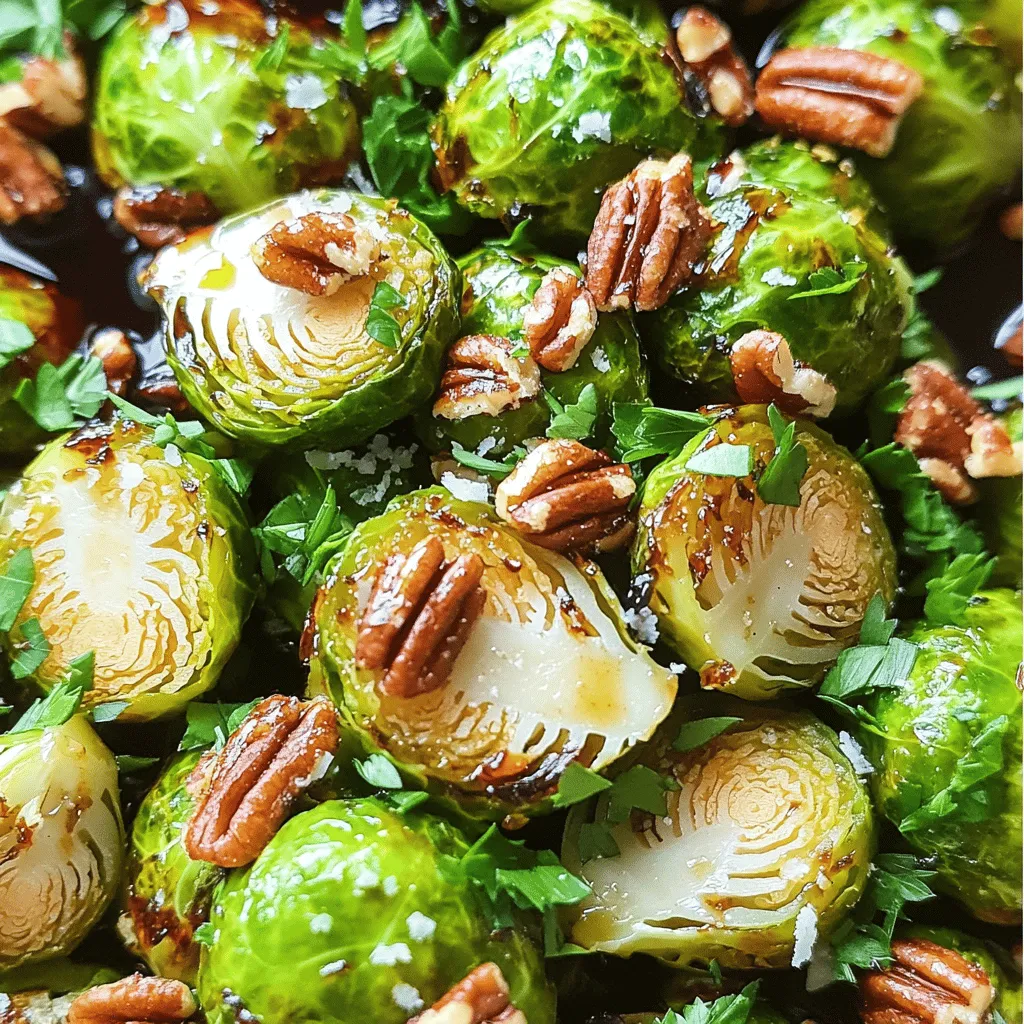 - 1 pound Brussels sprouts, trimmed and halved - 3 tablespoons balsamic vinegar - 2 tablespoons honey - 2 tablespoons olive oil - 3 cloves garlic, minced - Salt and pepper to taste - ¼ cup chopped nuts (pecans or walnuts) - 2 tablespoons grated Parmesan cheese (optional) - Fresh parsley, chopped for garnish Brussels sprouts shine in this dish. They have a rich flavor when roasted. The balsamic vinegar adds a sweet and tangy taste that makes them pop. Honey adds a lovely sweetness, while garlic gives a nice kick. The nuts add crunch, and the cheese adds creaminess if you choose. Fresh parsley brightens the dish and makes it look nice. You can find these ingredients easily at any store. - Calories per serving: About 150 - Macronutrients breakdown: - Carbohydrates: 15g - Fat: 10g - Protein: 4g Brussels sprouts are a superfood. They are low in calories but high in nutrients. They contain vitamins C and K, which are great for your body. They also have fiber, which is good for digestion. Eating Brussels sprouts can help you feel full and satisfied. This dish is not only tasty but also healthy. It is a great way to enjoy vegetables while keeping your meals exciting. You can find the full recipe in this article. 1. Preheat your oven to 400°F (200°C). This heat will make the Brussels sprouts crisp. 2. Grab a large mixing bowl. Add the halved Brussels sprouts, olive oil, minced garlic, balsamic vinegar, honey, salt, and pepper. Toss well to coat each sprout evenly. 1. Spread the Brussels sprouts onto a baking sheet. Make sure they are cut side down. This helps them caramelize well. 2. Roast the Brussels sprouts in the preheated oven for 20-25 minutes. Stir halfway through for even cooking. They should be tender and golden. 3. While the Brussels sprouts roast, take a small skillet. Add the chopped nuts and toast them over medium heat. Stir for about 3-5 minutes until they smell great. 4. Once the Brussels sprouts are done, take them out of the oven. Drizzle any leftover balsamic glaze from the bowl over the sprouts. 5. Mix in the toasted nuts. If you like, sprinkle on some grated Parmesan cheese for extra flavor. 6. Garnish with fresh parsley before serving. This adds a nice pop of color! Check the [Full Recipe] for all the details. To get a great glaze on your Brussels sprouts, find a balance between sweetness and acidity. The balsamic vinegar adds tartness, while honey gives sweetness. Start with 3 tablespoons of balsamic vinegar and 2 tablespoons of honey. Taste as you mix. Adjust to what you like. This will help you find the right balance for your dish. For balsamic vinegar, I recommend brands like Colavita or Pompeian. They are easy to find and have great flavor. Using quality vinegar makes a big difference in your glaze. You can add more depth to your Brussels sprouts by trying different herbs and spices. I love using rosemary or thyme. They pair well with the vinegar and honey. If you want a bit of heat, add crushed red pepper flakes. Feel free to customize the recipe to match your tastes. Want a nutty flavor? Try adding sesame oil instead of olive oil. You can also swap the nuts for seeds or skip them entirely for a lighter dish. One big mistake is overcooking the Brussels sprouts. They should be tender but still crisp. Keep an eye on them while roasting. Aim for that golden brown color, which means they are caramelized but not mushy. Another mistake is not using enough oil or seasoning. Make sure to coat the Brussels sprouts well. This helps them roast evenly and enhances their flavor. If they are dry, they won’t taste as good. Follow the [Full Recipe] for best results! {{image_2}} You can spice up your Brussels sprouts with crushed red pepper. Just add a pinch to the mix before roasting. This gives them a nice kick. If you want a vegan option, replace honey with maple syrup. The taste will still be sweet and rich. Try using an air fryer for a quick and crispy finish. Set it to 375°F and cook for about 15 minutes. Shake the basket halfway through for even cooking. You can also sauté the sprouts on the stovetop. Heat some oil in a pan, add the sprouts, and cook for about 10 minutes. Stir often until they are golden and tender. Feel free to add other veggies like carrots or bell peppers. Chop them into similar sizes for even cooking. Dried fruits like cranberries or golden raisins can add sweetness. You can also sprinkle in some seeds, like pumpkin or sunflower, for extra crunch. Check out the Full Recipe for more details and tips! Leftovers of Balsamic Glazed Brussels Sprouts can last in the fridge for about 3 to 4 days. Store them in airtight containers to keep them fresh. Glass or plastic containers with tight lids work best. They help prevent moisture loss and keep the flavor strong. You can freeze Brussels sprouts both before and after cooking. If you freeze them raw, blanch them first. This helps keep their color and texture. To freeze cooked Brussels sprouts, let them cool completely. Then, place them in a freezer bag. Make sure to remove as much air as possible. When you're ready to eat, thaw them in the fridge overnight. To keep the texture and flavor, reheating in the oven is best. Preheat it to 350°F (175°C) and bake for about 10 to 15 minutes. This method helps them stay crispy. If you choose to use a microwave, heat them in short bursts. Check every 30 seconds to avoid sogginess. Enjoy your delicious Brussels sprouts! Yes, you can prepare Brussels sprouts ahead of time. Cook them fully and store in the fridge. They stay fresh for about three days. When you’re ready, reheat them in the oven. This will help keep their crispy texture. You can also toss them in balsamic glaze again for flavor. If you don’t have honey, try maple syrup or agave nectar. Both add sweetness and work well in this recipe. You can also use brown sugar mixed with a bit of water. This gives a similar flavor profile and keeps the glaze rich. No, adding cheese is not a must. Grated Parmesan adds a nice touch, but it’s optional. If you want a dairy-free option, skip the cheese or use nutritional yeast. This will still provide a savory note without the dairy. Brussels sprouts are done when they are golden brown and tender. Use a fork to check their texture. They should be easy to pierce but not mushy. Roasting time is usually around 20-25 minutes at 400°F (200°C). This article covered how to make delicious Balsamic Glazed Brussels Sprouts. You learned about the key ingredients and their health benefits. We also went through easy steps to prepare and cook them. Remember to avoid common mistakes and try variations to fit your taste. Tips like storing leftovers properly will help you enjoy this dish longer. Cooking can be fun and tasty, so don’t hesitate to experiment. Happy cooking!